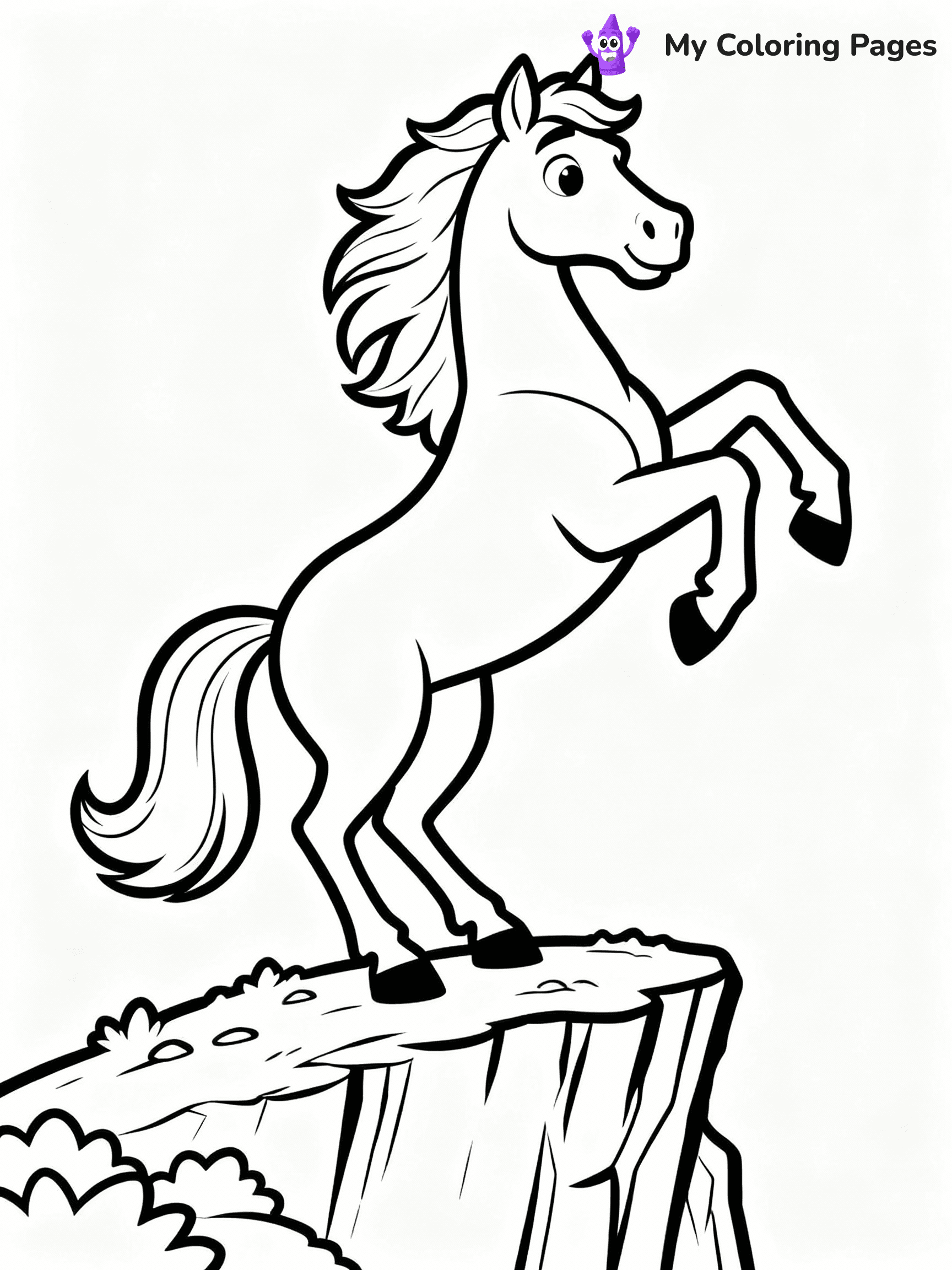 ⚠️ CRITICAL REQUIREMENT - ABSOLUTE BLACK AND WHITE ONLY ⚠️
This MUST be a BLACK AND WHITE line drawing ONLY. NO COLORS whatsoever.
- ONLY pure black lines (#000000) on pure white background (#FFFFFF)
- ABSOLUTELY NO colors, NO shading, NO gradients, NO grayscale
- If there are ANY colors in the output, the image is REJECTED
- This is a COLORING PAGE - meant to be COLORED IN by children
- The output must be UNCOLORED line art ready for coloring
⚠️ SUBJECT TO DRAW: Majestic stallion from horse-themed coloring pages rearing up on a cliff, mane flowing. Important: PURE OUTLINES. NO FILLS, COLOR, SHADING, OR GREYSCALE. WHITE BACKGROUND.
(REMEMBER: Output must be BLACK AND WHITE line art only, NOT colored!)
# Flat, Friendly Cartoon Line-Art Coloring Page
You are generating a **pure black-and-white binary image** of a child-friendly cartoon scene combining characters and background scenery in one cohesive composition.
## Rendering Rules (Strict)
- Only two colors: pure black (#000000) outlines and pure white (#FFFFFF) background.
- No grayscale, shading, gradients, tints, fills, transparency, or partial pixels.
- No antialiasing or blended edges; every pixel is 100% black or white.
- No solid black fills inside shapes — all areas inside outlines must remain white.
- No dark clothing areas or filled tone blocks; all garments outlined only.
- No shadows, textures, lighting, or tonal variations.
- Must look like flat binary vector line-art for coloring pages.
## Drawing & Composition
- **Medium, consistent line weight**; clean closed outlines easy to color inside.
- **Flat, simple, child-friendly design** — no realism or 3D depth.
- Characters are **grounded on a surface**, centered and large.
- **Balanced composition** with clear silhouettes and minimal props.
## Scenery & Style
- Landmarks (e.g., mosque, CN Tower) and scenery (trees, benches, waves) drawn with **black outlines only.**
- For real-world figures, teams, or places, show accurate details using only black outlines—no text or logos. Use distinctive uniform patterns, abstract symbols, and landmark silhouettes to convey identity.
- Keep **consistent perspective**; no floating elements.
- **Style:** whimsical **Doodle Art Alley** — rounded, friendly outlines.
- May adapt shapes from **Crayola, Disney, Peppa Pig, Cocomelon** — *by shape only, never color.*
- Final output: **flat, crisp, binary (#000000/#FFFFFF)**, **no filled color or background text.**
EXTREMELYE IMPORTANT:
- PURE BINARY LINE-ART; NO FILLS (HAIR/CLOTHES/SKIN), SHADING, OR GREY.
- NO SHADING, COLOR. MUST BE WHITE BACKGROUND.
⚠️ FINAL REMINDER: Draw the subject "Majestic stallion from horse-themed coloring pages rearing up on a cliff, mane flowing. Important: PURE OUTLINES. NO FILLS, COLOR, SHADING, OR GREYSCALE. WHITE BACKGROUND." as BLACK AND WHITE line art. Zero colors in output.
