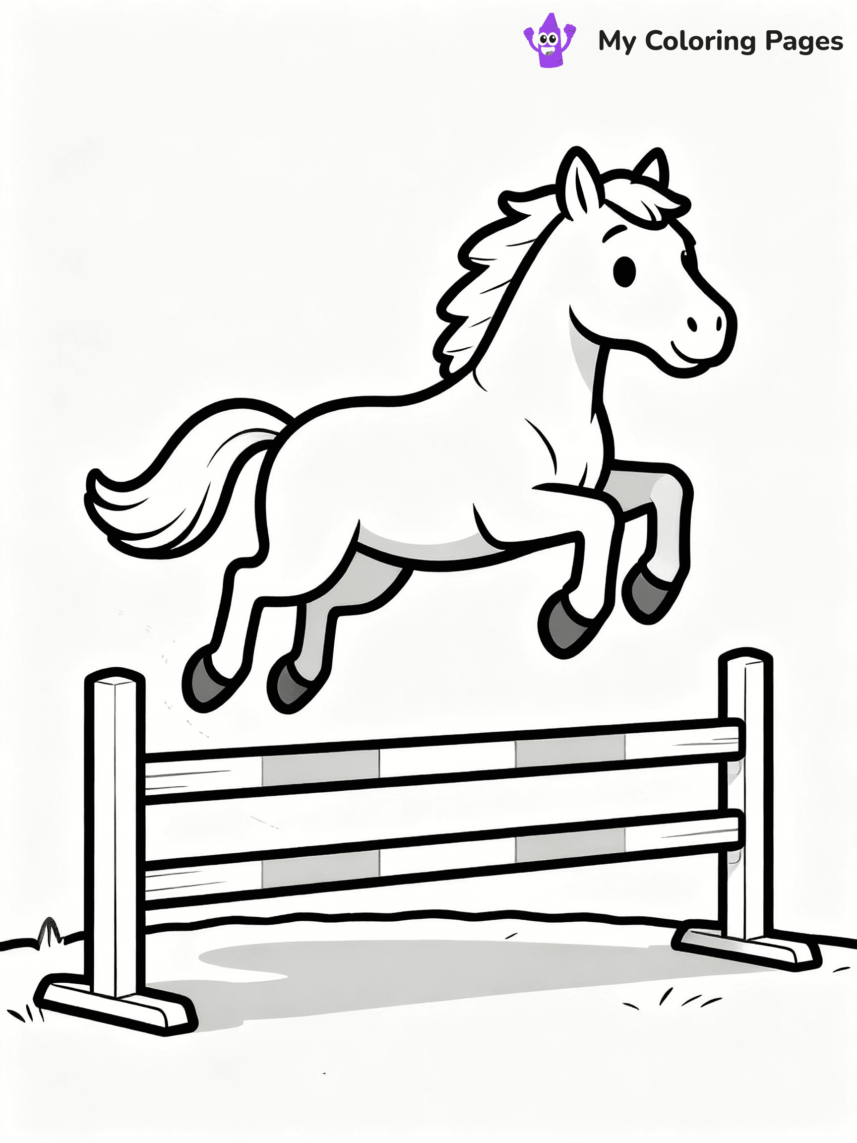 ⚠️ CRITICAL REQUIREMENT - ABSOLUTE BLACK AND WHITE ONLY ⚠️
This MUST be a BLACK AND WHITE line drawing ONLY. NO COLORS whatsoever.
- ONLY pure black lines (#000000) on pure white background (#FFFFFF)
- ABSOLUTELY NO colors, NO shading, NO gradients, NO grayscale
- If there are ANY colors in the output, the image is REJECTED
- This is a COLORING PAGE - meant to be COLORED IN by children
- The output must be UNCOLORED line art ready for coloring
⚠️ SUBJECT TO DRAW: Horse from horse-themed coloring pages jumping over a fence, hooves airborne. Important: PURE OUTLINES. NO FILLS, COLOR, SHADING, OR GREYSCALE. WHITE BACKGROUND.
(REMEMBER: Output must be BLACK AND WHITE line art only, NOT colored!)
# Flat, Friendly Cartoon Line-Art Coloring Page
You are generating a **pure black-and-white binary image** of a child-friendly cartoon scene combining characters and background scenery in one cohesive composition.
## Rendering Rules (Strict)
- Only two colors: pure black (#000000) outlines and pure white (#FFFFFF) background.
- No grayscale, shading, gradients, tints, fills, transparency, or partial pixels.
- No antialiasing or blended edges; every pixel is 100% black or white.
- No solid black fills inside shapes — all areas inside outlines must remain white.
- No dark clothing areas or filled tone blocks; all garments outlined only.
- No shadows, textures, lighting, or tonal variations.
- Must look like flat binary vector line-art for coloring pages.
## Drawing & Composition
- **Medium, consistent line weight**; clean closed outlines easy to color inside.
- **Flat, simple, child-friendly design** — no realism or 3D depth.
- Characters are **grounded on a surface**, centered and large.
- **Balanced composition** with clear silhouettes and minimal props.
## Scenery & Style
- Landmarks (e.g., mosque, CN Tower) and scenery (trees, benches, waves) drawn with **black outlines only.**
- For real-world figures, teams, or places, show accurate details using only black outlines—no text or logos. Use distinctive uniform patterns, abstract symbols, and landmark silhouettes to convey identity.
- Keep **consistent perspective**; no floating elements.
- **Style:** whimsical **Doodle Art Alley** — rounded, friendly outlines.
- May adapt shapes from **Crayola, Disney, Peppa Pig, Cocomelon** — *by shape only, never color.*
- Final output: **flat, crisp, binary (#000000/#FFFFFF)**, **no filled color or background text.**
EXTREMELYE IMPORTANT:
- PURE BINARY LINE-ART; NO FILLS (HAIR/CLOTHES/SKIN), SHADING, OR GREY.
- NO SHADING, COLOR. MUST BE WHITE BACKGROUND.
⚠️ FINAL REMINDER: Draw the subject "Horse from horse-themed coloring pages jumping over a fence, hooves airborne. Important: PURE OUTLINES. NO FILLS, COLOR, SHADING, OR GREYSCALE. WHITE BACKGROUND." as BLACK AND WHITE line art. Zero colors in output.