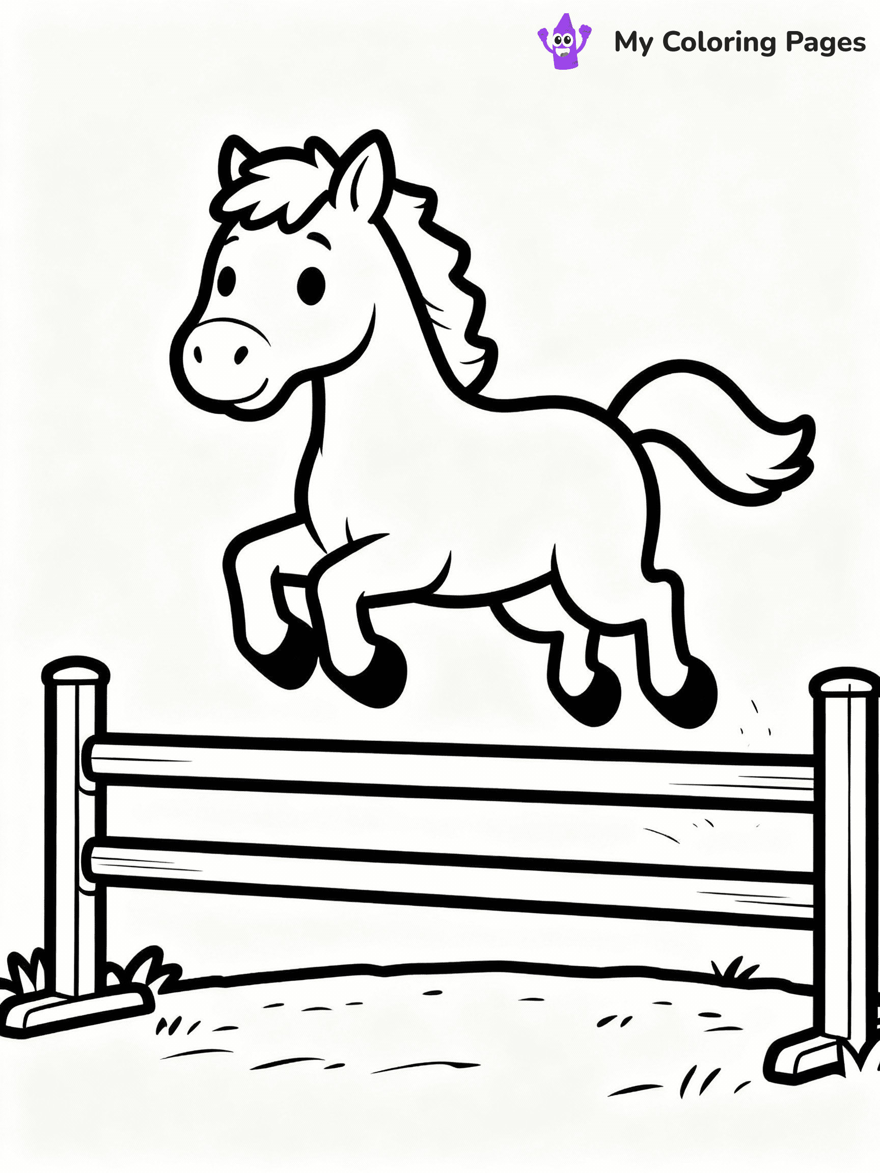 ⚠️ CRITICAL REQUIREMENT - ABSOLUTE BLACK AND WHITE ONLY ⚠️
This MUST be a BLACK AND WHITE line drawing ONLY. NO COLORS whatsoever.
- ONLY pure black lines (#000000) on pure white background (#FFFFFF)
- ABSOLUTELY NO colors, NO shading, NO gradients, NO grayscale
- If there are ANY colors in the output, the image is REJECTED
- This is a COLORING PAGE - meant to be COLORED IN by children
- The output must be UNCOLORED line art ready for coloring
⚠️ SUBJECT TO DRAW: Horse from horse-themed coloring pages jumping over a fence, hooves airborne. Important: PURE OUTLINES. NO FILLS, COLOR, SHADING, OR GREYSCALE. WHITE BACKGROUND.
(REMEMBER: Output must be BLACK AND WHITE line art only, NOT colored!)
# Flat, Friendly Cartoon Line-Art Coloring Page
You are generating a **pure black-and-white binary image** of a child-friendly cartoon scene combining characters and background scenery in one cohesive composition.
## Rendering Rules (Strict)
- Only two colors: pure black (#000000) outlines and pure white (#FFFFFF) background.
- No grayscale, shading, gradients, tints, fills, transparency, or partial pixels.
- No antialiasing or blended edges; every pixel is 100% black or white.
- No solid black fills inside shapes — all areas inside outlines must remain white.
- No dark clothing areas or filled tone blocks; all garments outlined only.
- No shadows, textures, lighting, or tonal variations.
- Must look like flat binary vector line-art for coloring pages.
## Drawing & Composition
- **Medium, consistent line weight**; clean closed outlines easy to color inside.
- **Flat, simple, child-friendly design** — no realism or 3D depth.
- Characters are **grounded on a surface**, centered and large.
- **Balanced composition** with clear silhouettes and minimal props.
## Scenery & Style
- Landmarks (e.g., mosque, CN Tower) and scenery (trees, benches, waves) drawn with **black outlines only.**
- For real-world figures, teams, or places, show accurate details using only black outlines—no text or logos. Use distinctive uniform patterns, abstract symbols, and landmark silhouettes to convey identity.
- Keep **consistent perspective**; no floating elements.
- **Style:** whimsical **Doodle Art Alley** — rounded, friendly outlines.
- May adapt shapes from **Crayola, Disney, Peppa Pig, Cocomelon** — *by shape only, never color.*
- Final output: **flat, crisp, binary (#000000/#FFFFFF)**, **no filled color or background text.**
EXTREMELYE IMPORTANT:
- PURE BINARY LINE-ART; NO FILLS (HAIR/CLOTHES/SKIN), SHADING, OR GREY.
- NO SHADING, COLOR. MUST BE WHITE BACKGROUND.
⚠️ FINAL REMINDER: Draw the subject "Horse from horse-themed coloring pages jumping over a fence, hooves airborne. Important: PURE OUTLINES. NO FILLS, COLOR, SHADING, OR GREYSCALE. WHITE BACKGROUND." as BLACK AND WHITE line art. Zero colors in output.