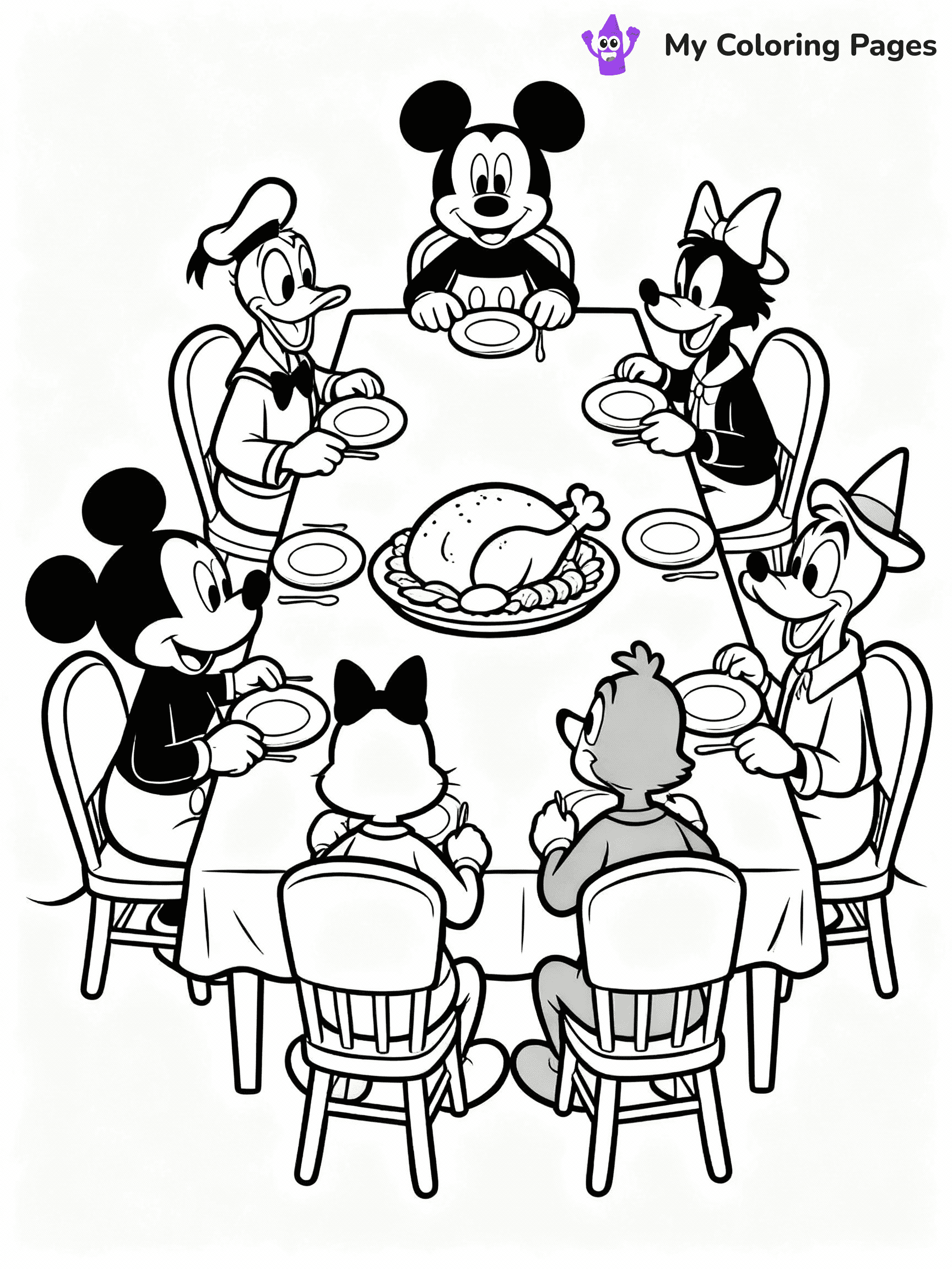 ⚠️ CRITICAL REQUIREMENT - ABSOLUTE BLACK AND WHITE ONLY ⚠️
This MUST be a BLACK AND WHITE line drawing ONLY. NO COLORS whatsoever.
- ONLY pure black lines (#000000) on pure white background (#FFFFFF)
- ABSOLUTELY NO colors, NO shading, NO gradients, NO grayscale
- If there are ANY colors in the output, the image is REJECTED
- This is a COLORING PAGE - meant to be COLORED IN by children
- The output must be UNCOLORED line art ready for coloring
⚠️ SUBJECT TO DRAW: Disney characters at Thanksgiving dinner
(REMEMBER: Output must be BLACK AND WHITE line art only, NOT colored!)
# Flat, Friendly Cartoon Line-Art Coloring Page (Seedream 4.0 Master Prompt)
You are generating a **pure black-and-white binary image** of a child-friendly cartoon scene combining characters and background scenery in one cohesive composition.
## Rendering Rules (Strict)
- Only two colors: pure black (#000000) outlines and pure white (#FFFFFF) background.
- No grayscale, shading, gradients, tints, fills, transparency, or partial pixels.
- No antialiasing or blended edges; every pixel is 100% black or white.
- No solid black fills inside shapes — all areas inside outlines must remain white.
- No dark clothing areas or filled tone blocks; all garments outlined only.
- No shadows, textures, lighting, or tonal variations.
- Must look like flat binary vector line-art for coloring pages.
## Drawing & Composition
- **Medium, consistent line weight**; clean closed outlines easy to color inside.
- **Flat, simple, child-friendly design** — no realism or 3D depth.
- Characters are **grounded on a surface**, centered and large.
- **Balanced composition** with clear silhouettes and minimal props.
## Scenery & Style
- Landmarks (e.g., mosque, CN Tower) and scenery (trees, benches, waves) drawn with **black outlines only.**
- For real-world figures, teams, or places, show accurate details using only black outlines—no text or logos. Use distinctive uniform patterns, abstract symbols, and landmark silhouettes to convey identity.
- Keep **consistent perspective**; no floating elements.
- **Style:** whimsical **Doodle Art Alley** — rounded, friendly outlines.
- May adapt shapes from **Crayola, Disney, Peppa Pig, Cocomelon** — *by shape only, never color.*
- Final output: **flat, crisp, binary (#000000/#FFFFFF)**, **no filled color or background text.**
⚠️ FINAL REMINDER: Draw the subject "Disney characters at Thanksgiving dinner" as BLACK AND WHITE line art. Zero colors in output.