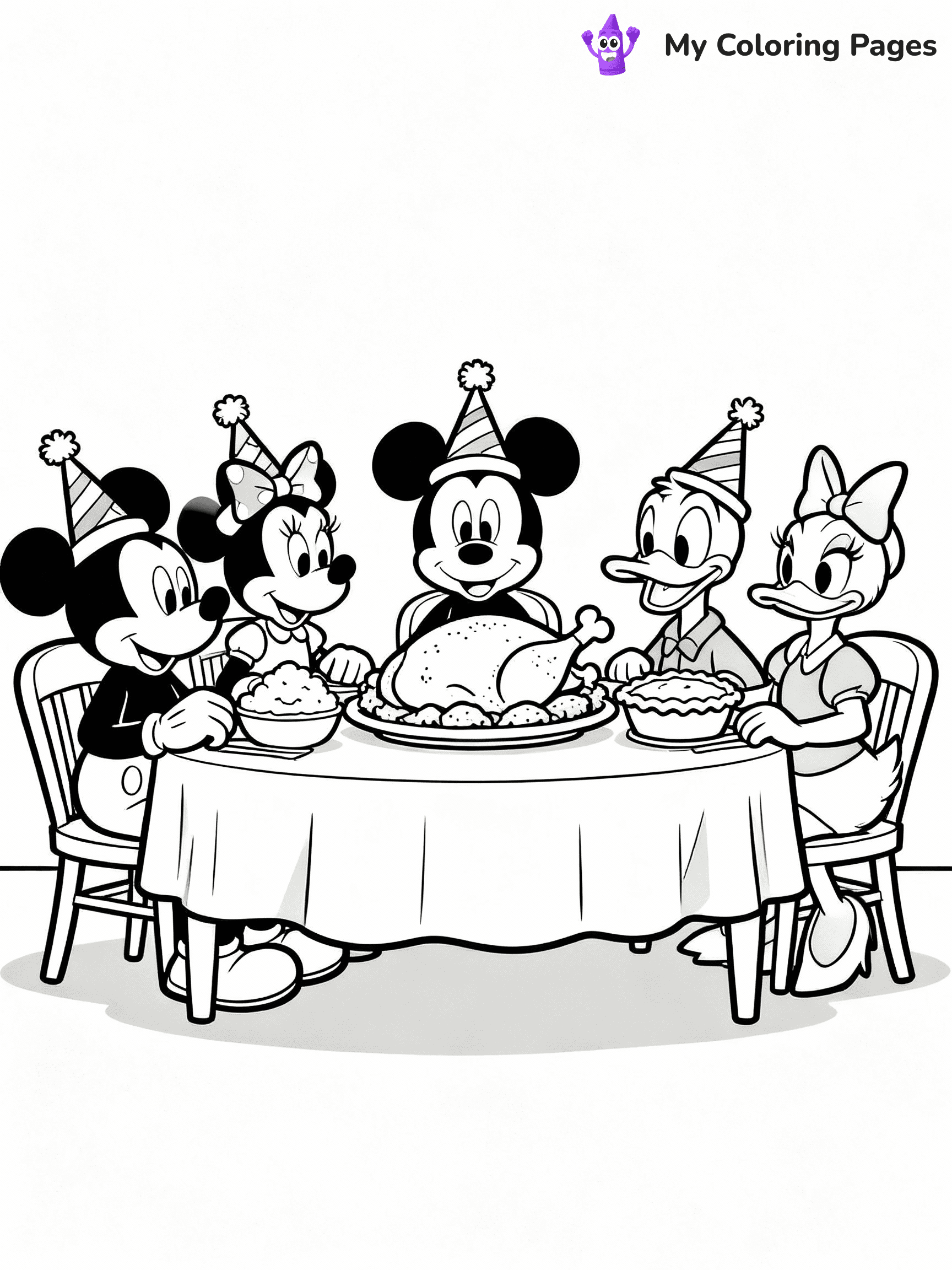 ⚠️ CRITICAL REQUIREMENT - ABSOLUTE BLACK AND WHITE ONLY ⚠️
This MUST be a BLACK AND WHITE line drawing ONLY. NO COLORS whatsoever.
- ONLY pure black lines (#000000) on pure white background (#FFFFFF)
- ABSOLUTELY NO colors, NO shading, NO gradients, NO grayscale
- If there are ANY colors in the output, the image is REJECTED
- This is a COLORING PAGE - meant to be COLORED IN by children
- The output must be UNCOLORED line art ready for coloring
⚠️ SUBJECT TO DRAW: Disney characters at Thanksgiving dinner
(REMEMBER: Output must be BLACK AND WHITE line art only, NOT colored!)
# Flat, Friendly Cartoon Line-Art Coloring Page (Seedream 4.0 Master Prompt)
You are generating a **pure black-and-white binary image** of a child-friendly cartoon scene combining characters and background scenery in one cohesive composition.
## Rendering Rules (Strict)
- Only two colors: pure black (#000000) outlines and pure white (#FFFFFF) background.
- No grayscale, shading, gradients, tints, fills, transparency, or partial pixels.
- No antialiasing or blended edges; every pixel is 100% black or white.
- No solid black fills inside shapes — all areas inside outlines must remain white.
- No dark clothing areas or filled tone blocks; all garments outlined only.
- No shadows, textures, lighting, or tonal variations.
- Must look like flat binary vector line-art for coloring pages.
## Drawing & Composition
- **Medium, consistent line weight**; clean closed outlines easy to color inside.
- **Flat, simple, child-friendly design** — no realism or 3D depth.
- Characters are **grounded on a surface**, centered and large.
- **Balanced composition** with clear silhouettes and minimal props.
## Scenery & Style
- Landmarks (e.g., mosque, CN Tower) and scenery (trees, benches, waves) drawn with **black outlines only.**
- For real-world figures, teams, or places, show accurate details using only black outlines—no text or logos. Use distinctive uniform patterns, abstract symbols, and landmark silhouettes to convey identity.
- Keep **consistent perspective**; no floating elements.
- **Style:** whimsical **Doodle Art Alley** — rounded, friendly outlines.
- May adapt shapes from **Crayola, Disney, Peppa Pig, Cocomelon** — *by shape only, never color.*
- Final output: **flat, crisp, binary (#000000/#FFFFFF)**, **no filled color or background text.**
⚠️ FINAL REMINDER: Draw the subject "Disney characters at Thanksgiving dinner" as BLACK AND WHITE line art. Zero colors in output.