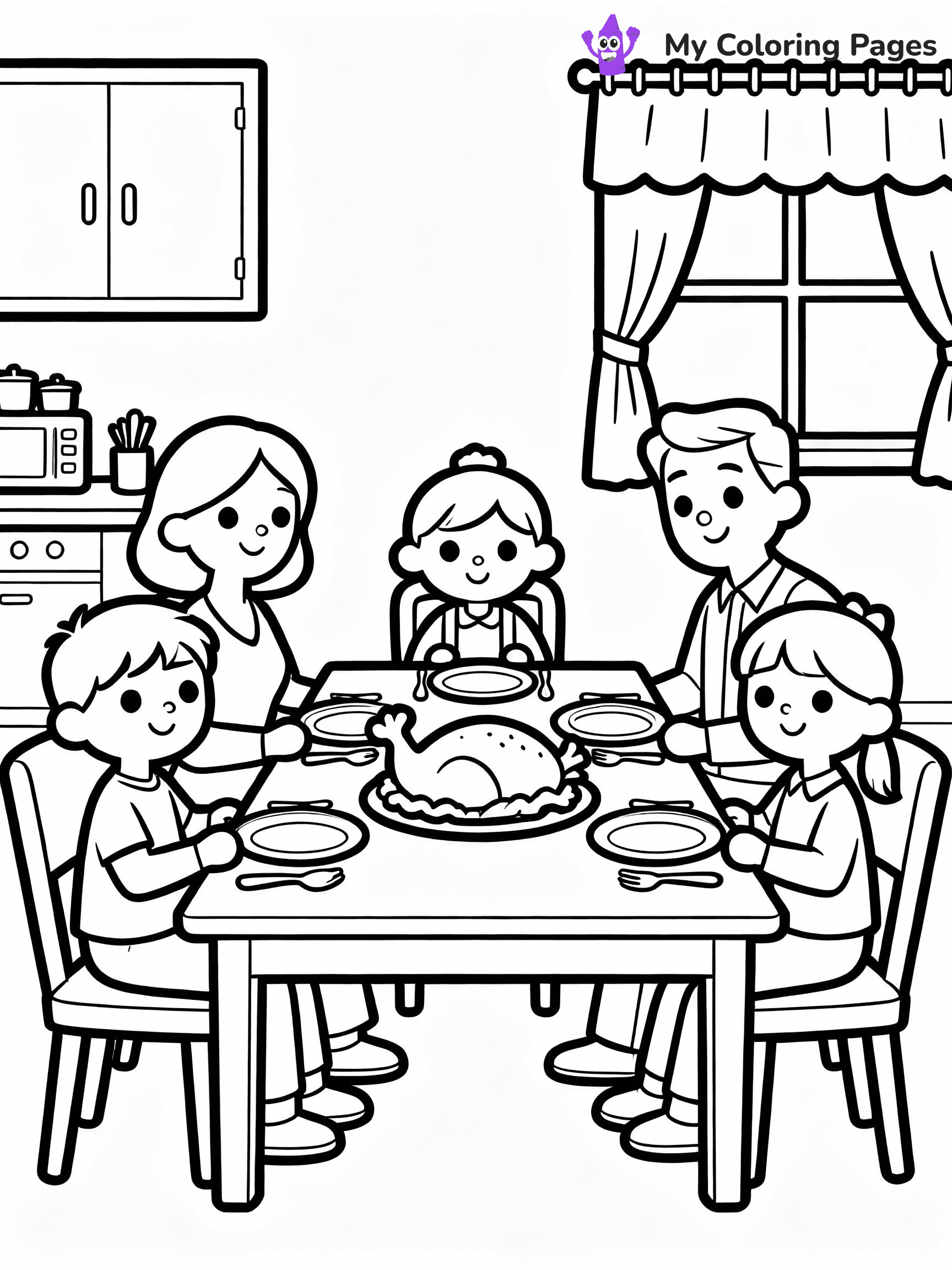 ⚠️ CRITICAL REQUIREMENT - ABSOLUTE BLACK AND WHITE ONLY ⚠️
This MUST be a BLACK AND WHITE line drawing ONLY. NO COLORS whatsoever.
- ONLY pure black lines (#000000) on pure white background (#FFFFFF)
- ABSOLUTELY NO colors, NO shading, NO gradients, NO grayscale
- If there are ANY colors in the output, the image is REJECTED
- This is a COLORING PAGE - meant to be COLORED IN by children
- The output must be UNCOLORED line art ready for coloring
⚠️ SUBJECT TO DRAW: Family gathered around Thanksgiving table
(REMEMBER: Output must be BLACK AND WHITE line art only, NOT colored!)
# Flat, Friendly Cartoon Line-Art Coloring Page (Seedream 4.0 Master Prompt)
You are generating a **pure black-and-white binary image** of a child-friendly cartoon scene combining characters and background scenery in one cohesive composition.
## Rendering Rules (Strict)
- Only two colors: pure black (#000000) outlines and pure white (#FFFFFF) background.
- No grayscale, shading, gradients, tints, fills, transparency, or partial pixels.
- No antialiasing or blended edges; every pixel is 100% black or white.
- No solid black fills inside shapes — all areas inside outlines must remain white.
- No dark clothing areas or filled tone blocks; all garments outlined only.
- No shadows, textures, lighting, or tonal variations.
- Must look like flat binary vector line-art for coloring pages.
## Drawing & Composition
- **Medium, consistent line weight**; clean closed outlines easy to color inside.
- **Flat, simple, child-friendly design** — no realism or 3D depth.
- Characters are **grounded on a surface**, centered and large.
- **Balanced composition** with clear silhouettes and minimal props.
## Scenery & Style
- Landmarks (e.g., mosque, CN Tower) and scenery (trees, benches, waves) drawn with **black outlines only.**
- For real-world figures, teams, or places, show accurate details using only black outlines—no text or logos. Use distinctive uniform patterns, abstract symbols, and landmark silhouettes to convey identity.
- Keep **consistent perspective**; no floating elements.
- **Style:** whimsical **Doodle Art Alley** — rounded, friendly outlines.
- May adapt shapes from **Crayola, Disney, Peppa Pig, Cocomelon** — *by shape only, never color.*
- Final output: **flat, crisp, binary (#000000/#FFFFFF)**, **no filled color or background text.**
⚠️ FINAL REMINDER: Draw the subject "Family gathered around Thanksgiving table" as BLACK AND WHITE line art. Zero colors in output.