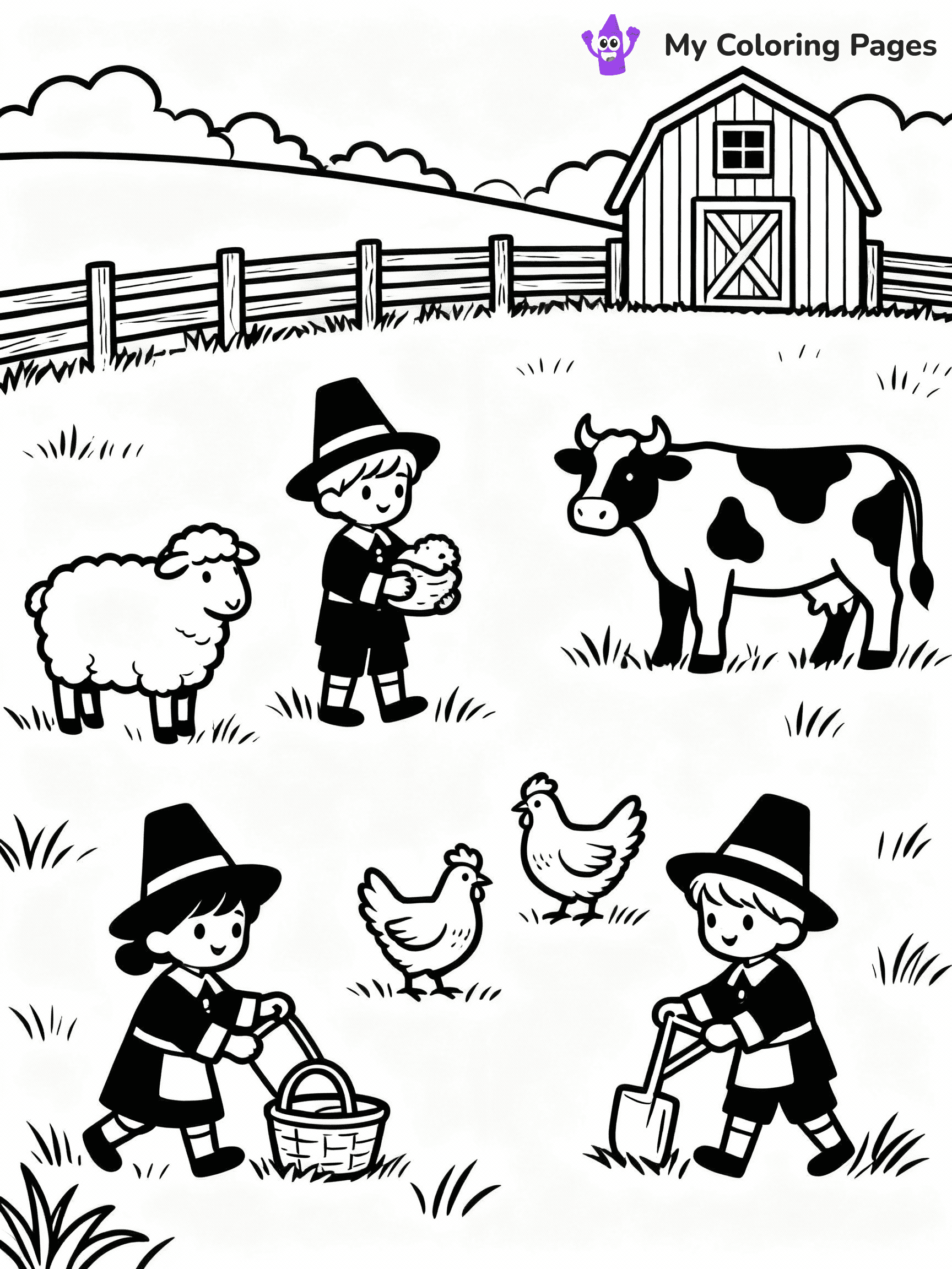 ⚠️ CRITICAL REQUIREMENT - ABSOLUTE BLACK AND WHITE ONLY ⚠️
This MUST be a BLACK AND WHITE line drawing ONLY. NO COLORS whatsoever.
- ONLY pure black lines (#000000) on pure white background (#FFFFFF)
- ABSOLUTELY NO colors, NO shading, NO gradients, NO grayscale
- If there are ANY colors in the output, the image is REJECTED
- This is a COLORING PAGE - meant to be COLORED IN by children
- The output must be UNCOLORED line art ready for coloring
⚠️ SUBJECT TO DRAW: Pilgrim children playing with farm animals
(REMEMBER: Output must be BLACK AND WHITE line art only, NOT colored!)
# Flat, Friendly Cartoon Line-Art Coloring Page (Seedream 4.0 Master Prompt)
You are generating a **pure black-and-white binary image** of a child-friendly cartoon scene combining characters and background scenery in one cohesive composition.
## Rendering Rules (Strict)
- Only two colors: pure black (#000000) outlines and pure white (#FFFFFF) background.
- No grayscale, shading, gradients, tints, fills, transparency, or partial pixels.
- No antialiasing or blended edges; every pixel is 100% black or white.
- No solid black fills inside shapes — all areas inside outlines must remain white.
- No dark clothing areas or filled tone blocks; all garments outlined only.
- No shadows, textures, lighting, or tonal variations.
- Must look like flat binary vector line-art for coloring pages.
## Drawing & Composition
- **Medium, consistent line weight**; clean closed outlines easy to color inside.
- **Flat, simple, child-friendly design** — no realism or 3D depth.
- Characters are **grounded on a surface**, centered and large.
- **Balanced composition** with clear silhouettes and minimal props.
## Scenery & Style
- Landmarks (e.g., mosque, CN Tower) and scenery (trees, benches, waves) drawn with **black outlines only.**
- For real-world figures, teams, or places, show accurate details using only black outlines—no text or logos. Use distinctive uniform patterns, abstract symbols, and landmark silhouettes to convey identity.
- Keep **consistent perspective**; no floating elements.
- **Style:** whimsical **Doodle Art Alley** — rounded, friendly outlines.
- May adapt shapes from **Crayola, Disney, Peppa Pig, Cocomelon** — *by shape only, never color.*
- Final output: **flat, crisp, binary (#000000/#FFFFFF)**, **no filled color or background text.**
⚠️ FINAL REMINDER: Draw the subject "Pilgrim children playing with farm animals" as BLACK AND WHITE line art. Zero colors in output.