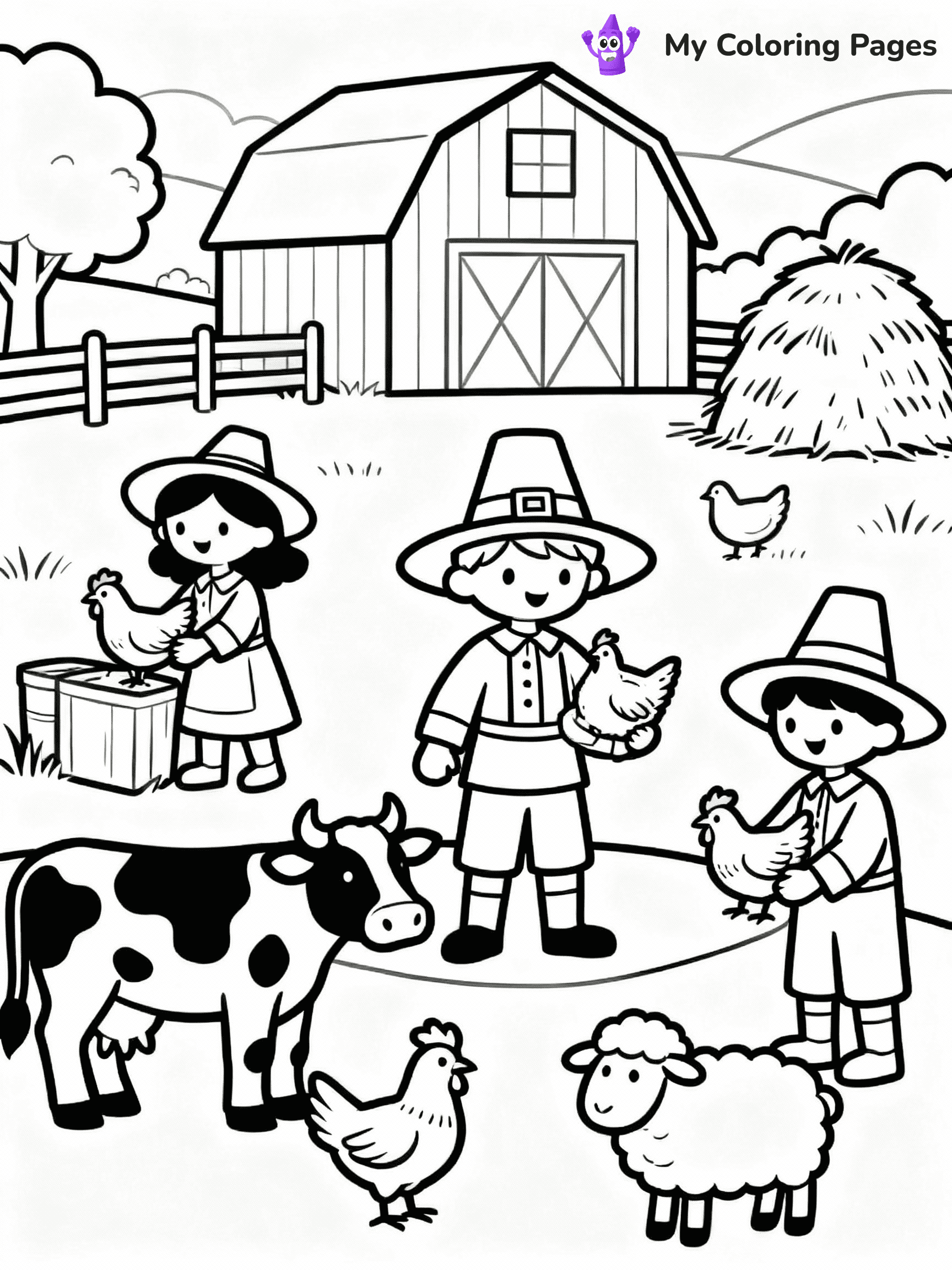 ⚠️ CRITICAL REQUIREMENT - ABSOLUTE BLACK AND WHITE ONLY ⚠️
This MUST be a BLACK AND WHITE line drawing ONLY. NO COLORS whatsoever.
- ONLY pure black lines (#000000) on pure white background (#FFFFFF)
- ABSOLUTELY NO colors, NO shading, NO gradients, NO grayscale
- If there are ANY colors in the output, the image is REJECTED
- This is a COLORING PAGE - meant to be COLORED IN by children
- The output must be UNCOLORED line art ready for coloring
⚠️ SUBJECT TO DRAW: Pilgrim children playing with farm animals
(REMEMBER: Output must be BLACK AND WHITE line art only, NOT colored!)
# Flat, Friendly Cartoon Line-Art Coloring Page (Seedream 4.0 Master Prompt)
You are generating a **pure black-and-white binary image** of a child-friendly cartoon scene combining characters and background scenery in one cohesive composition.
## Rendering Rules (Strict)
- Only two colors: pure black (#000000) outlines and pure white (#FFFFFF) background.
- No grayscale, shading, gradients, tints, fills, transparency, or partial pixels.
- No antialiasing or blended edges; every pixel is 100% black or white.
- No solid black fills inside shapes — all areas inside outlines must remain white.
- No dark clothing areas or filled tone blocks; all garments outlined only.
- No shadows, textures, lighting, or tonal variations.
- Must look like flat binary vector line-art for coloring pages.
## Drawing & Composition
- **Medium, consistent line weight**; clean closed outlines easy to color inside.
- **Flat, simple, child-friendly design** — no realism or 3D depth.
- Characters are **grounded on a surface**, centered and large.
- **Balanced composition** with clear silhouettes and minimal props.
## Scenery & Style
- Landmarks (e.g., mosque, CN Tower) and scenery (trees, benches, waves) drawn with **black outlines only.**
- For real-world figures, teams, or places, show accurate details using only black outlines—no text or logos. Use distinctive uniform patterns, abstract symbols, and landmark silhouettes to convey identity.
- Keep **consistent perspective**; no floating elements.
- **Style:** whimsical **Doodle Art Alley** — rounded, friendly outlines.
- May adapt shapes from **Crayola, Disney, Peppa Pig, Cocomelon** — *by shape only, never color.*
- Final output: **flat, crisp, binary (#000000/#FFFFFF)**, **no filled color or background text.**
⚠️ FINAL REMINDER: Draw the subject "Pilgrim children playing with farm animals" as BLACK AND WHITE line art. Zero colors in output.