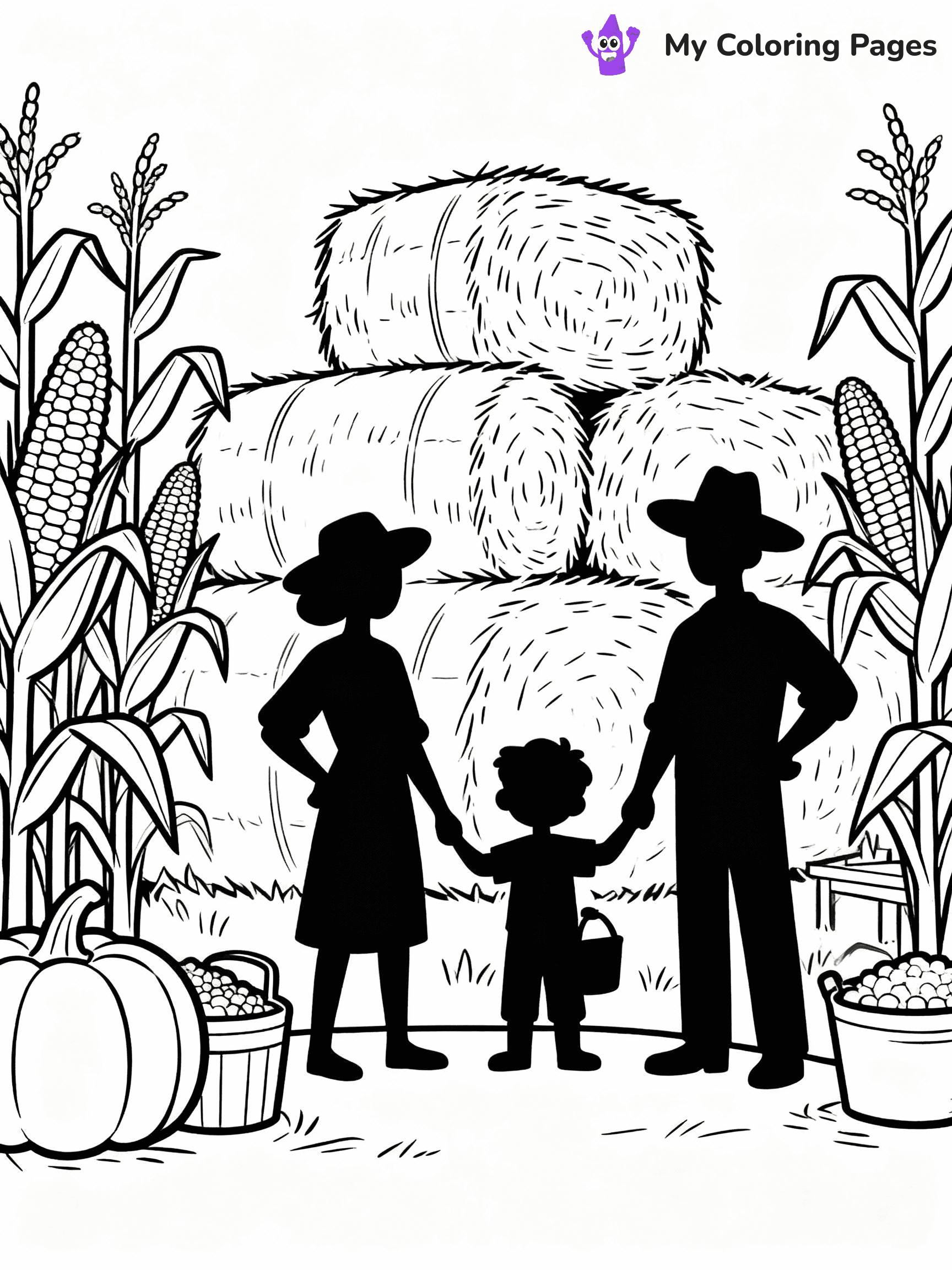 ⚠️ CRITICAL REQUIREMENT - ABSOLUTE BLACK AND WHITE ONLY ⚠️
This MUST be a BLACK AND WHITE line drawing ONLY. NO COLORS whatsoever.
- ONLY pure black lines (#000000) on pure white background (#FFFFFF)
- ABSOLUTELY NO colors, NO shading, NO gradients, NO grayscale
- If there are ANY colors in the output, the image is REJECTED
- This is a COLORING PAGE - meant to be COLORED IN by children
- The output must be UNCOLORED line art ready for coloring
⚠️ SUBJECT TO DRAW: Harvest festival with hay bales and corn stalks. Black and White only. Do not color in anything. No Grey.
(REMEMBER: Output must be BLACK AND WHITE line art only, NOT colored!)
# Flat, Friendly Cartoon Line-Art Coloring Page (Seedream 4.0 Master Prompt)
You are generating a **pure black-and-white binary image** of a child-friendly cartoon scene combining characters and background scenery in one cohesive composition.
## Rendering Rules (Strict)
- Only two colors: pure black (#000000) outlines and pure white (#FFFFFF) background.
- No grayscale, shading, gradients, tints, fills, transparency, or partial pixels.
- No antialiasing or blended edges; every pixel is 100% black or white.
- No solid black fills inside shapes — all areas inside outlines must remain white.
- No dark clothing areas or filled tone blocks; all garments outlined only.
- No shadows, textures, lighting, or tonal variations.
- Must look like flat binary vector line-art for coloring pages.
## Drawing & Composition
- **Medium, consistent line weight**; clean closed outlines easy to color inside.
- **Flat, simple, child-friendly design** — no realism or 3D depth.
- Characters are **grounded on a surface**, centered and large.
- **Balanced composition** with clear silhouettes and minimal props.
## Scenery & Style
- Landmarks (e.g., mosque, CN Tower) and scenery (trees, benches, waves) drawn with **black outlines only.**
- For real-world figures, teams, or places, show accurate details using only black outlines—no text or logos. Use distinctive uniform patterns, abstract symbols, and landmark silhouettes to convey identity.
- Keep **consistent perspective**; no floating elements.
- **Style:** whimsical **Doodle Art Alley** — rounded, friendly outlines.
- May adapt shapes from **Crayola, Disney, Peppa Pig, Cocomelon** — *by shape only, never color.*
- Final output: **flat, crisp, binary (#000000/#FFFFFF)**, **no filled color or background text.**
⚠️ FINAL REMINDER: Draw the subject "Harvest festival with hay bales and corn stalks. Black and White only. Do not color in anything. No Grey." as BLACK AND WHITE line art. Zero colors in output.