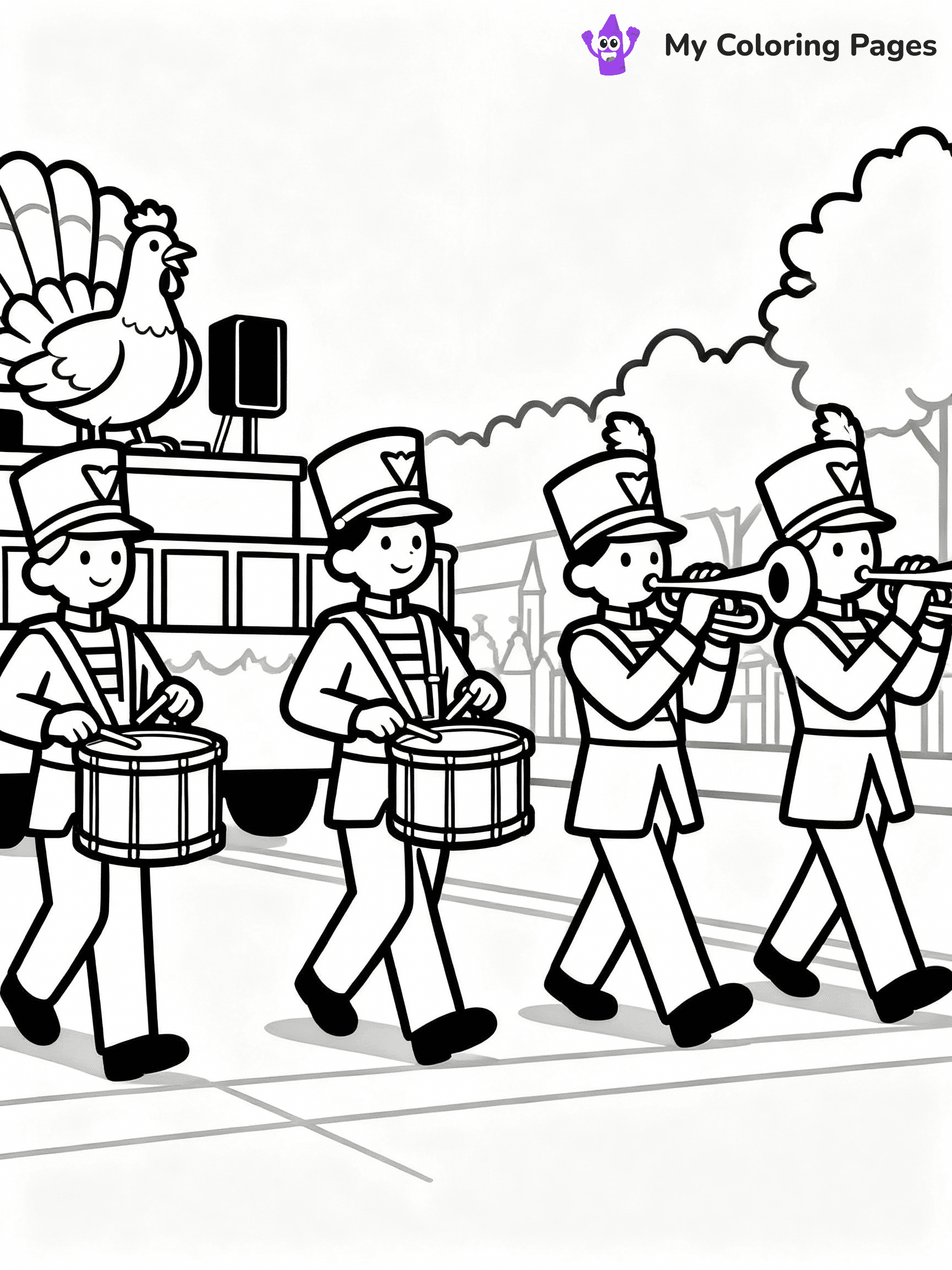 ⚠️ CRITICAL REQUIREMENT - ABSOLUTE BLACK AND WHITE ONLY ⚠️
This MUST be a BLACK AND WHITE line drawing ONLY. NO COLORS whatsoever.
- ONLY pure black lines (#000000) on pure white background (#FFFFFF)
- ABSOLUTELY NO colors, NO shading, NO gradients, NO grayscale
- If there are ANY colors in the output, the image is REJECTED
- This is a COLORING PAGE - meant to be COLORED IN by children
- The output must be UNCOLORED line art ready for coloring
⚠️ SUBJECT TO DRAW: Thanksgiving parade with marching band. Do not color in anything. No Grey.
(REMEMBER: Output must be BLACK AND WHITE line art only, NOT colored!)
# Flat, Friendly Cartoon Line-Art Coloring Page (Seedream 4.0 Master Prompt)
You are generating a **pure black-and-white binary image** of a child-friendly cartoon scene combining characters and background scenery in one cohesive composition.
## Rendering Rules (Strict)
- Only two colors: pure black (#000000) outlines and pure white (#FFFFFF) background.
- No grayscale, shading, gradients, tints, fills, transparency, or partial pixels.
- No antialiasing or blended edges; every pixel is 100% black or white.
- No solid black fills inside shapes — all areas inside outlines must remain white.
- No dark clothing areas or filled tone blocks; all garments outlined only.
- No shadows, textures, lighting, or tonal variations.
- Must look like flat binary vector line-art for coloring pages.
## Drawing & Composition
- **Medium, consistent line weight**; clean closed outlines easy to color inside.
- **Flat, simple, child-friendly design** — no realism or 3D depth.
- Characters are **grounded on a surface**, centered and large.
- **Balanced composition** with clear silhouettes and minimal props.
## Scenery & Style
- Landmarks (e.g., mosque, CN Tower) and scenery (trees, benches, waves) drawn with **black outlines only.**
- For real-world figures, teams, or places, show accurate details using only black outlines—no text or logos. Use distinctive uniform patterns, abstract symbols, and landmark silhouettes to convey identity.
- Keep **consistent perspective**; no floating elements.
- **Style:** whimsical **Doodle Art Alley** — rounded, friendly outlines.
- May adapt shapes from **Crayola, Disney, Peppa Pig, Cocomelon** — *by shape only, never color.*
- Final output: **flat, crisp, binary (#000000/#FFFFFF)**, **no filled color or background text.**
⚠️ FINAL REMINDER: Draw the subject "Thanksgiving parade with marching band. Do not color in anything. No Grey." as BLACK AND WHITE line art. Zero colors in output.