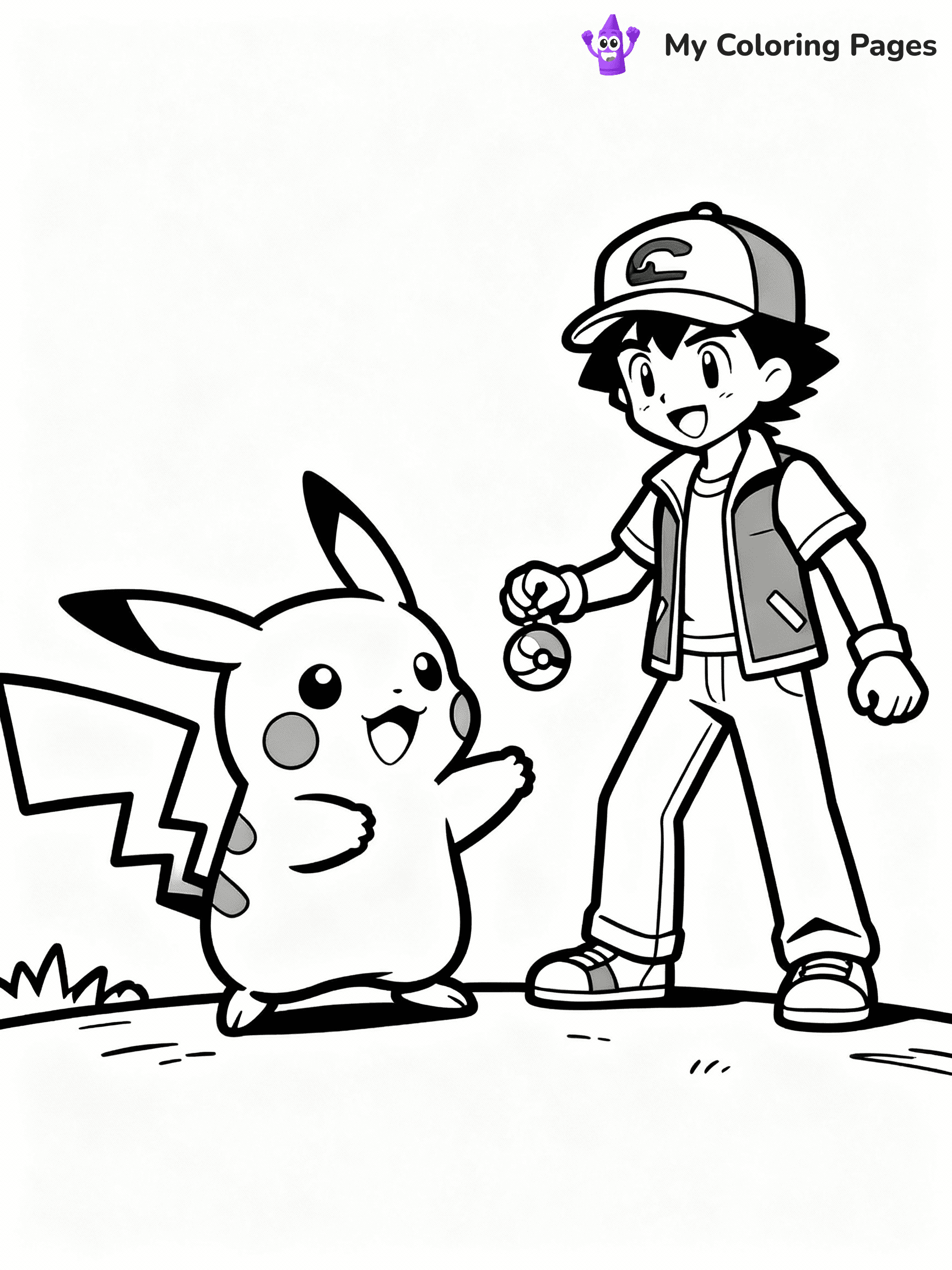 ⚠️ CRITICAL REQUIREMENT - ABSOLUTE BLACK AND WHITE ONLY ⚠️
This MUST be a BLACK AND WHITE line drawing ONLY. NO COLORS whatsoever.
- ONLY pure black lines (#000000) on pure white background (#FFFFFF)
- ABSOLUTELY NO colors, NO shading, NO gradients, NO grayscale
- If there are ANY colors in the output, the image is REJECTED
- This is a COLORING PAGE - meant to be COLORED IN by children
- The output must be UNCOLORED line art ready for coloring
⚠️ SUBJECT TO DRAW: Pikachu from Pokémon playing with Ash. PURE OUTLINES. NO FILLS, COLOR, SHADING, OR GREYSCALE. WHITE BACKGROUND.
(REMEMBER: Output must be BLACK AND WHITE line art only, NOT colored!)
# Flat, Friendly Cartoon Line-Art Coloring Page
You are generating a **pure black-and-white binary image** of a child-friendly cartoon scene combining characters and background scenery in one cohesive composition.
## Rendering Rules (Strict)
- Only two colors: pure black (#000000) outlines and pure white (#FFFFFF) background.
- No grayscale, shading, gradients, tints, fills, transparency, or partial pixels.
- No antialiasing or blended edges; every pixel is 100% black or white.
- No solid black fills inside shapes — all areas inside outlines must remain white.
- No dark clothing areas or filled tone blocks; all garments outlined only.
- No shadows, textures, lighting, or tonal variations.
- Must look like flat binary vector line-art for coloring pages.
## Drawing & Composition
- **Medium, consistent line weight**; clean closed outlines easy to color inside.
- **Flat, simple, child-friendly design** — no realism or 3D depth.
- Characters are **grounded on a surface**, centered and large.
- **Balanced composition** with clear silhouettes and minimal props.
## Scenery & Style
- Landmarks (e.g., mosque, CN Tower) and scenery (trees, benches, waves) drawn with **black outlines only.**
- For real-world figures, teams, or places, show accurate details using only black outlines—no text or logos. Use distinctive uniform patterns, abstract symbols, and landmark silhouettes to convey identity.
- Keep **consistent perspective**; no floating elements.
- **Style:** whimsical **Doodle Art Alley** — rounded, friendly outlines.
- May adapt shapes from **Crayola, Disney, Peppa Pig, Cocomelon** — *by shape only, never color.*
- Final output: **flat, crisp, binary (#000000/#FFFFFF)**, **no filled color or background text.**
EXTREMELYE IMPORTANT:
- PURE BINARY LINE-ART; NO FILLS (HAIR/CLOTHES/SKIN), SHADING, OR GREY.
- NO SHADING, COLOR. MUST BE WHITE BACKGROUND.
⚠️ FINAL REMINDER: Draw the subject "Pikachu from Pokémon playing with Ash. PURE OUTLINES. NO FILLS, COLOR, SHADING, OR GREYSCALE. WHITE BACKGROUND." as BLACK AND WHITE line art. Zero colors in output.