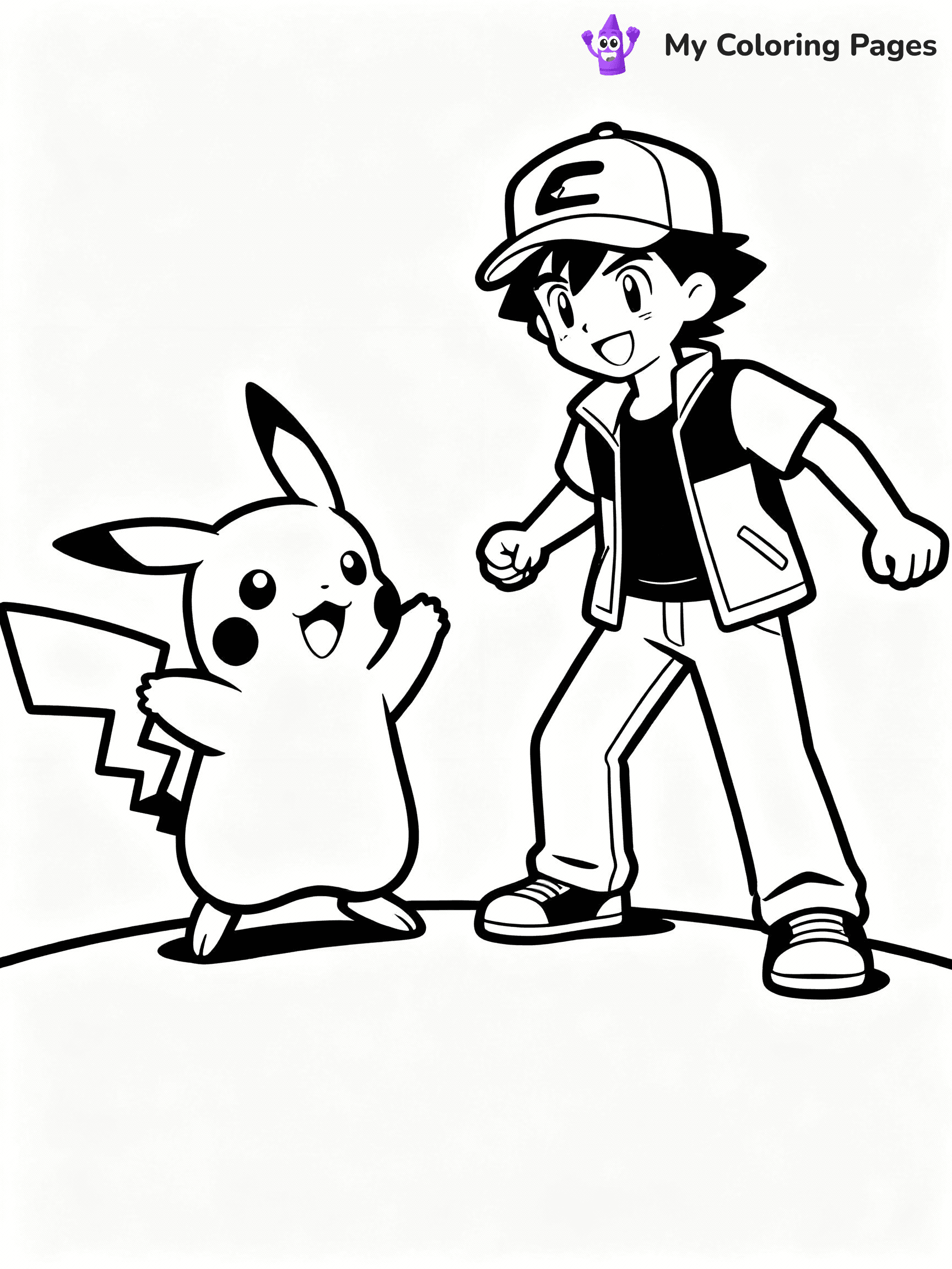 ⚠️ CRITICAL REQUIREMENT - ABSOLUTE BLACK AND WHITE ONLY ⚠️
This MUST be a BLACK AND WHITE line drawing ONLY. NO COLORS whatsoever.
- ONLY pure black lines (#000000) on pure white background (#FFFFFF)
- ABSOLUTELY NO colors, NO shading, NO gradients, NO grayscale
- If there are ANY colors in the output, the image is REJECTED
- This is a COLORING PAGE - meant to be COLORED IN by children
- The output must be UNCOLORED line art ready for coloring
⚠️ SUBJECT TO DRAW: Pikachu from Pokémon playing with Ash. PURE OUTLINES. NO FILLS, COLOR, SHADING, OR GREYSCALE. WHITE BACKGROUND.
(REMEMBER: Output must be BLACK AND WHITE line art only, NOT colored!)
# Flat, Friendly Cartoon Line-Art Coloring Page
You are generating a **pure black-and-white binary image** of a child-friendly cartoon scene combining characters and background scenery in one cohesive composition.
## Rendering Rules (Strict)
- Only two colors: pure black (#000000) outlines and pure white (#FFFFFF) background.
- No grayscale, shading, gradients, tints, fills, transparency, or partial pixels.
- No antialiasing or blended edges; every pixel is 100% black or white.
- No solid black fills inside shapes — all areas inside outlines must remain white.
- No dark clothing areas or filled tone blocks; all garments outlined only.
- No shadows, textures, lighting, or tonal variations.
- Must look like flat binary vector line-art for coloring pages.
## Drawing & Composition
- **Medium, consistent line weight**; clean closed outlines easy to color inside.
- **Flat, simple, child-friendly design** — no realism or 3D depth.
- Characters are **grounded on a surface**, centered and large.
- **Balanced composition** with clear silhouettes and minimal props.
## Scenery & Style
- Landmarks (e.g., mosque, CN Tower) and scenery (trees, benches, waves) drawn with **black outlines only.**
- For real-world figures, teams, or places, show accurate details using only black outlines—no text or logos. Use distinctive uniform patterns, abstract symbols, and landmark silhouettes to convey identity.
- Keep **consistent perspective**; no floating elements.
- **Style:** whimsical **Doodle Art Alley** — rounded, friendly outlines.
- May adapt shapes from **Crayola, Disney, Peppa Pig, Cocomelon** — *by shape only, never color.*
- Final output: **flat, crisp, binary (#000000/#FFFFFF)**, **no filled color or background text.**
EXTREMELYE IMPORTANT:
- PURE BINARY LINE-ART; NO FILLS (HAIR/CLOTHES/SKIN), SHADING, OR GREY.
- NO SHADING, COLOR. MUST BE WHITE BACKGROUND.
⚠️ FINAL REMINDER: Draw the subject "Pikachu from Pokémon playing with Ash. PURE OUTLINES. NO FILLS, COLOR, SHADING, OR GREYSCALE. WHITE BACKGROUND." as BLACK AND WHITE line art. Zero colors in output.