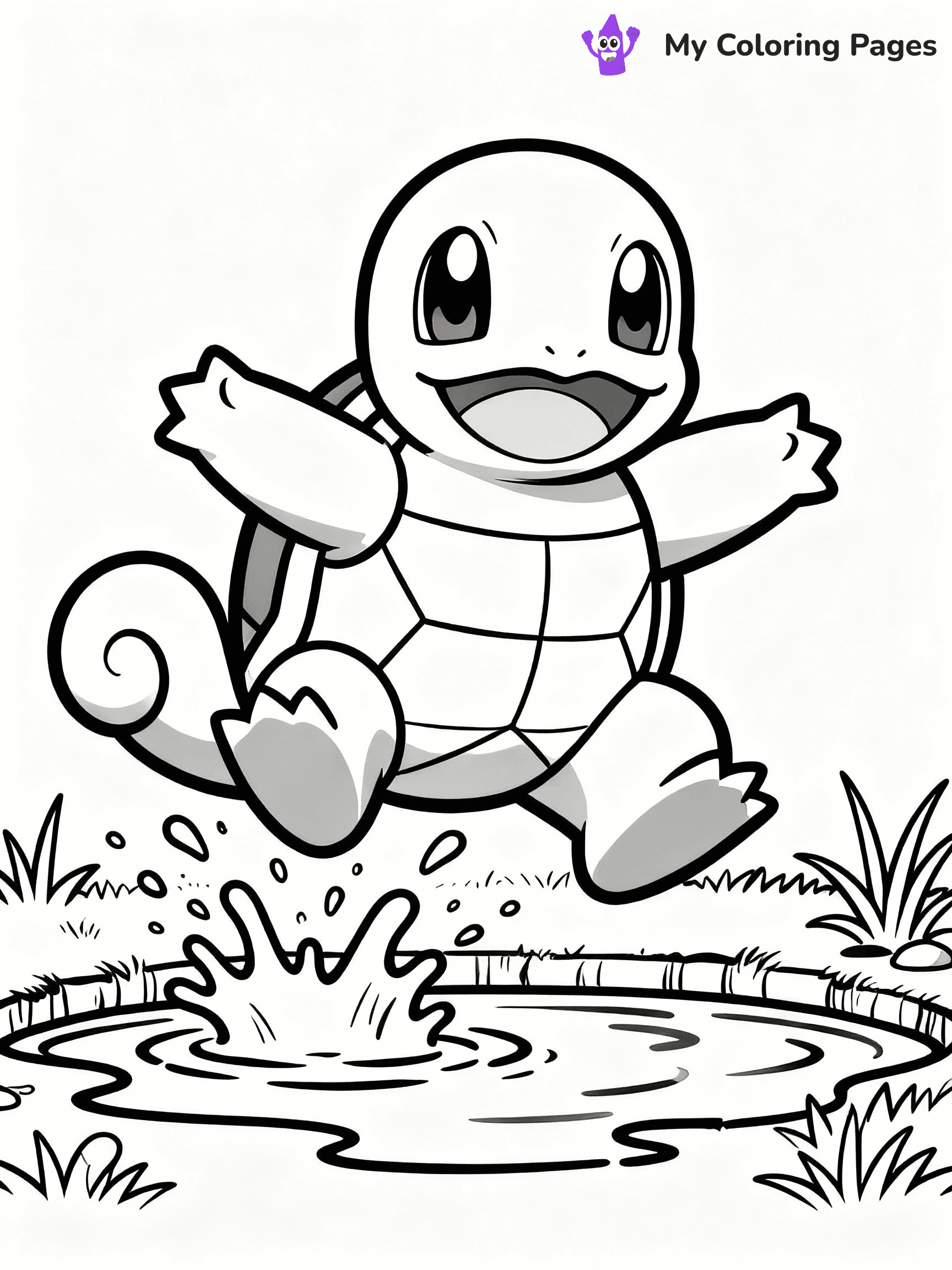 ⚠️ CRITICAL REQUIREMENT - ABSOLUTE BLACK AND WHITE ONLY ⚠️
This MUST be a BLACK AND WHITE line drawing ONLY. NO COLORS whatsoever.
- ONLY pure black lines (#000000) on pure white background (#FFFFFF)
- ABSOLUTELY NO colors, NO shading, NO gradients, NO grayscale
- If there are ANY colors in the output, the image is REJECTED
- This is a COLORING PAGE - meant to be COLORED IN by children
- The output must be UNCOLORED line art ready for coloring
⚠️ SUBJECT TO DRAW: Squirtle from Pokémon splashing near a pond. PURE OUTLINES. NO FILLS, COLOR, SHADING, OR GREYSCALE. WHITE BACKGROUND.
(REMEMBER: Output must be BLACK AND WHITE line art only, NOT colored!)
# Flat, Friendly Cartoon Line-Art Coloring Page
You are generating a **pure black-and-white binary image** of a child-friendly cartoon scene combining characters and background scenery in one cohesive composition.
## Rendering Rules (Strict)
- Only two colors: pure black (#000000) outlines and pure white (#FFFFFF) background.
- No grayscale, shading, gradients, tints, fills, transparency, or partial pixels.
- No antialiasing or blended edges; every pixel is 100% black or white.
- No solid black fills inside shapes — all areas inside outlines must remain white.
- No dark clothing areas or filled tone blocks; all garments outlined only.
- No shadows, textures, lighting, or tonal variations.
- Must look like flat binary vector line-art for coloring pages.
## Drawing & Composition
- **Medium, consistent line weight**; clean closed outlines easy to color inside.
- **Flat, simple, child-friendly design** — no realism or 3D depth.
- Characters are **grounded on a surface**, centered and large.
- **Balanced composition** with clear silhouettes and minimal props.
## Scenery & Style
- Landmarks (e.g., mosque, CN Tower) and scenery (trees, benches, waves) drawn with **black outlines only.**
- For real-world figures, teams, or places, show accurate details using only black outlines—no text or logos. Use distinctive uniform patterns, abstract symbols, and landmark silhouettes to convey identity.
- Keep **consistent perspective**; no floating elements.
- **Style:** whimsical **Doodle Art Alley** — rounded, friendly outlines.
- May adapt shapes from **Crayola, Disney, Peppa Pig, Cocomelon** — *by shape only, never color.*
- Final output: **flat, crisp, binary (#000000/#FFFFFF)**, **no filled color or background text.**
EXTREMELYE IMPORTANT:
- PURE BINARY LINE-ART; NO FILLS (HAIR/CLOTHES/SKIN), SHADING, OR GREY.
- NO SHADING, COLOR. MUST BE WHITE BACKGROUND.
⚠️ FINAL REMINDER: Draw the subject "Squirtle from Pokémon splashing near a pond. PURE OUTLINES. NO FILLS, COLOR, SHADING, OR GREYSCALE. WHITE BACKGROUND." as BLACK AND WHITE line art. Zero colors in output.