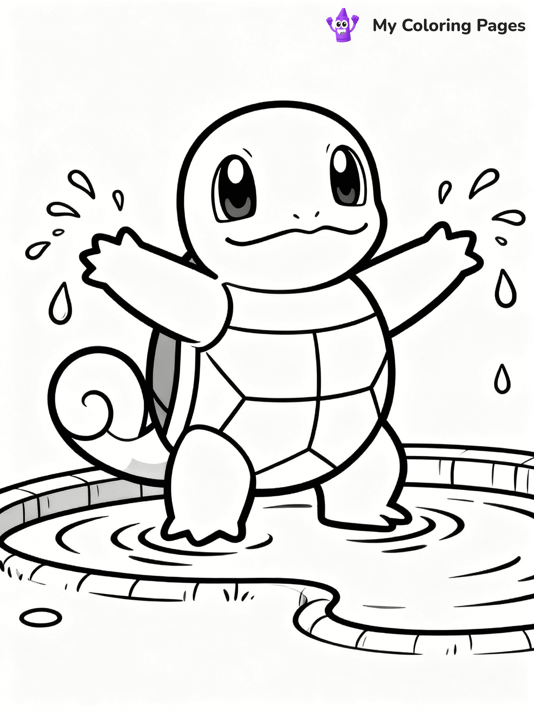 ⚠️ CRITICAL REQUIREMENT - ABSOLUTE BLACK AND WHITE ONLY ⚠️
This MUST be a BLACK AND WHITE line drawing ONLY. NO COLORS whatsoever.
- ONLY pure black lines (#000000) on pure white background (#FFFFFF)
- ABSOLUTELY NO colors, NO shading, NO gradients, NO grayscale
- If there are ANY colors in the output, the image is REJECTED
- This is a COLORING PAGE - meant to be COLORED IN by children
- The output must be UNCOLORED line art ready for coloring
⚠️ SUBJECT TO DRAW: Squirtle from Pokémon splashing near a pond. PURE OUTLINES. NO FILLS, COLOR, SHADING, OR GREYSCALE. WHITE BACKGROUND.
(REMEMBER: Output must be BLACK AND WHITE line art only, NOT colored!)
# Flat, Friendly Cartoon Line-Art Coloring Page
You are generating a **pure black-and-white binary image** of a child-friendly cartoon scene combining characters and background scenery in one cohesive composition.
## Rendering Rules (Strict)
- Only two colors: pure black (#000000) outlines and pure white (#FFFFFF) background.
- No grayscale, shading, gradients, tints, fills, transparency, or partial pixels.
- No antialiasing or blended edges; every pixel is 100% black or white.
- No solid black fills inside shapes — all areas inside outlines must remain white.
- No dark clothing areas or filled tone blocks; all garments outlined only.
- No shadows, textures, lighting, or tonal variations.
- Must look like flat binary vector line-art for coloring pages.
## Drawing & Composition
- **Medium, consistent line weight**; clean closed outlines easy to color inside.
- **Flat, simple, child-friendly design** — no realism or 3D depth.
- Characters are **grounded on a surface**, centered and large.
- **Balanced composition** with clear silhouettes and minimal props.
## Scenery & Style
- Landmarks (e.g., mosque, CN Tower) and scenery (trees, benches, waves) drawn with **black outlines only.**
- For real-world figures, teams, or places, show accurate details using only black outlines—no text or logos. Use distinctive uniform patterns, abstract symbols, and landmark silhouettes to convey identity.
- Keep **consistent perspective**; no floating elements.
- **Style:** whimsical **Doodle Art Alley** — rounded, friendly outlines.
- May adapt shapes from **Crayola, Disney, Peppa Pig, Cocomelon** — *by shape only, never color.*
- Final output: **flat, crisp, binary (#000000/#FFFFFF)**, **no filled color or background text.**
EXTREMELYE IMPORTANT:
- PURE BINARY LINE-ART; NO FILLS (HAIR/CLOTHES/SKIN), SHADING, OR GREY.
- NO SHADING, COLOR. MUST BE WHITE BACKGROUND.
⚠️ FINAL REMINDER: Draw the subject "Squirtle from Pokémon splashing near a pond. PURE OUTLINES. NO FILLS, COLOR, SHADING, OR GREYSCALE. WHITE BACKGROUND." as BLACK AND WHITE line art. Zero colors in output.