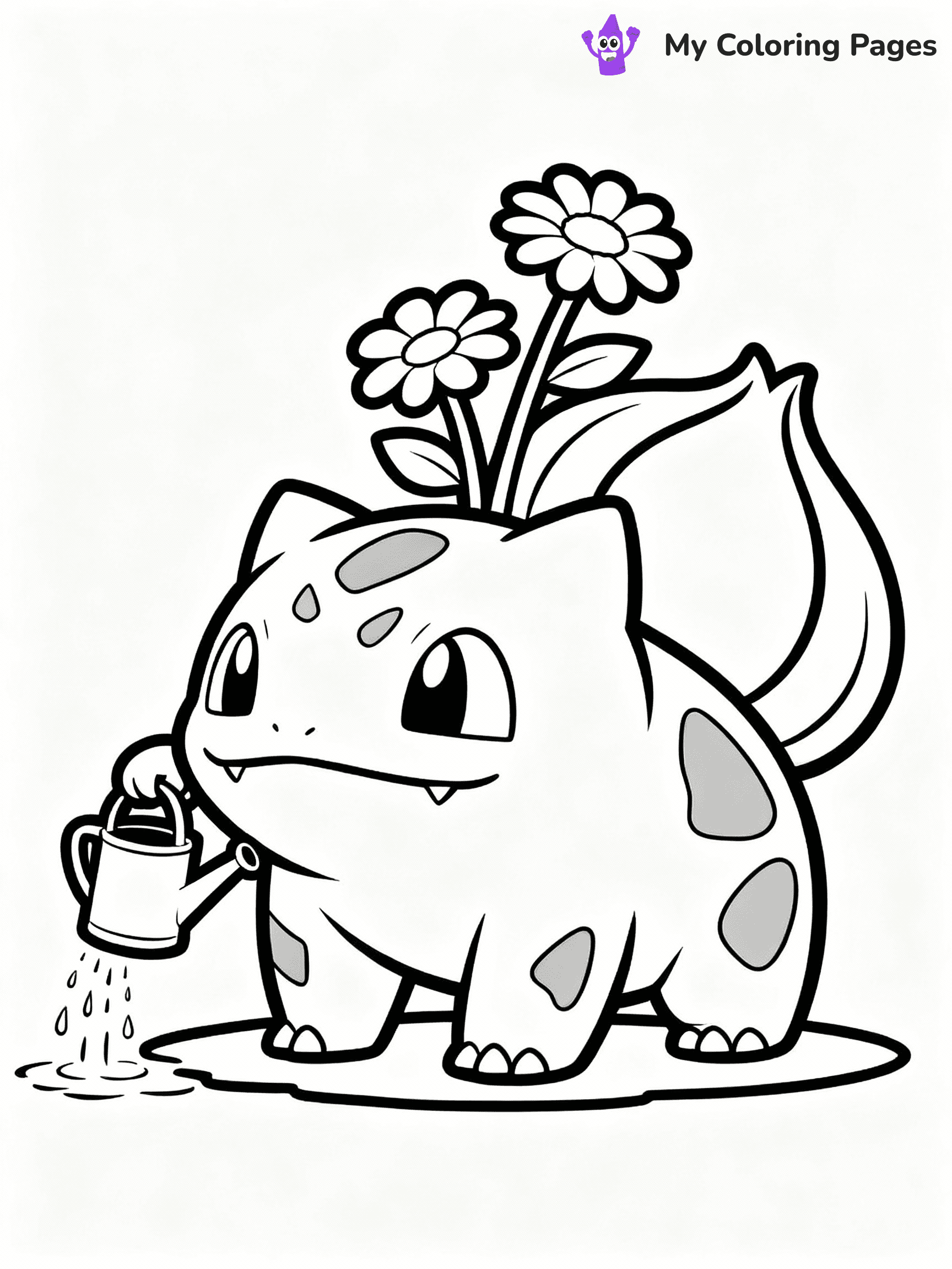 ⚠️ CRITICAL REQUIREMENT - ABSOLUTE BLACK AND WHITE ONLY ⚠️
This MUST be a BLACK AND WHITE line drawing ONLY. NO COLORS whatsoever.
- ONLY pure black lines (#000000) on pure white background (#FFFFFF)
- ABSOLUTELY NO colors, NO shading, NO gradients, NO grayscale
- If there are ANY colors in the output, the image is REJECTED
- This is a COLORING PAGE - meant to be COLORED IN by children
- The output must be UNCOLORED line art ready for coloring
⚠️ SUBJECT TO DRAW: Bulbasaur from Pokémon watering flowers. PURE OUTLINES. NO FILLS, COLOR, SHADING, OR GREYSCALE. WHITE BACKGROUND.
(REMEMBER: Output must be BLACK AND WHITE line art only, NOT colored!)
# Flat, Friendly Cartoon Line-Art Coloring Page
You are generating a **pure black-and-white binary image** of a child-friendly cartoon scene combining characters and background scenery in one cohesive composition.
## Rendering Rules (Strict)
- Only two colors: pure black (#000000) outlines and pure white (#FFFFFF) background.
- No grayscale, shading, gradients, tints, fills, transparency, or partial pixels.
- No antialiasing or blended edges; every pixel is 100% black or white.
- No solid black fills inside shapes — all areas inside outlines must remain white.
- No dark clothing areas or filled tone blocks; all garments outlined only.
- No shadows, textures, lighting, or tonal variations.
- Must look like flat binary vector line-art for coloring pages.
## Drawing & Composition
- **Medium, consistent line weight**; clean closed outlines easy to color inside.
- **Flat, simple, child-friendly design** — no realism or 3D depth.
- Characters are **grounded on a surface**, centered and large.
- **Balanced composition** with clear silhouettes and minimal props.
## Scenery & Style
- Landmarks (e.g., mosque, CN Tower) and scenery (trees, benches, waves) drawn with **black outlines only.**
- For real-world figures, teams, or places, show accurate details using only black outlines—no text or logos. Use distinctive uniform patterns, abstract symbols, and landmark silhouettes to convey identity.
- Keep **consistent perspective**; no floating elements.
- **Style:** whimsical **Doodle Art Alley** — rounded, friendly outlines.
- May adapt shapes from **Crayola, Disney, Peppa Pig, Cocomelon** — *by shape only, never color.*
- Final output: **flat, crisp, binary (#000000/#FFFFFF)**, **no filled color or background text.**
EXTREMELYE IMPORTANT:
- PURE BINARY LINE-ART; NO FILLS (HAIR/CLOTHES/SKIN), SHADING, OR GREY.
- NO SHADING, COLOR. MUST BE WHITE BACKGROUND.
⚠️ FINAL REMINDER: Draw the subject "Bulbasaur from Pokémon watering flowers. PURE OUTLINES. NO FILLS, COLOR, SHADING, OR GREYSCALE. WHITE BACKGROUND." as BLACK AND WHITE line art. Zero colors in output.