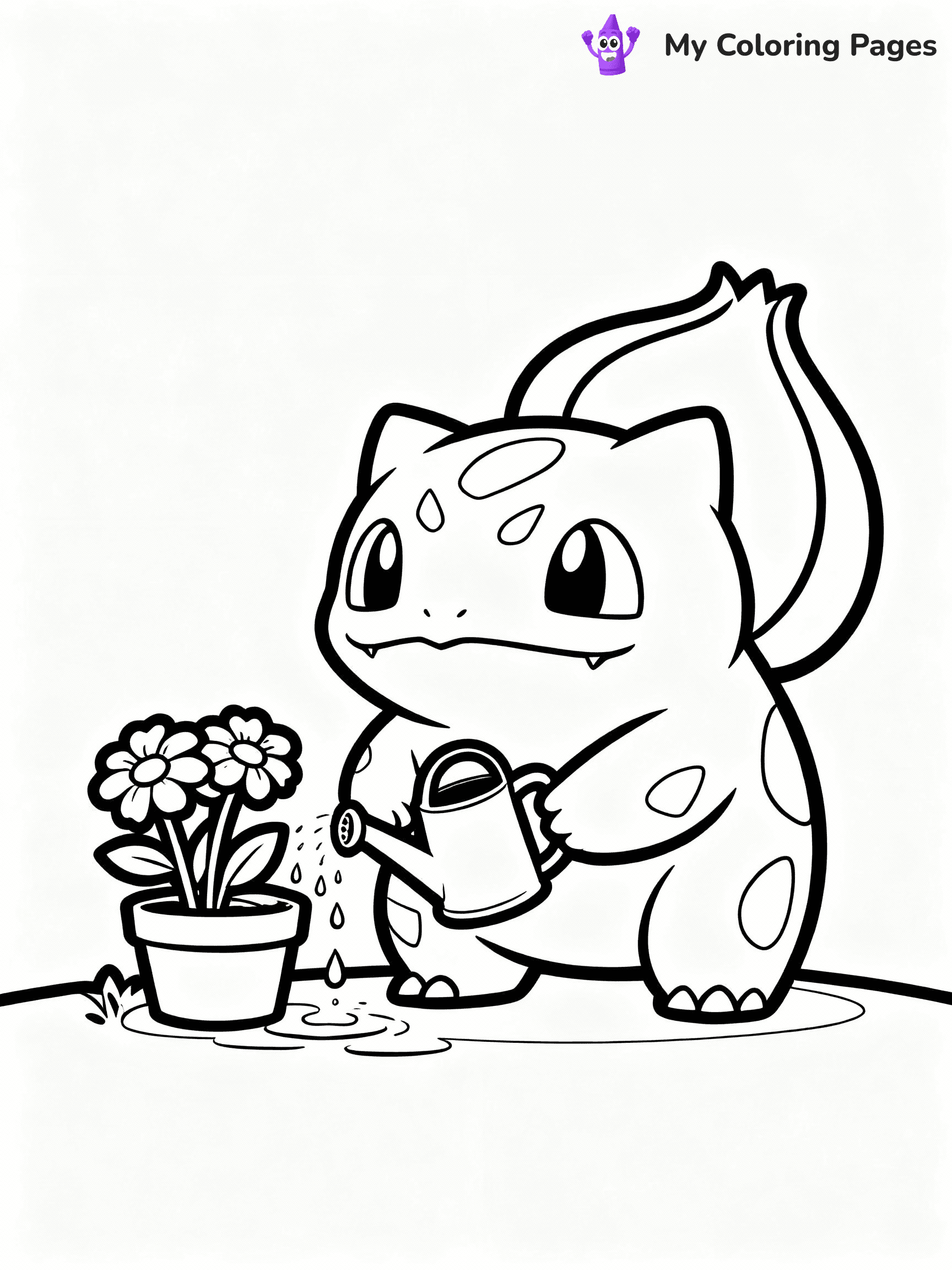 ⚠️ CRITICAL REQUIREMENT - ABSOLUTE BLACK AND WHITE ONLY ⚠️
This MUST be a BLACK AND WHITE line drawing ONLY. NO COLORS whatsoever.
- ONLY pure black lines (#000000) on pure white background (#FFFFFF)
- ABSOLUTELY NO colors, NO shading, NO gradients, NO grayscale
- If there are ANY colors in the output, the image is REJECTED
- This is a COLORING PAGE - meant to be COLORED IN by children
- The output must be UNCOLORED line art ready for coloring
⚠️ SUBJECT TO DRAW: Bulbasaur from Pokémon watering flowers. PURE OUTLINES. NO FILLS, COLOR, SHADING, OR GREYSCALE. WHITE BACKGROUND.
(REMEMBER: Output must be BLACK AND WHITE line art only, NOT colored!)
# Flat, Friendly Cartoon Line-Art Coloring Page
You are generating a **pure black-and-white binary image** of a child-friendly cartoon scene combining characters and background scenery in one cohesive composition.
## Rendering Rules (Strict)
- Only two colors: pure black (#000000) outlines and pure white (#FFFFFF) background.
- No grayscale, shading, gradients, tints, fills, transparency, or partial pixels.
- No antialiasing or blended edges; every pixel is 100% black or white.
- No solid black fills inside shapes — all areas inside outlines must remain white.
- No dark clothing areas or filled tone blocks; all garments outlined only.
- No shadows, textures, lighting, or tonal variations.
- Must look like flat binary vector line-art for coloring pages.
## Drawing & Composition
- **Medium, consistent line weight**; clean closed outlines easy to color inside.
- **Flat, simple, child-friendly design** — no realism or 3D depth.
- Characters are **grounded on a surface**, centered and large.
- **Balanced composition** with clear silhouettes and minimal props.
## Scenery & Style
- Landmarks (e.g., mosque, CN Tower) and scenery (trees, benches, waves) drawn with **black outlines only.**
- For real-world figures, teams, or places, show accurate details using only black outlines—no text or logos. Use distinctive uniform patterns, abstract symbols, and landmark silhouettes to convey identity.
- Keep **consistent perspective**; no floating elements.
- **Style:** whimsical **Doodle Art Alley** — rounded, friendly outlines.
- May adapt shapes from **Crayola, Disney, Peppa Pig, Cocomelon** — *by shape only, never color.*
- Final output: **flat, crisp, binary (#000000/#FFFFFF)**, **no filled color or background text.**
EXTREMELYE IMPORTANT:
- PURE BINARY LINE-ART; NO FILLS (HAIR/CLOTHES/SKIN), SHADING, OR GREY.
- NO SHADING, COLOR. MUST BE WHITE BACKGROUND.
⚠️ FINAL REMINDER: Draw the subject "Bulbasaur from Pokémon watering flowers. PURE OUTLINES. NO FILLS, COLOR, SHADING, OR GREYSCALE. WHITE BACKGROUND." as BLACK AND WHITE line art. Zero colors in output.