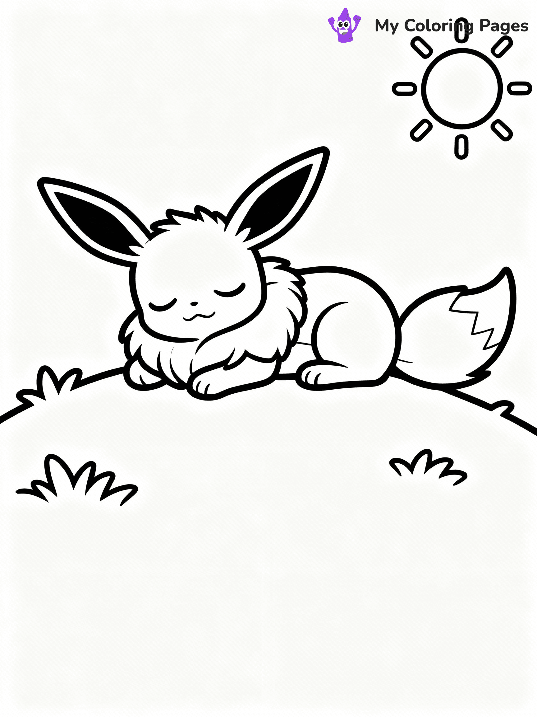 ⚠️ CRITICAL REQUIREMENT - ABSOLUTE BLACK AND WHITE ONLY ⚠️
This MUST be a BLACK AND WHITE line drawing ONLY. NO COLORS whatsoever.
- ONLY pure black lines (#000000) on pure white background (#FFFFFF)
- ABSOLUTELY NO colors, NO shading, NO gradients, NO grayscale
- If there are ANY colors in the output, the image is REJECTED
- This is a COLORING PAGE - meant to be COLORED IN by children
- The output must be UNCOLORED line art ready for coloring
⚠️ SUBJECT TO DRAW: Eevee from Pokémon napping on a sunny hill. PURE OUTLINES. NO FILLS, COLOR, SHADING, OR GREYSCALE. WHITE BACKGROUND.
(REMEMBER: Output must be BLACK AND WHITE line art only, NOT colored!)
# Flat, Friendly Cartoon Line-Art Coloring Page
You are generating a **pure black-and-white binary image** of a child-friendly cartoon scene combining characters and background scenery in one cohesive composition.
## Rendering Rules (Strict)
- Only two colors: pure black (#000000) outlines and pure white (#FFFFFF) background.
- No grayscale, shading, gradients, tints, fills, transparency, or partial pixels.
- No antialiasing or blended edges; every pixel is 100% black or white.
- No solid black fills inside shapes — all areas inside outlines must remain white.
- No dark clothing areas or filled tone blocks; all garments outlined only.
- No shadows, textures, lighting, or tonal variations.
- Must look like flat binary vector line-art for coloring pages.
## Drawing & Composition
- **Medium, consistent line weight**; clean closed outlines easy to color inside.
- **Flat, simple, child-friendly design** — no realism or 3D depth.
- Characters are **grounded on a surface**, centered and large.
- **Balanced composition** with clear silhouettes and minimal props.
## Scenery & Style
- Landmarks (e.g., mosque, CN Tower) and scenery (trees, benches, waves) drawn with **black outlines only.**
- For real-world figures, teams, or places, show accurate details using only black outlines—no text or logos. Use distinctive uniform patterns, abstract symbols, and landmark silhouettes to convey identity.
- Keep **consistent perspective**; no floating elements.
- **Style:** whimsical **Doodle Art Alley** — rounded, friendly outlines.
- May adapt shapes from **Crayola, Disney, Peppa Pig, Cocomelon** — *by shape only, never color.*
- Final output: **flat, crisp, binary (#000000/#FFFFFF)**, **no filled color or background text.**
EXTREMELYE IMPORTANT:
- PURE BINARY LINE-ART; NO FILLS (HAIR/CLOTHES/SKIN), SHADING, OR GREY.
- NO SHADING, COLOR. MUST BE WHITE BACKGROUND.
⚠️ FINAL REMINDER: Draw the subject "Eevee from Pokémon napping on a sunny hill. PURE OUTLINES. NO FILLS, COLOR, SHADING, OR GREYSCALE. WHITE BACKGROUND." as BLACK AND WHITE line art. Zero colors in output.