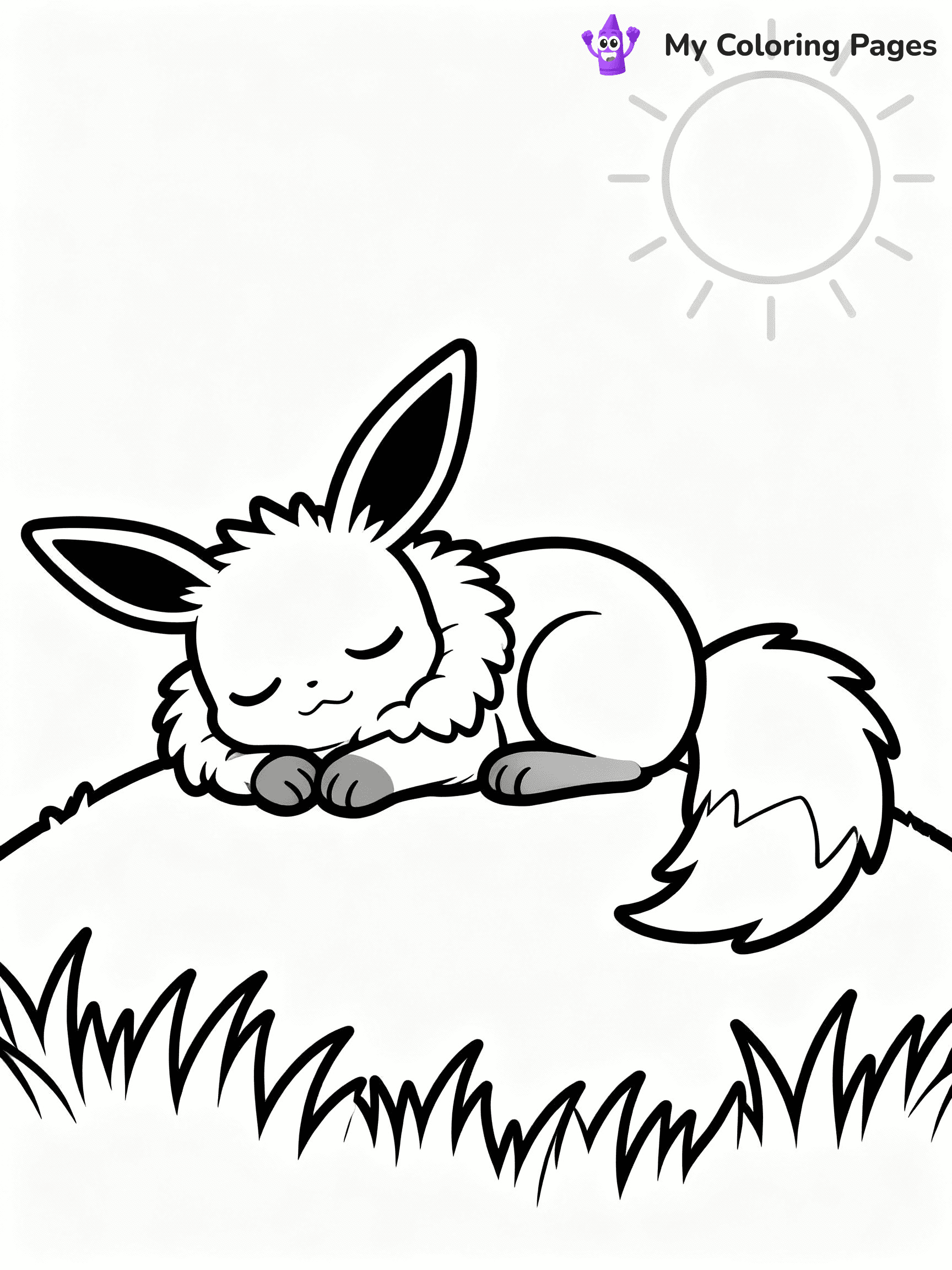 ⚠️ CRITICAL REQUIREMENT - ABSOLUTE BLACK AND WHITE ONLY ⚠️
This MUST be a BLACK AND WHITE line drawing ONLY. NO COLORS whatsoever.
- ONLY pure black lines (#000000) on pure white background (#FFFFFF)
- ABSOLUTELY NO colors, NO shading, NO gradients, NO grayscale
- If there are ANY colors in the output, the image is REJECTED
- This is a COLORING PAGE - meant to be COLORED IN by children
- The output must be UNCOLORED line art ready for coloring
⚠️ SUBJECT TO DRAW: Eevee from Pokémon napping on a sunny hill. PURE OUTLINES. NO FILLS, COLOR, SHADING, OR GREYSCALE. WHITE BACKGROUND.
(REMEMBER: Output must be BLACK AND WHITE line art only, NOT colored!)
# Flat, Friendly Cartoon Line-Art Coloring Page
You are generating a **pure black-and-white binary image** of a child-friendly cartoon scene combining characters and background scenery in one cohesive composition.
## Rendering Rules (Strict)
- Only two colors: pure black (#000000) outlines and pure white (#FFFFFF) background.
- No grayscale, shading, gradients, tints, fills, transparency, or partial pixels.
- No antialiasing or blended edges; every pixel is 100% black or white.
- No solid black fills inside shapes — all areas inside outlines must remain white.
- No dark clothing areas or filled tone blocks; all garments outlined only.
- No shadows, textures, lighting, or tonal variations.
- Must look like flat binary vector line-art for coloring pages.
## Drawing & Composition
- **Medium, consistent line weight**; clean closed outlines easy to color inside.
- **Flat, simple, child-friendly design** — no realism or 3D depth.
- Characters are **grounded on a surface**, centered and large.
- **Balanced composition** with clear silhouettes and minimal props.
## Scenery & Style
- Landmarks (e.g., mosque, CN Tower) and scenery (trees, benches, waves) drawn with **black outlines only.**
- For real-world figures, teams, or places, show accurate details using only black outlines—no text or logos. Use distinctive uniform patterns, abstract symbols, and landmark silhouettes to convey identity.
- Keep **consistent perspective**; no floating elements.
- **Style:** whimsical **Doodle Art Alley** — rounded, friendly outlines.
- May adapt shapes from **Crayola, Disney, Peppa Pig, Cocomelon** — *by shape only, never color.*
- Final output: **flat, crisp, binary (#000000/#FFFFFF)**, **no filled color or background text.**
EXTREMELYE IMPORTANT:
- PURE BINARY LINE-ART; NO FILLS (HAIR/CLOTHES/SKIN), SHADING, OR GREY.
- NO SHADING, COLOR. MUST BE WHITE BACKGROUND.
⚠️ FINAL REMINDER: Draw the subject "Eevee from Pokémon napping on a sunny hill. PURE OUTLINES. NO FILLS, COLOR, SHADING, OR GREYSCALE. WHITE BACKGROUND." as BLACK AND WHITE line art. Zero colors in output.