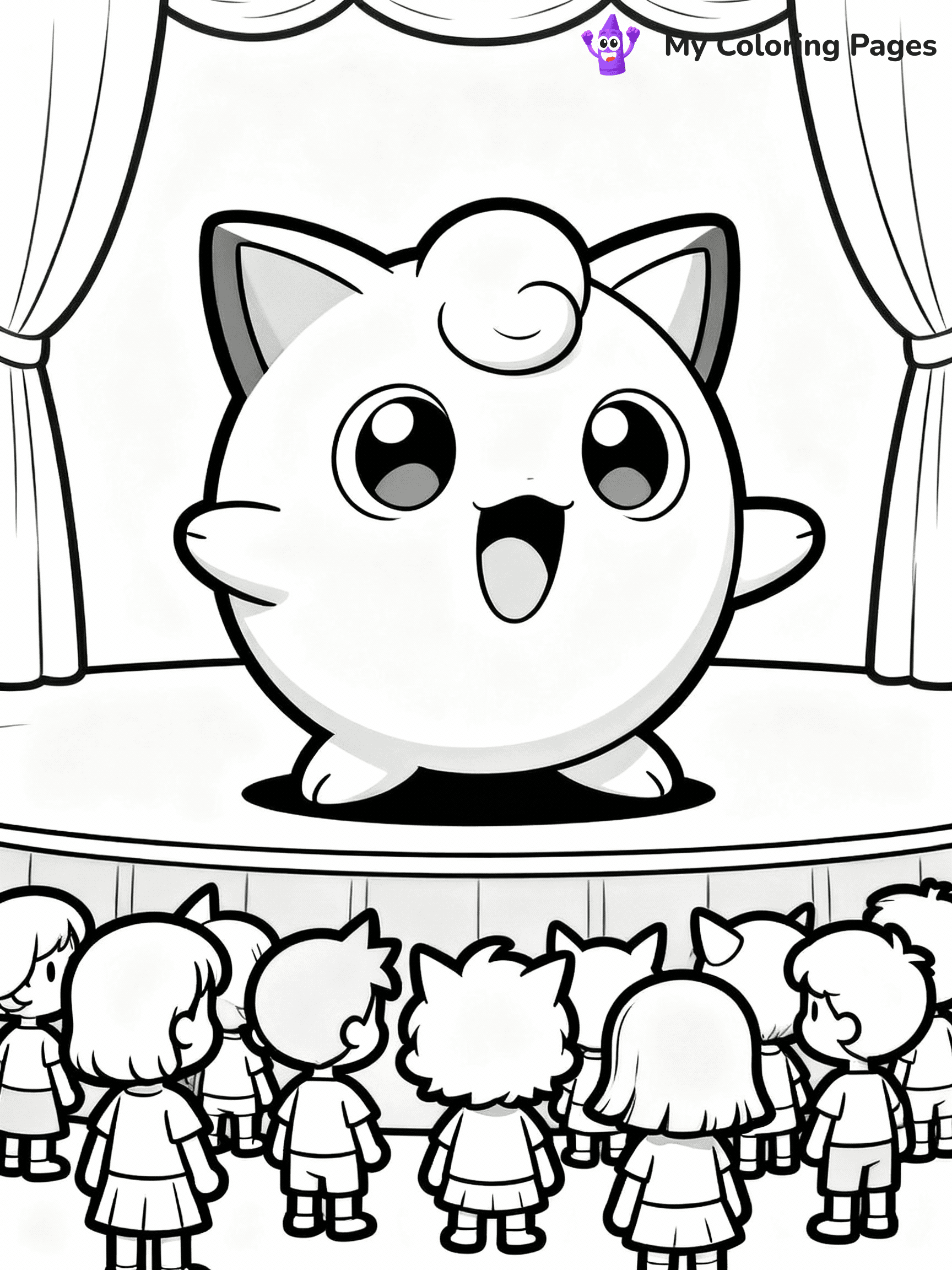 ⚠️ CRITICAL REQUIREMENT - ABSOLUTE BLACK AND WHITE ONLY ⚠️
This MUST be a BLACK AND WHITE line drawing ONLY. NO COLORS whatsoever.
- ONLY pure black lines (#000000) on pure white background (#FFFFFF)
- ABSOLUTELY NO colors, NO shading, NO gradients, NO grayscale
- If there are ANY colors in the output, the image is REJECTED
- This is a COLORING PAGE - meant to be COLORED IN by children
- The output must be UNCOLORED line art ready for coloring
⚠️ SUBJECT TO DRAW: Jigglypuff from Pokémon singing to a crowd. PURE OUTLINES. NO FILLS, COLOR, SHADING, OR GREYSCALE. WHITE BACKGROUND.
(REMEMBER: Output must be BLACK AND WHITE line art only, NOT colored!)
# Flat, Friendly Cartoon Line-Art Coloring Page
You are generating a **pure black-and-white binary image** of a child-friendly cartoon scene combining characters and background scenery in one cohesive composition.
## Rendering Rules (Strict)
- Only two colors: pure black (#000000) outlines and pure white (#FFFFFF) background.
- No grayscale, shading, gradients, tints, fills, transparency, or partial pixels.
- No antialiasing or blended edges; every pixel is 100% black or white.
- No solid black fills inside shapes — all areas inside outlines must remain white.
- No dark clothing areas or filled tone blocks; all garments outlined only.
- No shadows, textures, lighting, or tonal variations.
- Must look like flat binary vector line-art for coloring pages.
## Drawing & Composition
- **Medium, consistent line weight**; clean closed outlines easy to color inside.
- **Flat, simple, child-friendly design** — no realism or 3D depth.
- Characters are **grounded on a surface**, centered and large.
- **Balanced composition** with clear silhouettes and minimal props.
## Scenery & Style
- Landmarks (e.g., mosque, CN Tower) and scenery (trees, benches, waves) drawn with **black outlines only.**
- For real-world figures, teams, or places, show accurate details using only black outlines—no text or logos. Use distinctive uniform patterns, abstract symbols, and landmark silhouettes to convey identity.
- Keep **consistent perspective**; no floating elements.
- **Style:** whimsical **Doodle Art Alley** — rounded, friendly outlines.
- May adapt shapes from **Crayola, Disney, Peppa Pig, Cocomelon** — *by shape only, never color.*
- Final output: **flat, crisp, binary (#000000/#FFFFFF)**, **no filled color or background text.**
EXTREMELYE IMPORTANT:
- PURE BINARY LINE-ART; NO FILLS (HAIR/CLOTHES/SKIN), SHADING, OR GREY.
- NO SHADING, COLOR. MUST BE WHITE BACKGROUND.
⚠️ FINAL REMINDER: Draw the subject "Jigglypuff from Pokémon singing to a crowd. PURE OUTLINES. NO FILLS, COLOR, SHADING, OR GREYSCALE. WHITE BACKGROUND." as BLACK AND WHITE line art. Zero colors in output.