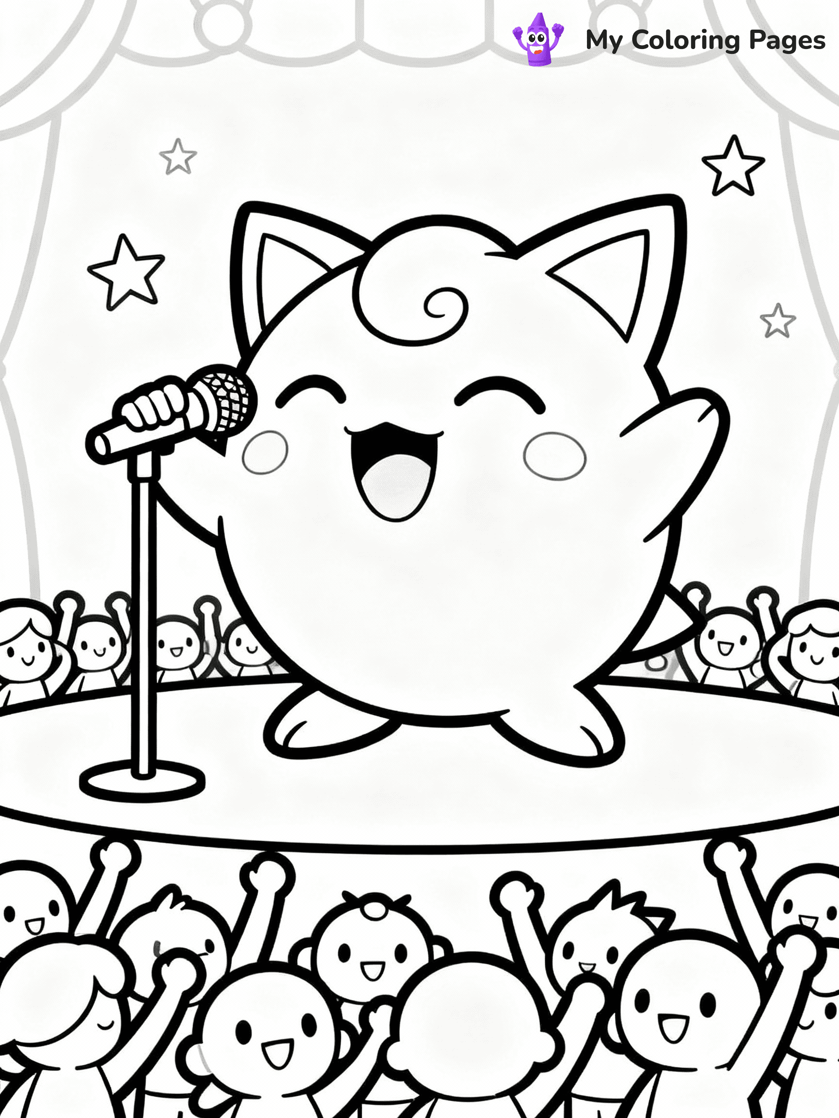 ⚠️ CRITICAL REQUIREMENT - ABSOLUTE BLACK AND WHITE ONLY ⚠️
This MUST be a BLACK AND WHITE line drawing ONLY. NO COLORS whatsoever.
- ONLY pure black lines (#000000) on pure white background (#FFFFFF)
- ABSOLUTELY NO colors, NO shading, NO gradients, NO grayscale
- If there are ANY colors in the output, the image is REJECTED
- This is a COLORING PAGE - meant to be COLORED IN by children
- The output must be UNCOLORED line art ready for coloring
⚠️ SUBJECT TO DRAW: Jigglypuff from Pokémon singing to a crowd. PURE OUTLINES. NO FILLS, COLOR, SHADING, OR GREYSCALE. WHITE BACKGROUND.
(REMEMBER: Output must be BLACK AND WHITE line art only, NOT colored!)
# Flat, Friendly Cartoon Line-Art Coloring Page
You are generating a **pure black-and-white binary image** of a child-friendly cartoon scene combining characters and background scenery in one cohesive composition.
## Rendering Rules (Strict)
- Only two colors: pure black (#000000) outlines and pure white (#FFFFFF) background.
- No grayscale, shading, gradients, tints, fills, transparency, or partial pixels.
- No antialiasing or blended edges; every pixel is 100% black or white.
- No solid black fills inside shapes — all areas inside outlines must remain white.
- No dark clothing areas or filled tone blocks; all garments outlined only.
- No shadows, textures, lighting, or tonal variations.
- Must look like flat binary vector line-art for coloring pages.
## Drawing & Composition
- **Medium, consistent line weight**; clean closed outlines easy to color inside.
- **Flat, simple, child-friendly design** — no realism or 3D depth.
- Characters are **grounded on a surface**, centered and large.
- **Balanced composition** with clear silhouettes and minimal props.
## Scenery & Style
- Landmarks (e.g., mosque, CN Tower) and scenery (trees, benches, waves) drawn with **black outlines only.**
- For real-world figures, teams, or places, show accurate details using only black outlines—no text or logos. Use distinctive uniform patterns, abstract symbols, and landmark silhouettes to convey identity.
- Keep **consistent perspective**; no floating elements.
- **Style:** whimsical **Doodle Art Alley** — rounded, friendly outlines.
- May adapt shapes from **Crayola, Disney, Peppa Pig, Cocomelon** — *by shape only, never color.*
- Final output: **flat, crisp, binary (#000000/#FFFFFF)**, **no filled color or background text.**
EXTREMELYE IMPORTANT:
- PURE BINARY LINE-ART; NO FILLS (HAIR/CLOTHES/SKIN), SHADING, OR GREY.
- NO SHADING, COLOR. MUST BE WHITE BACKGROUND.
⚠️ FINAL REMINDER: Draw the subject "Jigglypuff from Pokémon singing to a crowd. PURE OUTLINES. NO FILLS, COLOR, SHADING, OR GREYSCALE. WHITE BACKGROUND." as BLACK AND WHITE line art. Zero colors in output.