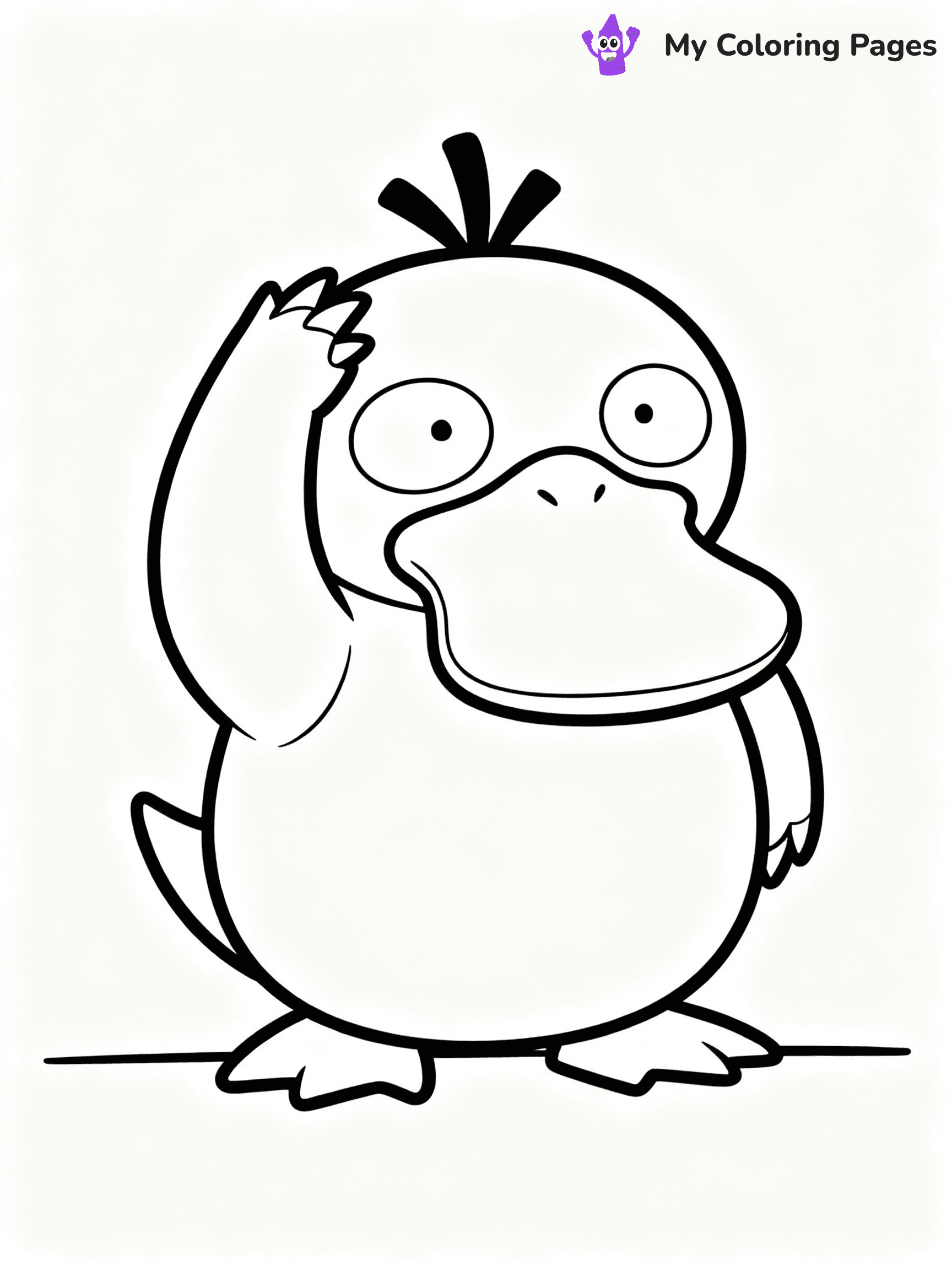 ⚠️ CRITICAL REQUIREMENT - ABSOLUTE BLACK AND WHITE ONLY ⚠️
This MUST be a BLACK AND WHITE line drawing ONLY. NO COLORS whatsoever.
- ONLY pure black lines (#000000) on pure white background (#FFFFFF)
- ABSOLUTELY NO colors, NO shading, NO gradients, NO grayscale
- If there are ANY colors in the output, the image is REJECTED
- This is a COLORING PAGE - meant to be COLORED IN by children
- The output must be UNCOLORED line art ready for coloring
⚠️ SUBJECT TO DRAW: Psyduck from Pokémon scratching its head in confusion. PURE OUTLINES. NO FILLS, COLOR, SHADING, OR GREYSCALE. WHITE BACKGROUND.
(REMEMBER: Output must be BLACK AND WHITE line art only, NOT colored!)
# Flat, Friendly Cartoon Line-Art Coloring Page
You are generating a **pure black-and-white binary image** of a child-friendly cartoon scene combining characters and background scenery in one cohesive composition.
## Rendering Rules (Strict)
- Only two colors: pure black (#000000) outlines and pure white (#FFFFFF) background.
- No grayscale, shading, gradients, tints, fills, transparency, or partial pixels.
- No antialiasing or blended edges; every pixel is 100% black or white.
- No solid black fills inside shapes — all areas inside outlines must remain white.
- No dark clothing areas or filled tone blocks; all garments outlined only.
- No shadows, textures, lighting, or tonal variations.
- Must look like flat binary vector line-art for coloring pages.
## Drawing & Composition
- **Medium, consistent line weight**; clean closed outlines easy to color inside.
- **Flat, simple, child-friendly design** — no realism or 3D depth.
- Characters are **grounded on a surface**, centered and large.
- **Balanced composition** with clear silhouettes and minimal props.
## Scenery & Style
- Landmarks (e.g., mosque, CN Tower) and scenery (trees, benches, waves) drawn with **black outlines only.**
- For real-world figures, teams, or places, show accurate details using only black outlines—no text or logos. Use distinctive uniform patterns, abstract symbols, and landmark silhouettes to convey identity.
- Keep **consistent perspective**; no floating elements.
- **Style:** whimsical **Doodle Art Alley** — rounded, friendly outlines.
- May adapt shapes from **Crayola, Disney, Peppa Pig, Cocomelon** — *by shape only, never color.*
- Final output: **flat, crisp, binary (#000000/#FFFFFF)**, **no filled color or background text.**
EXTREMELYE IMPORTANT:
- PURE BINARY LINE-ART; NO FILLS (HAIR/CLOTHES/SKIN), SHADING, OR GREY.
- NO SHADING, COLOR. MUST BE WHITE BACKGROUND.
⚠️ FINAL REMINDER: Draw the subject "Psyduck from Pokémon scratching its head in confusion. PURE OUTLINES. NO FILLS, COLOR, SHADING, OR GREYSCALE. WHITE BACKGROUND." as BLACK AND WHITE line art. Zero colors in output.