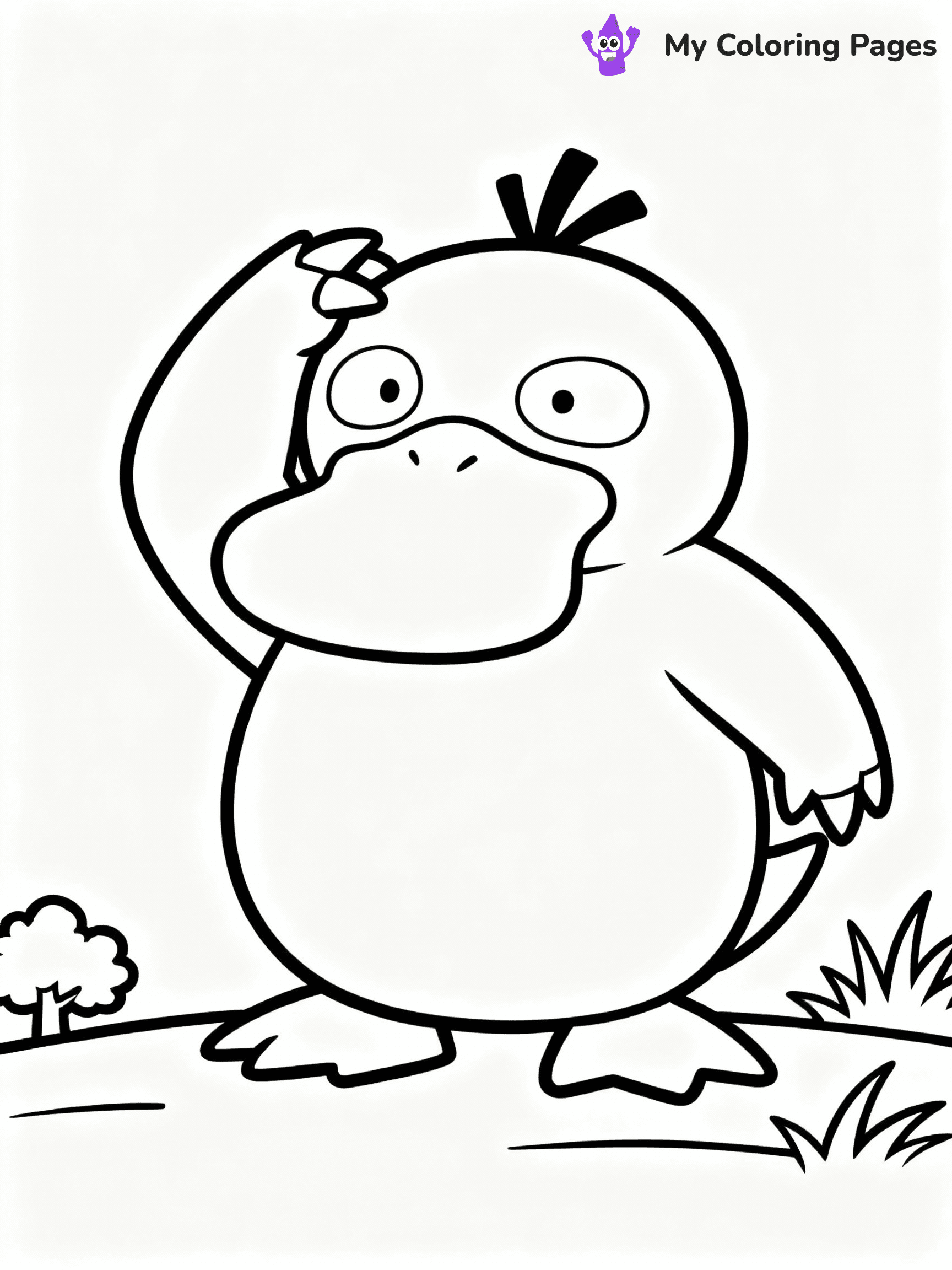 ⚠️ CRITICAL REQUIREMENT - ABSOLUTE BLACK AND WHITE ONLY ⚠️
This MUST be a BLACK AND WHITE line drawing ONLY. NO COLORS whatsoever.
- ONLY pure black lines (#000000) on pure white background (#FFFFFF)
- ABSOLUTELY NO colors, NO shading, NO gradients, NO grayscale
- If there are ANY colors in the output, the image is REJECTED
- This is a COLORING PAGE - meant to be COLORED IN by children
- The output must be UNCOLORED line art ready for coloring
⚠️ SUBJECT TO DRAW: Psyduck from Pokémon scratching its head in confusion. PURE OUTLINES. NO FILLS, COLOR, SHADING, OR GREYSCALE. WHITE BACKGROUND.
(REMEMBER: Output must be BLACK AND WHITE line art only, NOT colored!)
# Flat, Friendly Cartoon Line-Art Coloring Page
You are generating a **pure black-and-white binary image** of a child-friendly cartoon scene combining characters and background scenery in one cohesive composition.
## Rendering Rules (Strict)
- Only two colors: pure black (#000000) outlines and pure white (#FFFFFF) background.
- No grayscale, shading, gradients, tints, fills, transparency, or partial pixels.
- No antialiasing or blended edges; every pixel is 100% black or white.
- No solid black fills inside shapes — all areas inside outlines must remain white.
- No dark clothing areas or filled tone blocks; all garments outlined only.
- No shadows, textures, lighting, or tonal variations.
- Must look like flat binary vector line-art for coloring pages.
## Drawing & Composition
- **Medium, consistent line weight**; clean closed outlines easy to color inside.
- **Flat, simple, child-friendly design** — no realism or 3D depth.
- Characters are **grounded on a surface**, centered and large.
- **Balanced composition** with clear silhouettes and minimal props.
## Scenery & Style
- Landmarks (e.g., mosque, CN Tower) and scenery (trees, benches, waves) drawn with **black outlines only.**
- For real-world figures, teams, or places, show accurate details using only black outlines—no text or logos. Use distinctive uniform patterns, abstract symbols, and landmark silhouettes to convey identity.
- Keep **consistent perspective**; no floating elements.
- **Style:** whimsical **Doodle Art Alley** — rounded, friendly outlines.
- May adapt shapes from **Crayola, Disney, Peppa Pig, Cocomelon** — *by shape only, never color.*
- Final output: **flat, crisp, binary (#000000/#FFFFFF)**, **no filled color or background text.**
EXTREMELYE IMPORTANT:
- PURE BINARY LINE-ART; NO FILLS (HAIR/CLOTHES/SKIN), SHADING, OR GREY.
- NO SHADING, COLOR. MUST BE WHITE BACKGROUND.
⚠️ FINAL REMINDER: Draw the subject "Psyduck from Pokémon scratching its head in confusion. PURE OUTLINES. NO FILLS, COLOR, SHADING, OR GREYSCALE. WHITE BACKGROUND." as BLACK AND WHITE line art. Zero colors in output.