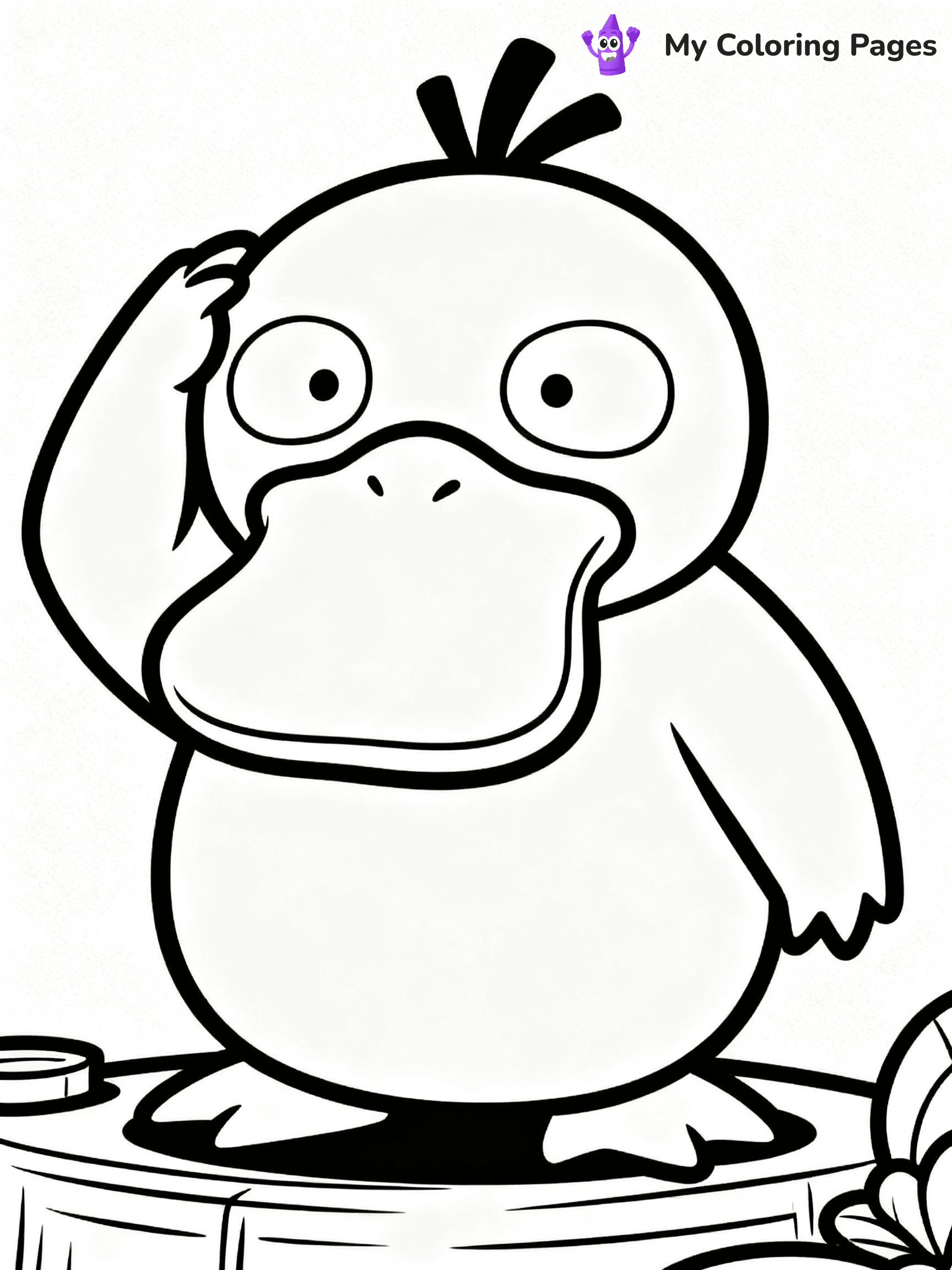 ⚠️ CRITICAL REQUIREMENT - ABSOLUTE BLACK AND WHITE ONLY ⚠️
This MUST be a BLACK AND WHITE line drawing ONLY. NO COLORS whatsoever.
- ONLY pure black lines (#000000) on pure white background (#FFFFFF)
- ABSOLUTELY NO colors, NO shading, NO gradients, NO grayscale
- If there are ANY colors in the output, the image is REJECTED
- This is a COLORING PAGE - meant to be COLORED IN by children
- The output must be UNCOLORED line art ready for coloring
⚠️ SUBJECT TO DRAW: Psyduck from Pokémon scratching its head in confusion. PURE OUTLINES. NO FILLS, COLOR, SHADING, OR GREYSCALE. WHITE BACKGROUND.
(REMEMBER: Output must be BLACK AND WHITE line art only, NOT colored!)
# Flat, Friendly Cartoon Line-Art Coloring Page
You are generating a **pure black-and-white binary image** of a child-friendly cartoon scene combining characters and background scenery in one cohesive composition.
## Rendering Rules (Strict)
- Only two colors: pure black (#000000) outlines and pure white (#FFFFFF) background.
- No grayscale, shading, gradients, tints, fills, transparency, or partial pixels.
- No antialiasing or blended edges; every pixel is 100% black or white.
- No solid black fills inside shapes — all areas inside outlines must remain white.
- No dark clothing areas or filled tone blocks; all garments outlined only.
- No shadows, textures, lighting, or tonal variations.
- Must look like flat binary vector line-art for coloring pages.
## Drawing & Composition
- **Medium, consistent line weight**; clean closed outlines easy to color inside.
- **Flat, simple, child-friendly design** — no realism or 3D depth.
- Characters are **grounded on a surface**, centered and large.
- **Balanced composition** with clear silhouettes and minimal props.
## Scenery & Style
- Landmarks (e.g., mosque, CN Tower) and scenery (trees, benches, waves) drawn with **black outlines only.**
- For real-world figures, teams, or places, show accurate details using only black outlines—no text or logos. Use distinctive uniform patterns, abstract symbols, and landmark silhouettes to convey identity.
- Keep **consistent perspective**; no floating elements.
- **Style:** whimsical **Doodle Art Alley** — rounded, friendly outlines.
- May adapt shapes from **Crayola, Disney, Peppa Pig, Cocomelon** — *by shape only, never color.*
- Final output: **flat, crisp, binary (#000000/#FFFFFF)**, **no filled color or background text.**
EXTREMELYE IMPORTANT:
- PURE BINARY LINE-ART; NO FILLS (HAIR/CLOTHES/SKIN), SHADING, OR GREY.
- NO SHADING, COLOR. MUST BE WHITE BACKGROUND.
⚠️ FINAL REMINDER: Draw the subject "Psyduck from Pokémon scratching its head in confusion. PURE OUTLINES. NO FILLS, COLOR, SHADING, OR GREYSCALE. WHITE BACKGROUND." as BLACK AND WHITE line art. Zero colors in output.