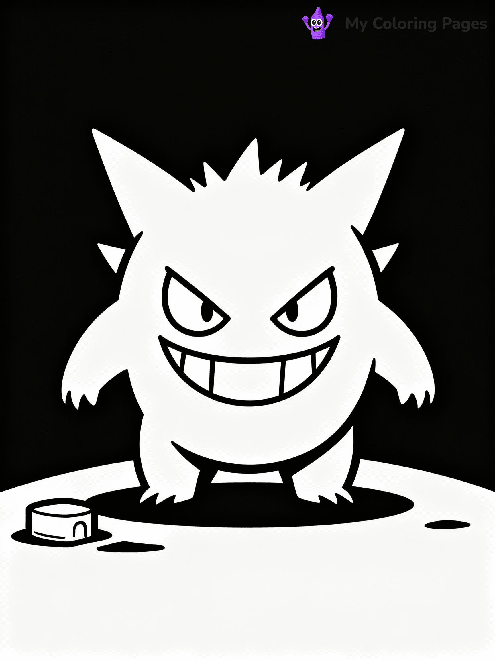 ⚠️ CRITICAL REQUIREMENT - ABSOLUTE BLACK AND WHITE ONLY ⚠️
This MUST be a BLACK AND WHITE line drawing ONLY. NO COLORS whatsoever.
- ONLY pure black lines (#000000) on pure white background (#FFFFFF)
- ABSOLUTELY NO colors, NO shading, NO gradients, NO grayscale
- If there are ANY colors in the output, the image is REJECTED
- This is a COLORING PAGE - meant to be COLORED IN by children
- The output must be UNCOLORED line art ready for coloring
⚠️ SUBJECT TO DRAW: Gengar from Pokémon lurking in the shadows. PURE OUTLINES. NO FILLS, COLOR, SHADING, OR GREYSCALE. WHITE BACKGROUND.
(REMEMBER: Output must be BLACK AND WHITE line art only, NOT colored!)
# Flat, Friendly Cartoon Line-Art Coloring Page
You are generating a **pure black-and-white binary image** of a child-friendly cartoon scene combining characters and background scenery in one cohesive composition.
## Rendering Rules (Strict)
- Only two colors: pure black (#000000) outlines and pure white (#FFFFFF) background.
- No grayscale, shading, gradients, tints, fills, transparency, or partial pixels.
- No antialiasing or blended edges; every pixel is 100% black or white.
- No solid black fills inside shapes — all areas inside outlines must remain white.
- No dark clothing areas or filled tone blocks; all garments outlined only.
- No shadows, textures, lighting, or tonal variations.
- Must look like flat binary vector line-art for coloring pages.
## Drawing & Composition
- **Medium, consistent line weight**; clean closed outlines easy to color inside.
- **Flat, simple, child-friendly design** — no realism or 3D depth.
- Characters are **grounded on a surface**, centered and large.
- **Balanced composition** with clear silhouettes and minimal props.
## Scenery & Style
- Landmarks (e.g., mosque, CN Tower) and scenery (trees, benches, waves) drawn with **black outlines only.**
- For real-world figures, teams, or places, show accurate details using only black outlines—no text or logos. Use distinctive uniform patterns, abstract symbols, and landmark silhouettes to convey identity.
- Keep **consistent perspective**; no floating elements.
- **Style:** whimsical **Doodle Art Alley** — rounded, friendly outlines.
- May adapt shapes from **Crayola, Disney, Peppa Pig, Cocomelon** — *by shape only, never color.*
- Final output: **flat, crisp, binary (#000000/#FFFFFF)**, **no filled color or background text.**
EXTREMELYE IMPORTANT:
- PURE BINARY LINE-ART; NO FILLS (HAIR/CLOTHES/SKIN), SHADING, OR GREY.
- NO SHADING, COLOR. MUST BE WHITE BACKGROUND.
⚠️ FINAL REMINDER: Draw the subject "Gengar from Pokémon lurking in the shadows. PURE OUTLINES. NO FILLS, COLOR, SHADING, OR GREYSCALE. WHITE BACKGROUND." as BLACK AND WHITE line art. Zero colors in output.