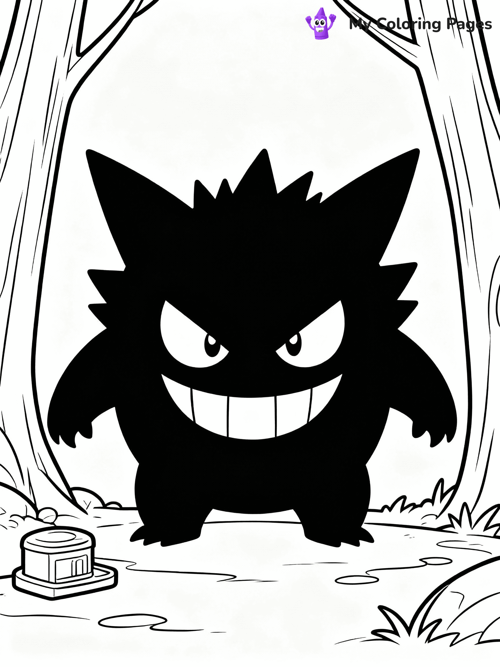 ⚠️ CRITICAL REQUIREMENT - ABSOLUTE BLACK AND WHITE ONLY ⚠️
This MUST be a BLACK AND WHITE line drawing ONLY. NO COLORS whatsoever.
- ONLY pure black lines (#000000) on pure white background (#FFFFFF)
- ABSOLUTELY NO colors, NO shading, NO gradients, NO grayscale
- If there are ANY colors in the output, the image is REJECTED
- This is a COLORING PAGE - meant to be COLORED IN by children
- The output must be UNCOLORED line art ready for coloring
⚠️ SUBJECT TO DRAW: Gengar from Pokémon lurking in the shadows. PURE OUTLINES. NO FILLS, COLOR, SHADING, OR GREYSCALE. WHITE BACKGROUND.
(REMEMBER: Output must be BLACK AND WHITE line art only, NOT colored!)
# Flat, Friendly Cartoon Line-Art Coloring Page
You are generating a **pure black-and-white binary image** of a child-friendly cartoon scene combining characters and background scenery in one cohesive composition.
## Rendering Rules (Strict)
- Only two colors: pure black (#000000) outlines and pure white (#FFFFFF) background.
- No grayscale, shading, gradients, tints, fills, transparency, or partial pixels.
- No antialiasing or blended edges; every pixel is 100% black or white.
- No solid black fills inside shapes — all areas inside outlines must remain white.
- No dark clothing areas or filled tone blocks; all garments outlined only.
- No shadows, textures, lighting, or tonal variations.
- Must look like flat binary vector line-art for coloring pages.
## Drawing & Composition
- **Medium, consistent line weight**; clean closed outlines easy to color inside.
- **Flat, simple, child-friendly design** — no realism or 3D depth.
- Characters are **grounded on a surface**, centered and large.
- **Balanced composition** with clear silhouettes and minimal props.
## Scenery & Style
- Landmarks (e.g., mosque, CN Tower) and scenery (trees, benches, waves) drawn with **black outlines only.**
- For real-world figures, teams, or places, show accurate details using only black outlines—no text or logos. Use distinctive uniform patterns, abstract symbols, and landmark silhouettes to convey identity.
- Keep **consistent perspective**; no floating elements.
- **Style:** whimsical **Doodle Art Alley** — rounded, friendly outlines.
- May adapt shapes from **Crayola, Disney, Peppa Pig, Cocomelon** — *by shape only, never color.*
- Final output: **flat, crisp, binary (#000000/#FFFFFF)**, **no filled color or background text.**
EXTREMELYE IMPORTANT:
- PURE BINARY LINE-ART; NO FILLS (HAIR/CLOTHES/SKIN), SHADING, OR GREY.
- NO SHADING, COLOR. MUST BE WHITE BACKGROUND.
⚠️ FINAL REMINDER: Draw the subject "Gengar from Pokémon lurking in the shadows. PURE OUTLINES. NO FILLS, COLOR, SHADING, OR GREYSCALE. WHITE BACKGROUND." as BLACK AND WHITE line art. Zero colors in output.