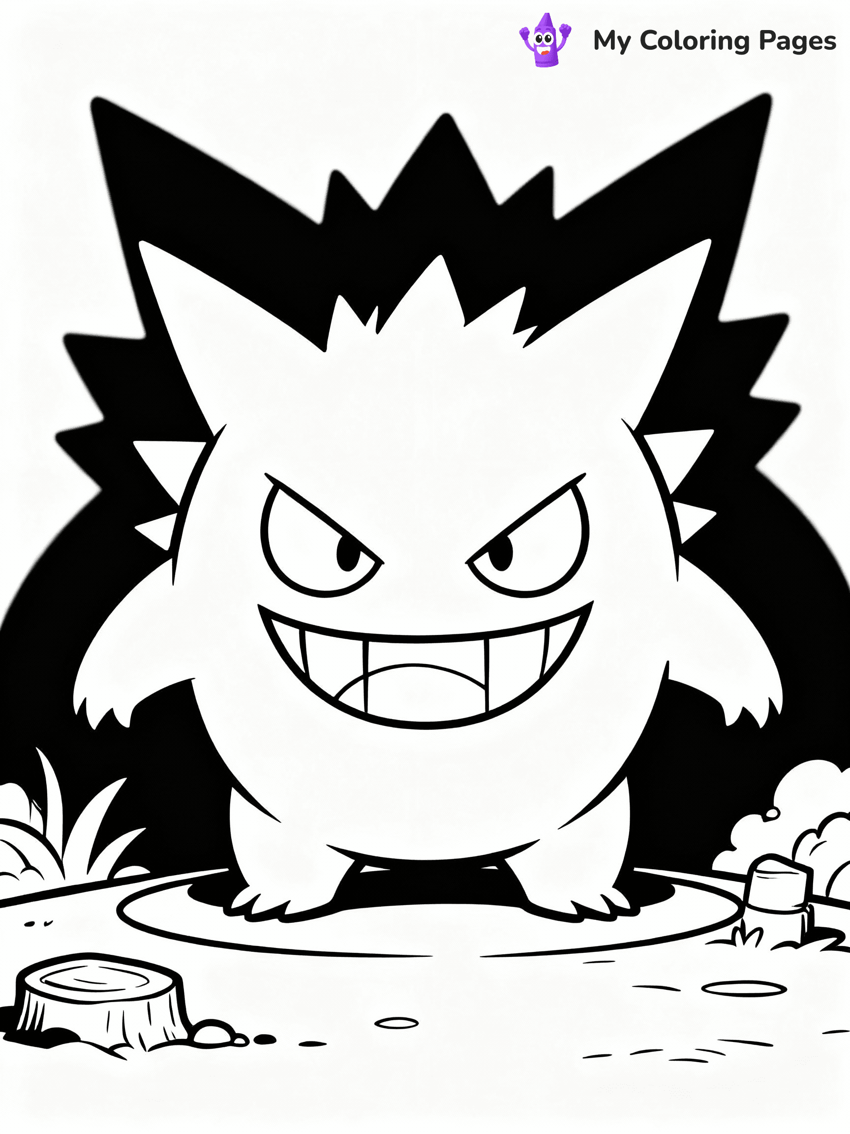 ⚠️ CRITICAL REQUIREMENT - ABSOLUTE BLACK AND WHITE ONLY ⚠️
This MUST be a BLACK AND WHITE line drawing ONLY. NO COLORS whatsoever.
- ONLY pure black lines (#000000) on pure white background (#FFFFFF)
- ABSOLUTELY NO colors, NO shading, NO gradients, NO grayscale
- If there are ANY colors in the output, the image is REJECTED
- This is a COLORING PAGE - meant to be COLORED IN by children
- The output must be UNCOLORED line art ready for coloring
⚠️ SUBJECT TO DRAW: Gengar from Pokémon lurking in the shadows. PURE OUTLINES. NO FILLS, COLOR, SHADING, OR GREYSCALE. WHITE BACKGROUND.
(REMEMBER: Output must be BLACK AND WHITE line art only, NOT colored!)
# Flat, Friendly Cartoon Line-Art Coloring Page
You are generating a **pure black-and-white binary image** of a child-friendly cartoon scene combining characters and background scenery in one cohesive composition.
## Rendering Rules (Strict)
- Only two colors: pure black (#000000) outlines and pure white (#FFFFFF) background.
- No grayscale, shading, gradients, tints, fills, transparency, or partial pixels.
- No antialiasing or blended edges; every pixel is 100% black or white.
- No solid black fills inside shapes — all areas inside outlines must remain white.
- No dark clothing areas or filled tone blocks; all garments outlined only.
- No shadows, textures, lighting, or tonal variations.
- Must look like flat binary vector line-art for coloring pages.
## Drawing & Composition
- **Medium, consistent line weight**; clean closed outlines easy to color inside.
- **Flat, simple, child-friendly design** — no realism or 3D depth.
- Characters are **grounded on a surface**, centered and large.
- **Balanced composition** with clear silhouettes and minimal props.
## Scenery & Style
- Landmarks (e.g., mosque, CN Tower) and scenery (trees, benches, waves) drawn with **black outlines only.**
- For real-world figures, teams, or places, show accurate details using only black outlines—no text or logos. Use distinctive uniform patterns, abstract symbols, and landmark silhouettes to convey identity.
- Keep **consistent perspective**; no floating elements.
- **Style:** whimsical **Doodle Art Alley** — rounded, friendly outlines.
- May adapt shapes from **Crayola, Disney, Peppa Pig, Cocomelon** — *by shape only, never color.*
- Final output: **flat, crisp, binary (#000000/#FFFFFF)**, **no filled color or background text.**
EXTREMELYE IMPORTANT:
- PURE BINARY LINE-ART; NO FILLS (HAIR/CLOTHES/SKIN), SHADING, OR GREY.
- NO SHADING, COLOR. MUST BE WHITE BACKGROUND.
⚠️ FINAL REMINDER: Draw the subject "Gengar from Pokémon lurking in the shadows. PURE OUTLINES. NO FILLS, COLOR, SHADING, OR GREYSCALE. WHITE BACKGROUND." as BLACK AND WHITE line art. Zero colors in output.