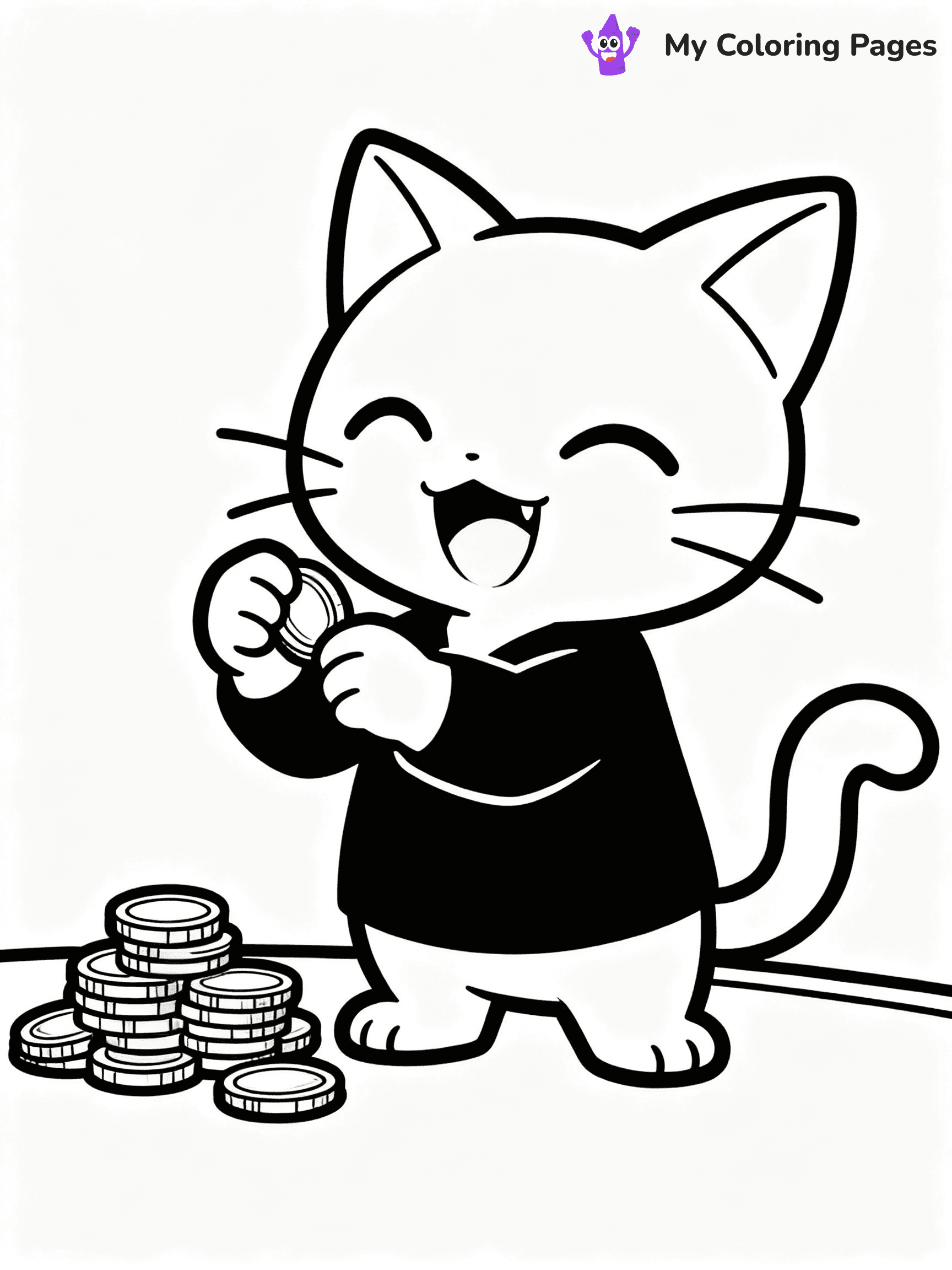 ⚠️ CRITICAL REQUIREMENT - ABSOLUTE BLACK AND WHITE ONLY ⚠️
This MUST be a BLACK AND WHITE line drawing ONLY. NO COLORS whatsoever.
- ONLY pure black lines (#000000) on pure white background (#FFFFFF)
- ABSOLUTELY NO colors, NO shading, NO gradients, NO grayscale
- If there are ANY colors in the output, the image is REJECTED
- This is a COLORING PAGE - meant to be COLORED IN by children
- The output must be UNCOLORED line art ready for coloring
⚠️ SUBJECT TO DRAW: Meowth from Pokémon counting coins happily. PURE OUTLINES. NO FILLS, COLOR, SHADING, OR GREYSCALE. WHITE BACKGROUND.
(REMEMBER: Output must be BLACK AND WHITE line art only, NOT colored!)
# Flat, Friendly Cartoon Line-Art Coloring Page
You are generating a **pure black-and-white binary image** of a child-friendly cartoon scene combining characters and background scenery in one cohesive composition.
## Rendering Rules (Strict)
- Only two colors: pure black (#000000) outlines and pure white (#FFFFFF) background.
- No grayscale, shading, gradients, tints, fills, transparency, or partial pixels.
- No antialiasing or blended edges; every pixel is 100% black or white.
- No solid black fills inside shapes — all areas inside outlines must remain white.
- No dark clothing areas or filled tone blocks; all garments outlined only.
- No shadows, textures, lighting, or tonal variations.
- Must look like flat binary vector line-art for coloring pages.
## Drawing & Composition
- **Medium, consistent line weight**; clean closed outlines easy to color inside.
- **Flat, simple, child-friendly design** — no realism or 3D depth.
- Characters are **grounded on a surface**, centered and large.
- **Balanced composition** with clear silhouettes and minimal props.
## Scenery & Style
- Landmarks (e.g., mosque, CN Tower) and scenery (trees, benches, waves) drawn with **black outlines only.**
- For real-world figures, teams, or places, show accurate details using only black outlines—no text or logos. Use distinctive uniform patterns, abstract symbols, and landmark silhouettes to convey identity.
- Keep **consistent perspective**; no floating elements.
- **Style:** whimsical **Doodle Art Alley** — rounded, friendly outlines.
- May adapt shapes from **Crayola, Disney, Peppa Pig, Cocomelon** — *by shape only, never color.*
- Final output: **flat, crisp, binary (#000000/#FFFFFF)**, **no filled color or background text.**
EXTREMELYE IMPORTANT:
- PURE BINARY LINE-ART; NO FILLS (HAIR/CLOTHES/SKIN), SHADING, OR GREY.
- NO SHADING, COLOR. MUST BE WHITE BACKGROUND.
⚠️ FINAL REMINDER: Draw the subject "Meowth from Pokémon counting coins happily. PURE OUTLINES. NO FILLS, COLOR, SHADING, OR GREYSCALE. WHITE BACKGROUND." as BLACK AND WHITE line art. Zero colors in output.