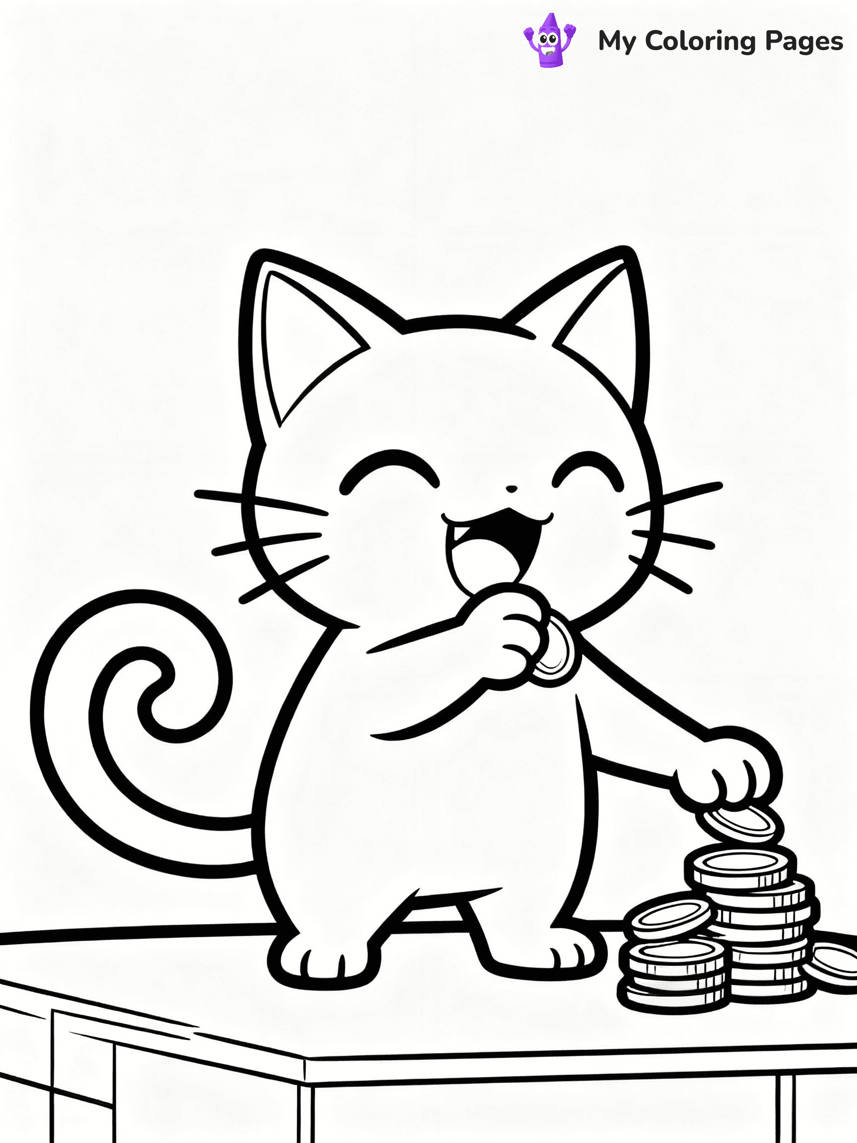 ⚠️ CRITICAL REQUIREMENT - ABSOLUTE BLACK AND WHITE ONLY ⚠️
This MUST be a BLACK AND WHITE line drawing ONLY. NO COLORS whatsoever.
- ONLY pure black lines (#000000) on pure white background (#FFFFFF)
- ABSOLUTELY NO colors, NO shading, NO gradients, NO grayscale
- If there are ANY colors in the output, the image is REJECTED
- This is a COLORING PAGE - meant to be COLORED IN by children
- The output must be UNCOLORED line art ready for coloring
⚠️ SUBJECT TO DRAW: Meowth from Pokémon counting coins happily. PURE OUTLINES. NO FILLS, COLOR, SHADING, OR GREYSCALE. WHITE BACKGROUND.
(REMEMBER: Output must be BLACK AND WHITE line art only, NOT colored!)
# Flat, Friendly Cartoon Line-Art Coloring Page
You are generating a **pure black-and-white binary image** of a child-friendly cartoon scene combining characters and background scenery in one cohesive composition.
## Rendering Rules (Strict)
- Only two colors: pure black (#000000) outlines and pure white (#FFFFFF) background.
- No grayscale, shading, gradients, tints, fills, transparency, or partial pixels.
- No antialiasing or blended edges; every pixel is 100% black or white.
- No solid black fills inside shapes — all areas inside outlines must remain white.
- No dark clothing areas or filled tone blocks; all garments outlined only.
- No shadows, textures, lighting, or tonal variations.
- Must look like flat binary vector line-art for coloring pages.
## Drawing & Composition
- **Medium, consistent line weight**; clean closed outlines easy to color inside.
- **Flat, simple, child-friendly design** — no realism or 3D depth.
- Characters are **grounded on a surface**, centered and large.
- **Balanced composition** with clear silhouettes and minimal props.
## Scenery & Style
- Landmarks (e.g., mosque, CN Tower) and scenery (trees, benches, waves) drawn with **black outlines only.**
- For real-world figures, teams, or places, show accurate details using only black outlines—no text or logos. Use distinctive uniform patterns, abstract symbols, and landmark silhouettes to convey identity.
- Keep **consistent perspective**; no floating elements.
- **Style:** whimsical **Doodle Art Alley** — rounded, friendly outlines.
- May adapt shapes from **Crayola, Disney, Peppa Pig, Cocomelon** — *by shape only, never color.*
- Final output: **flat, crisp, binary (#000000/#FFFFFF)**, **no filled color or background text.**
EXTREMELYE IMPORTANT:
- PURE BINARY LINE-ART; NO FILLS (HAIR/CLOTHES/SKIN), SHADING, OR GREY.
- NO SHADING, COLOR. MUST BE WHITE BACKGROUND.
⚠️ FINAL REMINDER: Draw the subject "Meowth from Pokémon counting coins happily. PURE OUTLINES. NO FILLS, COLOR, SHADING, OR GREYSCALE. WHITE BACKGROUND." as BLACK AND WHITE line art. Zero colors in output.