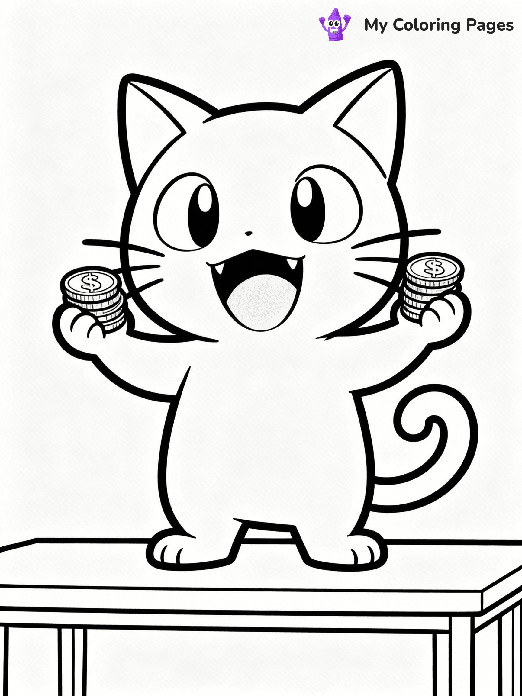 ⚠️ CRITICAL REQUIREMENT - ABSOLUTE BLACK AND WHITE ONLY ⚠️
This MUST be a BLACK AND WHITE line drawing ONLY. NO COLORS whatsoever.
- ONLY pure black lines (#000000) on pure white background (#FFFFFF)
- ABSOLUTELY NO colors, NO shading, NO gradients, NO grayscale
- If there are ANY colors in the output, the image is REJECTED
- This is a COLORING PAGE - meant to be COLORED IN by children
- The output must be UNCOLORED line art ready for coloring
⚠️ SUBJECT TO DRAW: Meowth from Pokémon counting coins happily. PURE OUTLINES. NO FILLS, COLOR, SHADING, OR GREYSCALE. WHITE BACKGROUND.
(REMEMBER: Output must be BLACK AND WHITE line art only, NOT colored!)
# Flat, Friendly Cartoon Line-Art Coloring Page
You are generating a **pure black-and-white binary image** of a child-friendly cartoon scene combining characters and background scenery in one cohesive composition.
## Rendering Rules (Strict)
- Only two colors: pure black (#000000) outlines and pure white (#FFFFFF) background.
- No grayscale, shading, gradients, tints, fills, transparency, or partial pixels.
- No antialiasing or blended edges; every pixel is 100% black or white.
- No solid black fills inside shapes — all areas inside outlines must remain white.
- No dark clothing areas or filled tone blocks; all garments outlined only.
- No shadows, textures, lighting, or tonal variations.
- Must look like flat binary vector line-art for coloring pages.
## Drawing & Composition
- **Medium, consistent line weight**; clean closed outlines easy to color inside.
- **Flat, simple, child-friendly design** — no realism or 3D depth.
- Characters are **grounded on a surface**, centered and large.
- **Balanced composition** with clear silhouettes and minimal props.
## Scenery & Style
- Landmarks (e.g., mosque, CN Tower) and scenery (trees, benches, waves) drawn with **black outlines only.**
- For real-world figures, teams, or places, show accurate details using only black outlines—no text or logos. Use distinctive uniform patterns, abstract symbols, and landmark silhouettes to convey identity.
- Keep **consistent perspective**; no floating elements.
- **Style:** whimsical **Doodle Art Alley** — rounded, friendly outlines.
- May adapt shapes from **Crayola, Disney, Peppa Pig, Cocomelon** — *by shape only, never color.*
- Final output: **flat, crisp, binary (#000000/#FFFFFF)**, **no filled color or background text.**
EXTREMELYE IMPORTANT:
- PURE BINARY LINE-ART; NO FILLS (HAIR/CLOTHES/SKIN), SHADING, OR GREY.
- NO SHADING, COLOR. MUST BE WHITE BACKGROUND.
⚠️ FINAL REMINDER: Draw the subject "Meowth from Pokémon counting coins happily. PURE OUTLINES. NO FILLS, COLOR, SHADING, OR GREYSCALE. WHITE BACKGROUND." as BLACK AND WHITE line art. Zero colors in output.
