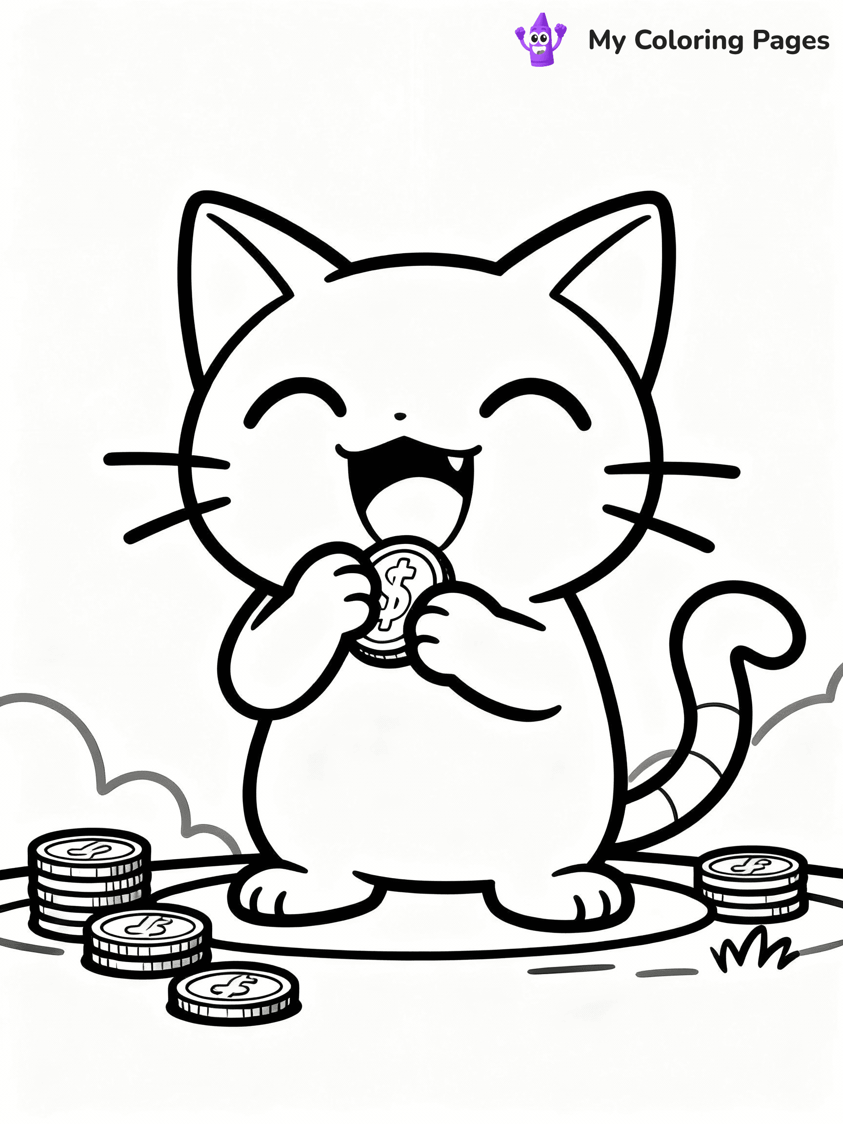 ⚠️ CRITICAL REQUIREMENT - ABSOLUTE BLACK AND WHITE ONLY ⚠️
This MUST be a BLACK AND WHITE line drawing ONLY. NO COLORS whatsoever.
- ONLY pure black lines (#000000) on pure white background (#FFFFFF)
- ABSOLUTELY NO colors, NO shading, NO gradients, NO grayscale
- If there are ANY colors in the output, the image is REJECTED
- This is a COLORING PAGE - meant to be COLORED IN by children
- The output must be UNCOLORED line art ready for coloring
⚠️ SUBJECT TO DRAW: Meowth from Pokémon counting coins happily. PURE OUTLINES. NO FILLS, COLOR, SHADING, OR GREYSCALE. WHITE BACKGROUND.
(REMEMBER: Output must be BLACK AND WHITE line art only, NOT colored!)
# Flat, Friendly Cartoon Line-Art Coloring Page
You are generating a **pure black-and-white binary image** of a child-friendly cartoon scene combining characters and background scenery in one cohesive composition.
## Rendering Rules (Strict)
- Only two colors: pure black (#000000) outlines and pure white (#FFFFFF) background.
- No grayscale, shading, gradients, tints, fills, transparency, or partial pixels.
- No antialiasing or blended edges; every pixel is 100% black or white.
- No solid black fills inside shapes — all areas inside outlines must remain white.
- No dark clothing areas or filled tone blocks; all garments outlined only.
- No shadows, textures, lighting, or tonal variations.
- Must look like flat binary vector line-art for coloring pages.
## Drawing & Composition
- **Medium, consistent line weight**; clean closed outlines easy to color inside.
- **Flat, simple, child-friendly design** — no realism or 3D depth.
- Characters are **grounded on a surface**, centered and large.
- **Balanced composition** with clear silhouettes and minimal props.
## Scenery & Style
- Landmarks (e.g., mosque, CN Tower) and scenery (trees, benches, waves) drawn with **black outlines only.**
- For real-world figures, teams, or places, show accurate details using only black outlines—no text or logos. Use distinctive uniform patterns, abstract symbols, and landmark silhouettes to convey identity.
- Keep **consistent perspective**; no floating elements.
- **Style:** whimsical **Doodle Art Alley** — rounded, friendly outlines.
- May adapt shapes from **Crayola, Disney, Peppa Pig, Cocomelon** — *by shape only, never color.*
- Final output: **flat, crisp, binary (#000000/#FFFFFF)**, **no filled color or background text.**
EXTREMELYE IMPORTANT:
- PURE BINARY LINE-ART; NO FILLS (HAIR/CLOTHES/SKIN), SHADING, OR GREY.
- NO SHADING, COLOR. MUST BE WHITE BACKGROUND.
⚠️ FINAL REMINDER: Draw the subject "Meowth from Pokémon counting coins happily. PURE OUTLINES. NO FILLS, COLOR, SHADING, OR GREYSCALE. WHITE BACKGROUND." as BLACK AND WHITE line art. Zero colors in output.