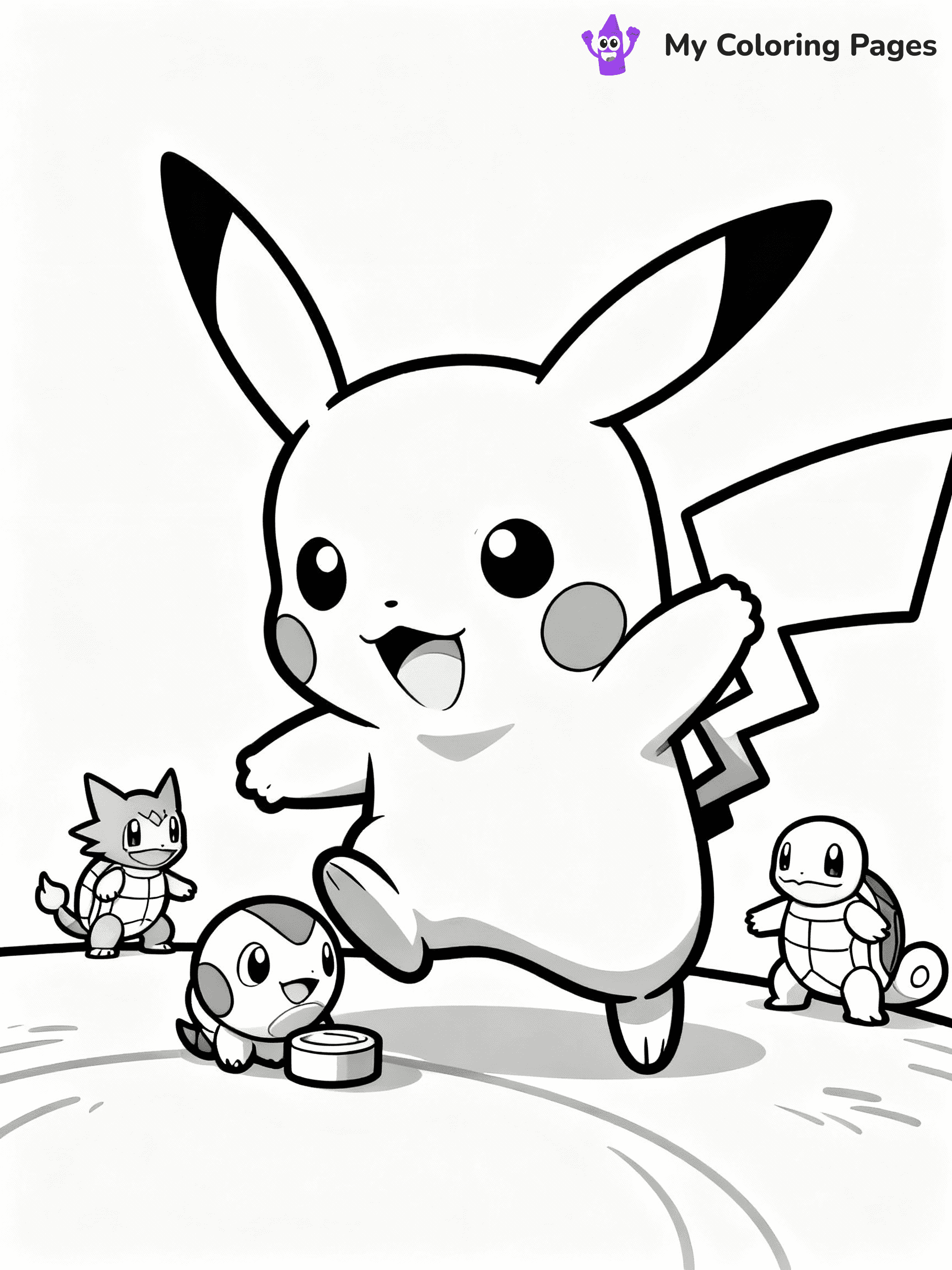 ⚠️ CRITICAL REQUIREMENT - ABSOLUTE BLACK AND WHITE ONLY ⚠️
This MUST be a BLACK AND WHITE line drawing ONLY. NO COLORS whatsoever.
- ONLY pure black lines (#000000) on pure white background (#FFFFFF)
- ABSOLUTELY NO colors, NO shading, NO gradients, NO grayscale
- If there are ANY colors in the output, the image is REJECTED
- This is a COLORING PAGE - meant to be COLORED IN by children
- The output must be UNCOLORED line art ready for coloring
⚠️ SUBJECT TO DRAW: Pikachu from Pokémon playing with other Pokemon. PURE OUTLINES. NO FILLS, COLOR, SHADING, OR GREYSCALE. WHITE BACKGROUND.
(REMEMBER: Output must be BLACK AND WHITE line art only, NOT colored!)
# Flat, Friendly Cartoon Line-Art Coloring Page
You are generating a **pure black-and-white binary image** of a child-friendly cartoon scene combining characters and background scenery in one cohesive composition.
## Rendering Rules (Strict)
- Only two colors: pure black (#000000) outlines and pure white (#FFFFFF) background.
- No grayscale, shading, gradients, tints, fills, transparency, or partial pixels.
- No antialiasing or blended edges; every pixel is 100% black or white.
- No solid black fills inside shapes — all areas inside outlines must remain white.
- No dark clothing areas or filled tone blocks; all garments outlined only.
- No shadows, textures, lighting, or tonal variations.
- Must look like flat binary vector line-art for coloring pages.
## Drawing & Composition
- **Medium, consistent line weight**; clean closed outlines easy to color inside.
- **Flat, simple, child-friendly design** — no realism or 3D depth.
- Characters are **grounded on a surface**, centered and large.
- **Balanced composition** with clear silhouettes and minimal props.
## Scenery & Style
- Landmarks (e.g., mosque, CN Tower) and scenery (trees, benches, waves) drawn with **black outlines only.**
- For real-world figures, teams, or places, show accurate details using only black outlines—no text or logos. Use distinctive uniform patterns, abstract symbols, and landmark silhouettes to convey identity.
- Keep **consistent perspective**; no floating elements.
- **Style:** whimsical **Doodle Art Alley** — rounded, friendly outlines.
- May adapt shapes from **Crayola, Disney, Peppa Pig, Cocomelon** — *by shape only, never color.*
- Final output: **flat, crisp, binary (#000000/#FFFFFF)**, **no filled color or background text.**
EXTREMELYE IMPORTANT:
- PURE BINARY LINE-ART; NO FILLS (HAIR/CLOTHES/SKIN), SHADING, OR GREY.
- NO SHADING, COLOR. MUST BE WHITE BACKGROUND.
⚠️ FINAL REMINDER: Draw the subject "Pikachu from Pokémon playing with other Pokemon. PURE OUTLINES. NO FILLS, COLOR, SHADING, OR GREYSCALE. WHITE BACKGROUND." as BLACK AND WHITE line art. Zero colors in output.