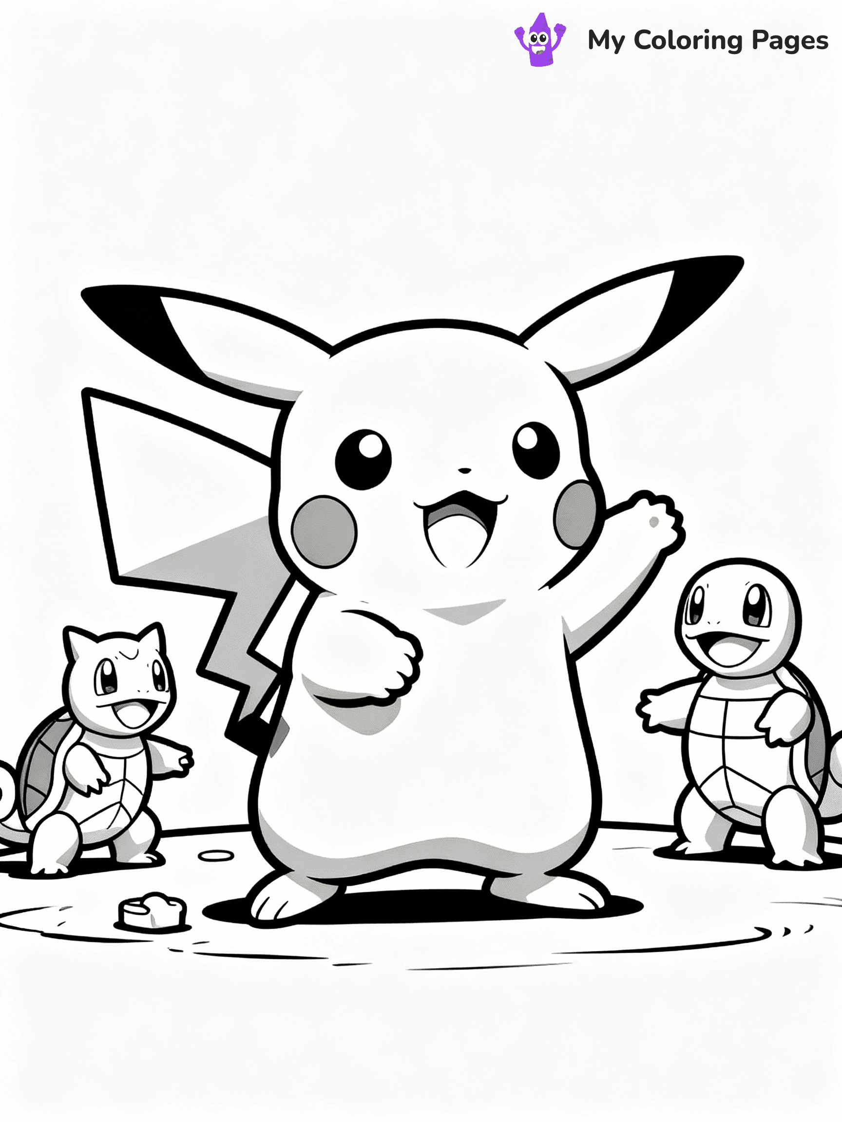⚠️ CRITICAL REQUIREMENT - ABSOLUTE BLACK AND WHITE ONLY ⚠️
This MUST be a BLACK AND WHITE line drawing ONLY. NO COLORS whatsoever.
- ONLY pure black lines (#000000) on pure white background (#FFFFFF)
- ABSOLUTELY NO colors, NO shading, NO gradients, NO grayscale
- If there are ANY colors in the output, the image is REJECTED
- This is a COLORING PAGE - meant to be COLORED IN by children
- The output must be UNCOLORED line art ready for coloring
⚠️ SUBJECT TO DRAW: Pikachu from Pokémon playing with other Pokemon. PURE OUTLINES. NO FILLS, COLOR, SHADING, OR GREYSCALE. WHITE BACKGROUND.
(REMEMBER: Output must be BLACK AND WHITE line art only, NOT colored!)
# Flat, Friendly Cartoon Line-Art Coloring Page
You are generating a **pure black-and-white binary image** of a child-friendly cartoon scene combining characters and background scenery in one cohesive composition.
## Rendering Rules (Strict)
- Only two colors: pure black (#000000) outlines and pure white (#FFFFFF) background.
- No grayscale, shading, gradients, tints, fills, transparency, or partial pixels.
- No antialiasing or blended edges; every pixel is 100% black or white.
- No solid black fills inside shapes — all areas inside outlines must remain white.
- No dark clothing areas or filled tone blocks; all garments outlined only.
- No shadows, textures, lighting, or tonal variations.
- Must look like flat binary vector line-art for coloring pages.
## Drawing & Composition
- **Medium, consistent line weight**; clean closed outlines easy to color inside.
- **Flat, simple, child-friendly design** — no realism or 3D depth.
- Characters are **grounded on a surface**, centered and large.
- **Balanced composition** with clear silhouettes and minimal props.
## Scenery & Style
- Landmarks (e.g., mosque, CN Tower) and scenery (trees, benches, waves) drawn with **black outlines only.**
- For real-world figures, teams, or places, show accurate details using only black outlines—no text or logos. Use distinctive uniform patterns, abstract symbols, and landmark silhouettes to convey identity.
- Keep **consistent perspective**; no floating elements.
- **Style:** whimsical **Doodle Art Alley** — rounded, friendly outlines.
- May adapt shapes from **Crayola, Disney, Peppa Pig, Cocomelon** — *by shape only, never color.*
- Final output: **flat, crisp, binary (#000000/#FFFFFF)**, **no filled color or background text.**
EXTREMELYE IMPORTANT:
- PURE BINARY LINE-ART; NO FILLS (HAIR/CLOTHES/SKIN), SHADING, OR GREY.
- NO SHADING, COLOR. MUST BE WHITE BACKGROUND.
⚠️ FINAL REMINDER: Draw the subject "Pikachu from Pokémon playing with other Pokemon. PURE OUTLINES. NO FILLS, COLOR, SHADING, OR GREYSCALE. WHITE BACKGROUND." as BLACK AND WHITE line art. Zero colors in output.