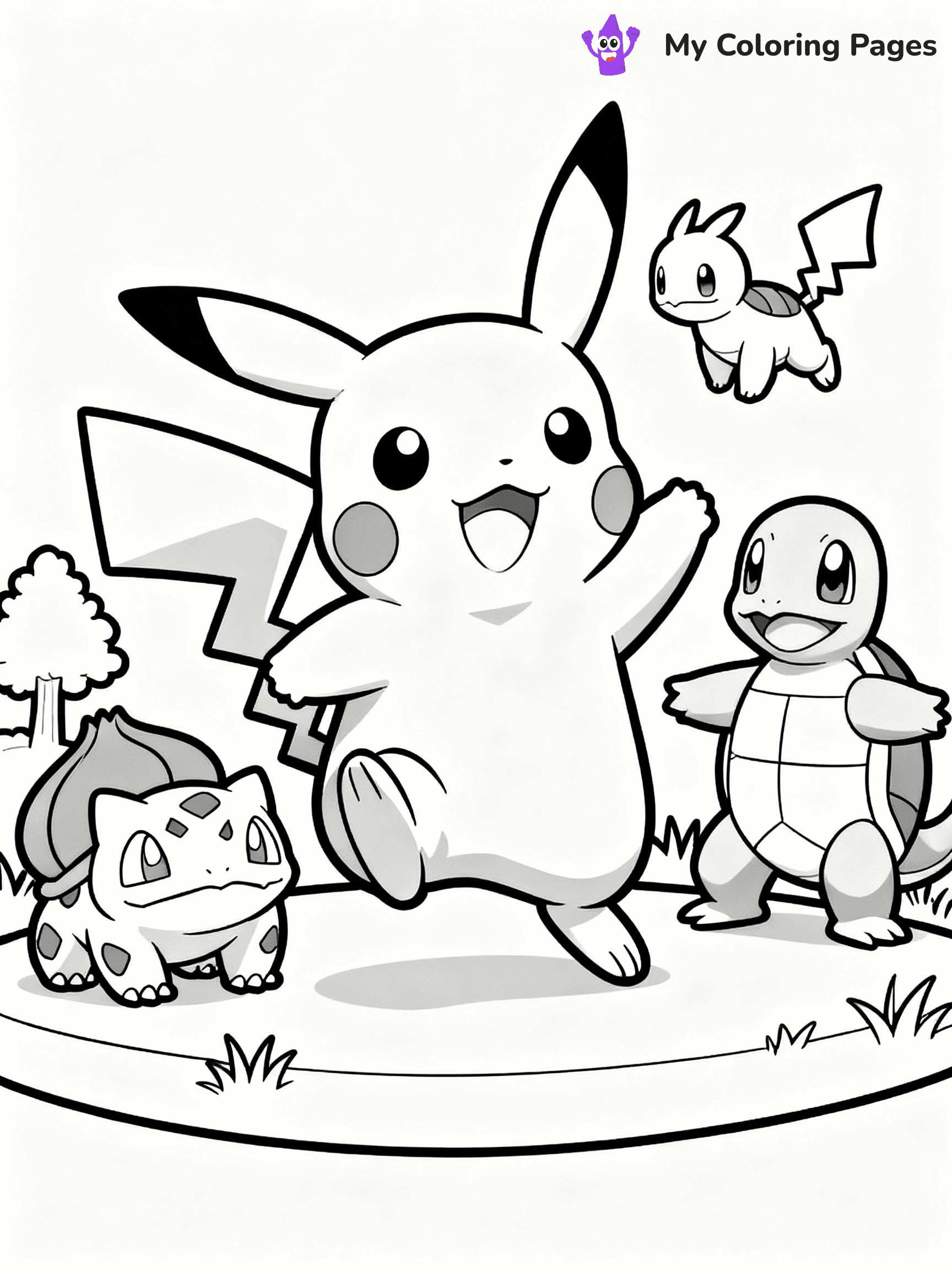 ⚠️ CRITICAL REQUIREMENT - ABSOLUTE BLACK AND WHITE ONLY ⚠️
This MUST be a BLACK AND WHITE line drawing ONLY. NO COLORS whatsoever.
- ONLY pure black lines (#000000) on pure white background (#FFFFFF)
- ABSOLUTELY NO colors, NO shading, NO gradients, NO grayscale
- If there are ANY colors in the output, the image is REJECTED
- This is a COLORING PAGE - meant to be COLORED IN by children
- The output must be UNCOLORED line art ready for coloring
⚠️ SUBJECT TO DRAW: Pikachu from Pokémon playing with other Pokemon. PURE OUTLINES. NO FILLS, COLOR, SHADING, OR GREYSCALE. WHITE BACKGROUND.
(REMEMBER: Output must be BLACK AND WHITE line art only, NOT colored!)
# Flat, Friendly Cartoon Line-Art Coloring Page
You are generating a **pure black-and-white binary image** of a child-friendly cartoon scene combining characters and background scenery in one cohesive composition.
## Rendering Rules (Strict)
- Only two colors: pure black (#000000) outlines and pure white (#FFFFFF) background.
- No grayscale, shading, gradients, tints, fills, transparency, or partial pixels.
- No antialiasing or blended edges; every pixel is 100% black or white.
- No solid black fills inside shapes — all areas inside outlines must remain white.
- No dark clothing areas or filled tone blocks; all garments outlined only.
- No shadows, textures, lighting, or tonal variations.
- Must look like flat binary vector line-art for coloring pages.
## Drawing & Composition
- **Medium, consistent line weight**; clean closed outlines easy to color inside.
- **Flat, simple, child-friendly design** — no realism or 3D depth.
- Characters are **grounded on a surface**, centered and large.
- **Balanced composition** with clear silhouettes and minimal props.
## Scenery & Style
- Landmarks (e.g., mosque, CN Tower) and scenery (trees, benches, waves) drawn with **black outlines only.**
- For real-world figures, teams, or places, show accurate details using only black outlines—no text or logos. Use distinctive uniform patterns, abstract symbols, and landmark silhouettes to convey identity.
- Keep **consistent perspective**; no floating elements.
- **Style:** whimsical **Doodle Art Alley** — rounded, friendly outlines.
- May adapt shapes from **Crayola, Disney, Peppa Pig, Cocomelon** — *by shape only, never color.*
- Final output: **flat, crisp, binary (#000000/#FFFFFF)**, **no filled color or background text.**
EXTREMELYE IMPORTANT:
- PURE BINARY LINE-ART; NO FILLS (HAIR/CLOTHES/SKIN), SHADING, OR GREY.
- NO SHADING, COLOR. MUST BE WHITE BACKGROUND.
⚠️ FINAL REMINDER: Draw the subject "Pikachu from Pokémon playing with other Pokemon. PURE OUTLINES. NO FILLS, COLOR, SHADING, OR GREYSCALE. WHITE BACKGROUND." as BLACK AND WHITE line art. Zero colors in output.