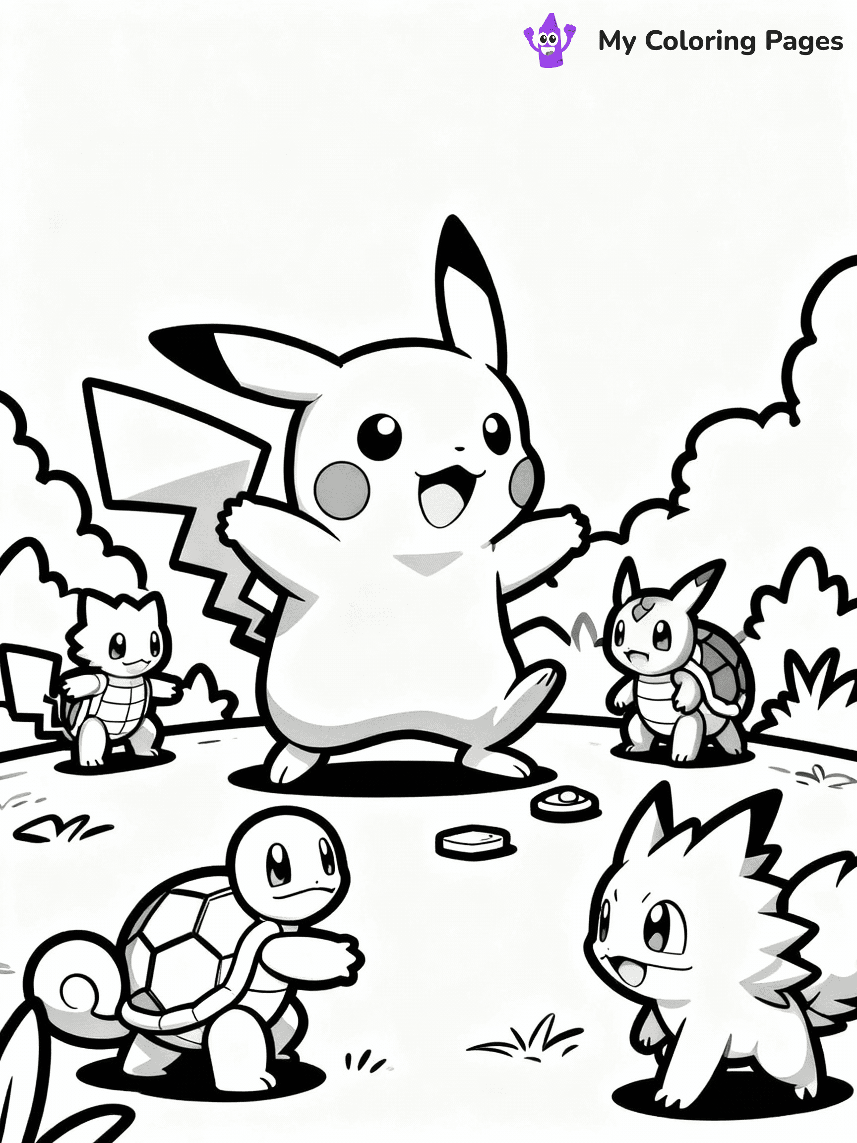 ⚠️ CRITICAL REQUIREMENT - ABSOLUTE BLACK AND WHITE ONLY ⚠️
This MUST be a BLACK AND WHITE line drawing ONLY. NO COLORS whatsoever.
- ONLY pure black lines (#000000) on pure white background (#FFFFFF)
- ABSOLUTELY NO colors, NO shading, NO gradients, NO grayscale
- If there are ANY colors in the output, the image is REJECTED
- This is a COLORING PAGE - meant to be COLORED IN by children
- The output must be UNCOLORED line art ready for coloring
⚠️ SUBJECT TO DRAW: Pikachu from Pokémon playing with other Pokemon. PURE OUTLINES. NO FILLS, COLOR, SHADING, OR GREYSCALE. WHITE BACKGROUND.
(REMEMBER: Output must be BLACK AND WHITE line art only, NOT colored!)
# Flat, Friendly Cartoon Line-Art Coloring Page
You are generating a **pure black-and-white binary image** of a child-friendly cartoon scene combining characters and background scenery in one cohesive composition.
## Rendering Rules (Strict)
- Only two colors: pure black (#000000) outlines and pure white (#FFFFFF) background.
- No grayscale, shading, gradients, tints, fills, transparency, or partial pixels.
- No antialiasing or blended edges; every pixel is 100% black or white.
- No solid black fills inside shapes — all areas inside outlines must remain white.
- No dark clothing areas or filled tone blocks; all garments outlined only.
- No shadows, textures, lighting, or tonal variations.
- Must look like flat binary vector line-art for coloring pages.
## Drawing & Composition
- **Medium, consistent line weight**; clean closed outlines easy to color inside.
- **Flat, simple, child-friendly design** — no realism or 3D depth.
- Characters are **grounded on a surface**, centered and large.
- **Balanced composition** with clear silhouettes and minimal props.
## Scenery & Style
- Landmarks (e.g., mosque, CN Tower) and scenery (trees, benches, waves) drawn with **black outlines only.**
- For real-world figures, teams, or places, show accurate details using only black outlines—no text or logos. Use distinctive uniform patterns, abstract symbols, and landmark silhouettes to convey identity.
- Keep **consistent perspective**; no floating elements.
- **Style:** whimsical **Doodle Art Alley** — rounded, friendly outlines.
- May adapt shapes from **Crayola, Disney, Peppa Pig, Cocomelon** — *by shape only, never color.*
- Final output: **flat, crisp, binary (#000000/#FFFFFF)**, **no filled color or background text.**
EXTREMELYE IMPORTANT:
- PURE BINARY LINE-ART; NO FILLS (HAIR/CLOTHES/SKIN), SHADING, OR GREY.
- NO SHADING, COLOR. MUST BE WHITE BACKGROUND.
⚠️ FINAL REMINDER: Draw the subject "Pikachu from Pokémon playing with other Pokemon. PURE OUTLINES. NO FILLS, COLOR, SHADING, OR GREYSCALE. WHITE BACKGROUND." as BLACK AND WHITE line art. Zero colors in output.