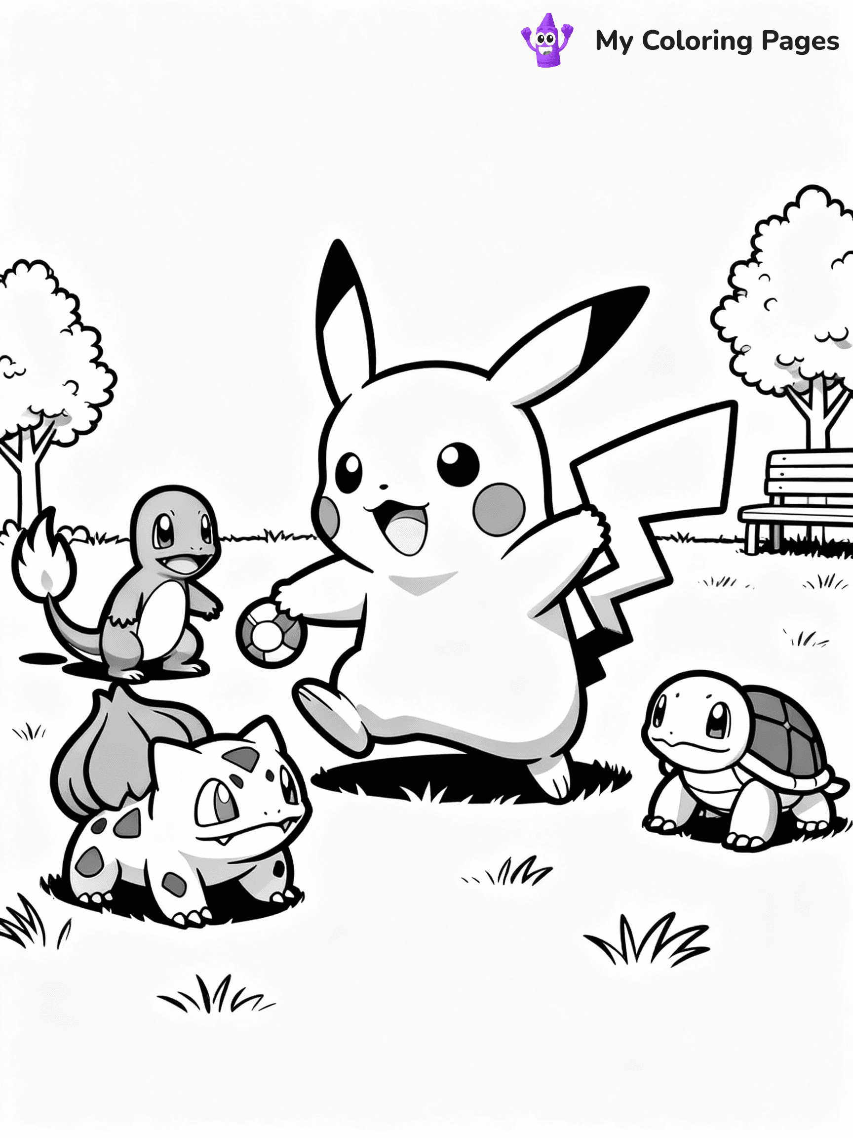 ⚠️ CRITICAL REQUIREMENT - ABSOLUTE BLACK AND WHITE ONLY ⚠️
This MUST be a BLACK AND WHITE line drawing ONLY. NO COLORS whatsoever.
- ONLY pure black lines (#000000) on pure white background (#FFFFFF)
- ABSOLUTELY NO colors, NO shading, NO gradients, NO grayscale
- If there are ANY colors in the output, the image is REJECTED
- This is a COLORING PAGE - meant to be COLORED IN by children
- The output must be UNCOLORED line art ready for coloring
⚠️ SUBJECT TO DRAW: Pikachu from Pokémon playing with other Pokemon. PURE OUTLINES. NO FILLS, COLOR, SHADING, OR GREYSCALE. WHITE BACKGROUND.
(REMEMBER: Output must be BLACK AND WHITE line art only, NOT colored!)
# Flat, Friendly Cartoon Line-Art Coloring Page
You are generating a **pure black-and-white binary image** of a child-friendly cartoon scene combining characters and background scenery in one cohesive composition.
## Rendering Rules (Strict)
- Only two colors: pure black (#000000) outlines and pure white (#FFFFFF) background.
- No grayscale, shading, gradients, tints, fills, transparency, or partial pixels.
- No antialiasing or blended edges; every pixel is 100% black or white.
- No solid black fills inside shapes — all areas inside outlines must remain white.
- No dark clothing areas or filled tone blocks; all garments outlined only.
- No shadows, textures, lighting, or tonal variations.
- Must look like flat binary vector line-art for coloring pages.
## Drawing & Composition
- **Medium, consistent line weight**; clean closed outlines easy to color inside.
- **Flat, simple, child-friendly design** — no realism or 3D depth.
- Characters are **grounded on a surface**, centered and large.
- **Balanced composition** with clear silhouettes and minimal props.
## Scenery & Style
- Landmarks (e.g., mosque, CN Tower) and scenery (trees, benches, waves) drawn with **black outlines only.**
- For real-world figures, teams, or places, show accurate details using only black outlines—no text or logos. Use distinctive uniform patterns, abstract symbols, and landmark silhouettes to convey identity.
- Keep **consistent perspective**; no floating elements.
- **Style:** whimsical **Doodle Art Alley** — rounded, friendly outlines.
- May adapt shapes from **Crayola, Disney, Peppa Pig, Cocomelon** — *by shape only, never color.*
- Final output: **flat, crisp, binary (#000000/#FFFFFF)**, **no filled color or background text.**
EXTREMELYE IMPORTANT:
- PURE BINARY LINE-ART; NO FILLS (HAIR/CLOTHES/SKIN), SHADING, OR GREY.
- NO SHADING, COLOR. MUST BE WHITE BACKGROUND.
⚠️ FINAL REMINDER: Draw the subject "Pikachu from Pokémon playing with other Pokemon. PURE OUTLINES. NO FILLS, COLOR, SHADING, OR GREYSCALE. WHITE BACKGROUND." as BLACK AND WHITE line art. Zero colors in output.
