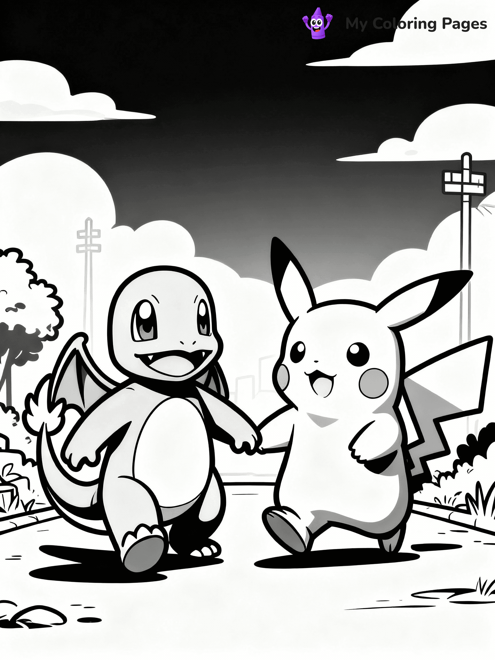 ⚠️ CRITICAL REQUIREMENT - ABSOLUTE BLACK AND WHITE ONLY ⚠️
This MUST be a BLACK AND WHITE line drawing ONLY. NO COLORS whatsoever.
- ONLY pure black lines (#000000) on pure white background (#FFFFFF)
- ABSOLUTELY NO colors, NO shading, NO gradients, NO grayscale
- If there are ANY colors in the output, the image is REJECTED
- This is a COLORING PAGE - meant to be COLORED IN by children
- The output must be UNCOLORED line art ready for coloring
⚠️ SUBJECT TO DRAW: Charmander from Pokémon going for a walk with Pikachu. PURE OUTLINES. NO FILLS, COLOR, SHADING, OR GREYSCALE. WHITE BACKGROUND.
(REMEMBER: Output must be BLACK AND WHITE line art only, NOT colored!)
# Flat, Friendly Cartoon Line-Art Coloring Page
You are generating a **pure black-and-white binary image** of a child-friendly cartoon scene combining characters and background scenery in one cohesive composition.
## Rendering Rules (Strict)
- Only two colors: pure black (#000000) outlines and pure white (#FFFFFF) background.
- No grayscale, shading, gradients, tints, fills, transparency, or partial pixels.
- No antialiasing or blended edges; every pixel is 100% black or white.
- No solid black fills inside shapes — all areas inside outlines must remain white.
- No dark clothing areas or filled tone blocks; all garments outlined only.
- No shadows, textures, lighting, or tonal variations.
- Must look like flat binary vector line-art for coloring pages.
## Drawing & Composition
- **Medium, consistent line weight**; clean closed outlines easy to color inside.
- **Flat, simple, child-friendly design** — no realism or 3D depth.
- Characters are **grounded on a surface**, centered and large.
- **Balanced composition** with clear silhouettes and minimal props.
## Scenery & Style
- Landmarks (e.g., mosque, CN Tower) and scenery (trees, benches, waves) drawn with **black outlines only.**
- For real-world figures, teams, or places, show accurate details using only black outlines—no text or logos. Use distinctive uniform patterns, abstract symbols, and landmark silhouettes to convey identity.
- Keep **consistent perspective**; no floating elements.
- **Style:** whimsical **Doodle Art Alley** — rounded, friendly outlines.
- May adapt shapes from **Crayola, Disney, Peppa Pig, Cocomelon** — *by shape only, never color.*
- Final output: **flat, crisp, binary (#000000/#FFFFFF)**, **no filled color or background text.**
EXTREMELYE IMPORTANT:
- PURE BINARY LINE-ART; NO FILLS (HAIR/CLOTHES/SKIN), SHADING, OR GREY.
- NO SHADING, COLOR. MUST BE WHITE BACKGROUND.
⚠️ FINAL REMINDER: Draw the subject "Charmander from Pokémon going for a walk with Pikachu. PURE OUTLINES. NO FILLS, COLOR, SHADING, OR GREYSCALE. WHITE BACKGROUND." as BLACK AND WHITE line art. Zero colors in output.