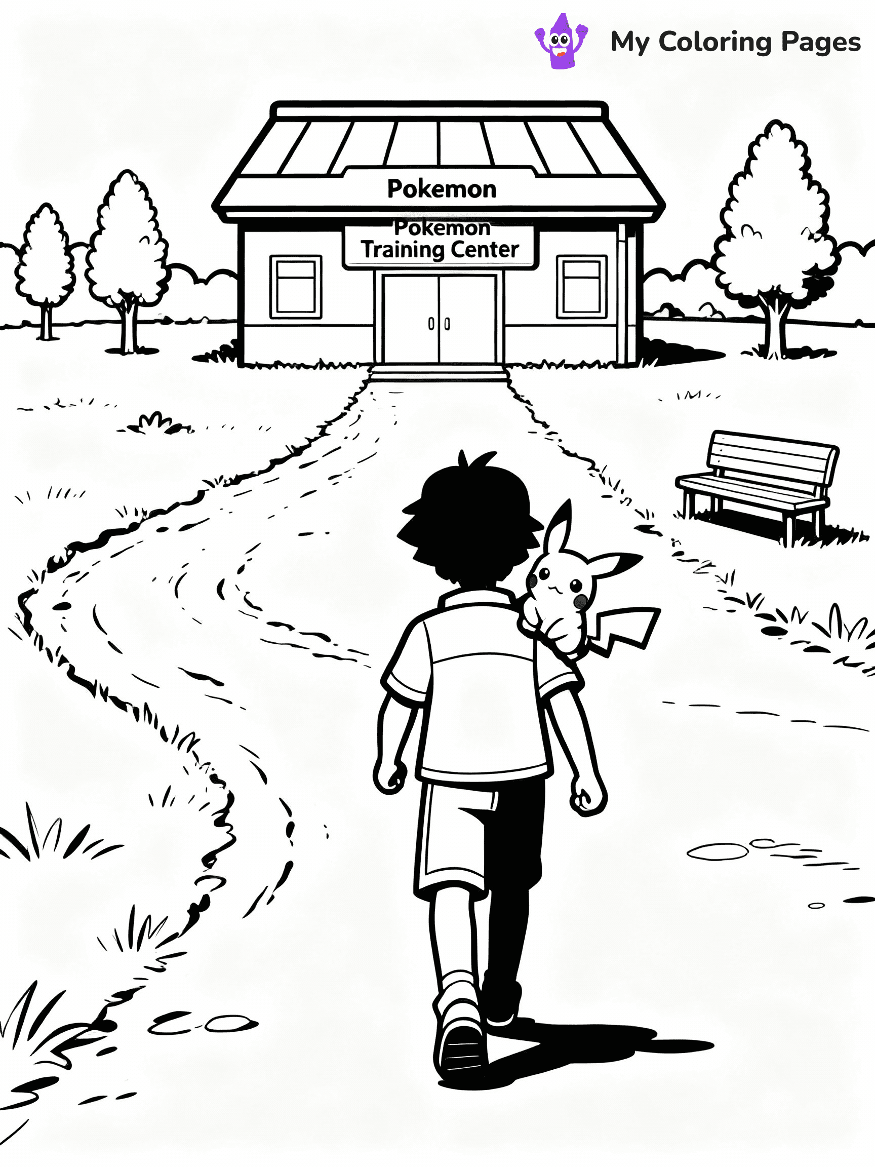 ⚠️ CRITICAL REQUIREMENT - ABSOLUTE BLACK AND WHITE ONLY ⚠️
This MUST be a BLACK AND WHITE line drawing ONLY. NO COLORS whatsoever.
- ONLY pure black lines (#000000) on pure white background (#FFFFFF)
- ABSOLUTELY NO colors, NO shading, NO gradients, NO grayscale
- If there are ANY colors in the output, the image is REJECTED
- This is a COLORING PAGE - meant to be COLORED IN by children
- The output must be UNCOLORED line art ready for coloring
⚠️ SUBJECT TO DRAW: Ash Ketchum walking with Pikachu to the Pokemon training center. PURE OUTLINES. NO FILLS, COLOR, SHADING, OR GREYSCALE. WHITE BACKGROUND.
(REMEMBER: Output must be BLACK AND WHITE line art only, NOT colored!)
# Flat, Friendly Cartoon Line-Art Coloring Page
You are generating a **pure black-and-white binary image** of a child-friendly cartoon scene combining characters and background scenery in one cohesive composition.
## Rendering Rules (Strict)
- Only two colors: pure black (#000000) outlines and pure white (#FFFFFF) background.
- No grayscale, shading, gradients, tints, fills, transparency, or partial pixels.
- No antialiasing or blended edges; every pixel is 100% black or white.
- No solid black fills inside shapes — all areas inside outlines must remain white.
- No dark clothing areas or filled tone blocks; all garments outlined only.
- No shadows, textures, lighting, or tonal variations.
- Must look like flat binary vector line-art for coloring pages.
## Drawing & Composition
- **Medium, consistent line weight**; clean closed outlines easy to color inside.
- **Flat, simple, child-friendly design** — no realism or 3D depth.
- Characters are **grounded on a surface**, centered and large.
- **Balanced composition** with clear silhouettes and minimal props.
## Scenery & Style
- Landmarks (e.g., mosque, CN Tower) and scenery (trees, benches, waves) drawn with **black outlines only.**
- For real-world figures, teams, or places, show accurate details using only black outlines—no text or logos. Use distinctive uniform patterns, abstract symbols, and landmark silhouettes to convey identity.
- Keep **consistent perspective**; no floating elements.
- **Style:** whimsical **Doodle Art Alley** — rounded, friendly outlines.
- May adapt shapes from **Crayola, Disney, Peppa Pig, Cocomelon** — *by shape only, never color.*
- Final output: **flat, crisp, binary (#000000/#FFFFFF)**, **no filled color or background text.**
EXTREMELYE IMPORTANT:
- PURE BINARY LINE-ART; NO FILLS (HAIR/CLOTHES/SKIN), SHADING, OR GREY.
- NO SHADING, COLOR. MUST BE WHITE BACKGROUND.
⚠️ FINAL REMINDER: Draw the subject "Ash Ketchum walking with Pikachu to the Pokemon training center. PURE OUTLINES. NO FILLS, COLOR, SHADING, OR GREYSCALE. WHITE BACKGROUND." as BLACK AND WHITE line art. Zero colors in output.