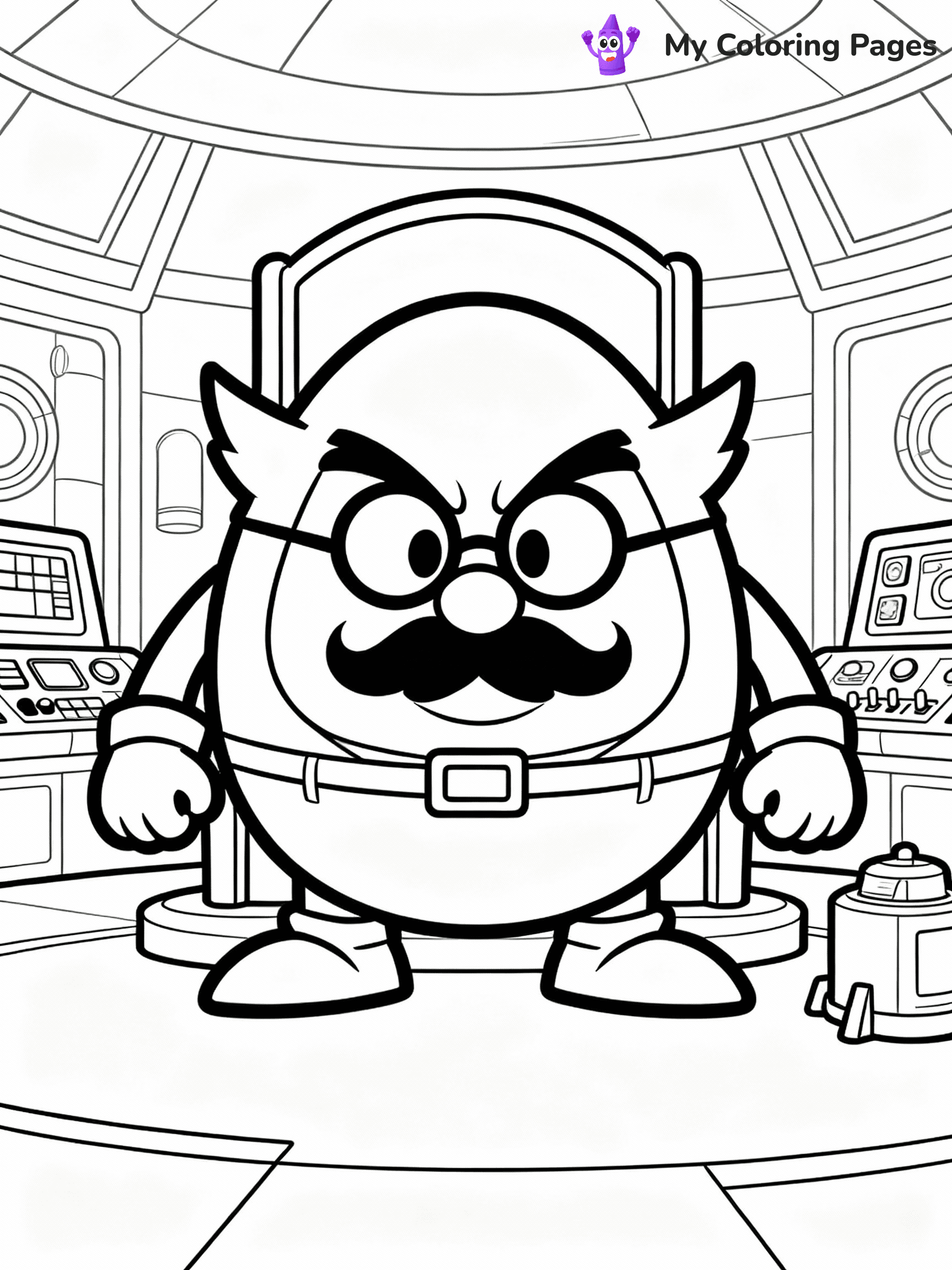 ⚠️ CRITICAL REQUIREMENT - ABSOLUTE BLACK AND WHITE ONLY ⚠️
This MUST be a BLACK AND WHITE line drawing ONLY. NO COLORS whatsoever.
- ONLY pure black lines (#000000) on pure white background (#FFFFFF)
- ABSOLUTELY NO colors, NO shading, NO gradients, NO grayscale
- If there are ANY colors in the output, the image is REJECTED
- This is a COLORING PAGE - meant to be COLORED IN by children
- The output must be UNCOLORED line art ready for coloring
⚠️ SUBJECT TO DRAW: Dr. Eggman from Sonic in his evil lair. Important: PURE OUTLINES. NO FILLS, COLOR, SHADING, OR GREYSCALE. WHITE BACKGROUND.
(REMEMBER: Output must be BLACK AND WHITE line art only, NOT colored!)
# Flat, Friendly Cartoon Line-Art Coloring Page
You are generating a **pure black-and-white binary image** of a child-friendly cartoon scene combining characters and background scenery in one cohesive composition.
## Rendering Rules (Strict)
- Only two colors: pure black (#000000) outlines and pure white (#FFFFFF) background.
- No grayscale, shading, gradients, tints, fills, transparency, or partial pixels.
- No antialiasing or blended edges; every pixel is 100% black or white.
- No solid black fills inside shapes — all areas inside outlines must remain white.
- No dark clothing areas or filled tone blocks; all garments outlined only.
- No shadows, textures, lighting, or tonal variations.
- Must look like flat binary vector line-art for coloring pages.
## Drawing & Composition
- **Medium, consistent line weight**; clean closed outlines easy to color inside.
- **Flat, simple, child-friendly design** — no realism or 3D depth.
- Characters are **grounded on a surface**, centered and large.
- **Balanced composition** with clear silhouettes and minimal props.
## Scenery & Style
- Landmarks (e.g., mosque, CN Tower) and scenery (trees, benches, waves) drawn with **black outlines only.**
- For real-world figures, teams, or places, show accurate details using only black outlines—no text or logos. Use distinctive uniform patterns, abstract symbols, and landmark silhouettes to convey identity.
- Keep **consistent perspective**; no floating elements.
- **Style:** whimsical **Doodle Art Alley** — rounded, friendly outlines.
- May adapt shapes from **Crayola, Disney, Peppa Pig, Cocomelon** — *by shape only, never color.*
- Final output: **flat, crisp, binary (#000000/#FFFFFF)**, **no filled color or background text.**
EXTREMELYE IMPORTANT:
- PURE BINARY LINE-ART; NO FILLS (HAIR/CLOTHES/SKIN), SHADING, OR GREY.
- NO SHADING, COLOR. MUST BE WHITE BACKGROUND.
⚠️ FINAL REMINDER: Draw the subject "Dr. Eggman from Sonic in his evil lair. Important: PURE OUTLINES. NO FILLS, COLOR, SHADING, OR GREYSCALE. WHITE BACKGROUND." as BLACK AND WHITE line art. Zero colors in output.