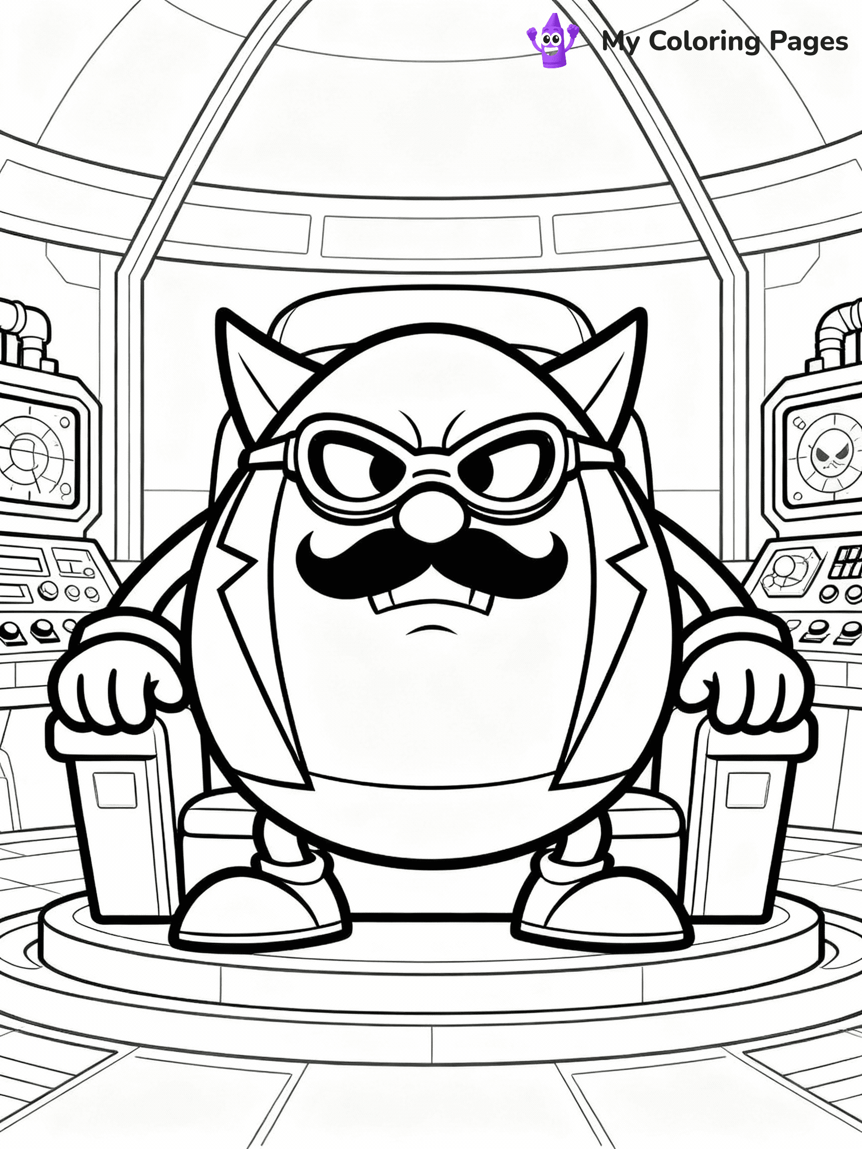 ⚠️ CRITICAL REQUIREMENT - ABSOLUTE BLACK AND WHITE ONLY ⚠️
This MUST be a BLACK AND WHITE line drawing ONLY. NO COLORS whatsoever.
- ONLY pure black lines (#000000) on pure white background (#FFFFFF)
- ABSOLUTELY NO colors, NO shading, NO gradients, NO grayscale
- If there are ANY colors in the output, the image is REJECTED
- This is a COLORING PAGE - meant to be COLORED IN by children
- The output must be UNCOLORED line art ready for coloring
⚠️ SUBJECT TO DRAW: Dr. Eggman from Sonic in his evil lair. Important: PURE OUTLINES. NO FILLS, COLOR, SHADING, OR GREYSCALE. WHITE BACKGROUND.
(REMEMBER: Output must be BLACK AND WHITE line art only, NOT colored!)
# Flat, Friendly Cartoon Line-Art Coloring Page
You are generating a **pure black-and-white binary image** of a child-friendly cartoon scene combining characters and background scenery in one cohesive composition.
## Rendering Rules (Strict)
- Only two colors: pure black (#000000) outlines and pure white (#FFFFFF) background.
- No grayscale, shading, gradients, tints, fills, transparency, or partial pixels.
- No antialiasing or blended edges; every pixel is 100% black or white.
- No solid black fills inside shapes — all areas inside outlines must remain white.
- No dark clothing areas or filled tone blocks; all garments outlined only.
- No shadows, textures, lighting, or tonal variations.
- Must look like flat binary vector line-art for coloring pages.
## Drawing & Composition
- **Medium, consistent line weight**; clean closed outlines easy to color inside.
- **Flat, simple, child-friendly design** — no realism or 3D depth.
- Characters are **grounded on a surface**, centered and large.
- **Balanced composition** with clear silhouettes and minimal props.
## Scenery & Style
- Landmarks (e.g., mosque, CN Tower) and scenery (trees, benches, waves) drawn with **black outlines only.**
- For real-world figures, teams, or places, show accurate details using only black outlines—no text or logos. Use distinctive uniform patterns, abstract symbols, and landmark silhouettes to convey identity.
- Keep **consistent perspective**; no floating elements.
- **Style:** whimsical **Doodle Art Alley** — rounded, friendly outlines.
- May adapt shapes from **Crayola, Disney, Peppa Pig, Cocomelon** — *by shape only, never color.*
- Final output: **flat, crisp, binary (#000000/#FFFFFF)**, **no filled color or background text.**
EXTREMELYE IMPORTANT:
- PURE BINARY LINE-ART; NO FILLS (HAIR/CLOTHES/SKIN), SHADING, OR GREY.
- NO SHADING, COLOR. MUST BE WHITE BACKGROUND.
⚠️ FINAL REMINDER: Draw the subject "Dr. Eggman from Sonic in his evil lair. Important: PURE OUTLINES. NO FILLS, COLOR, SHADING, OR GREYSCALE. WHITE BACKGROUND." as BLACK AND WHITE line art. Zero colors in output.