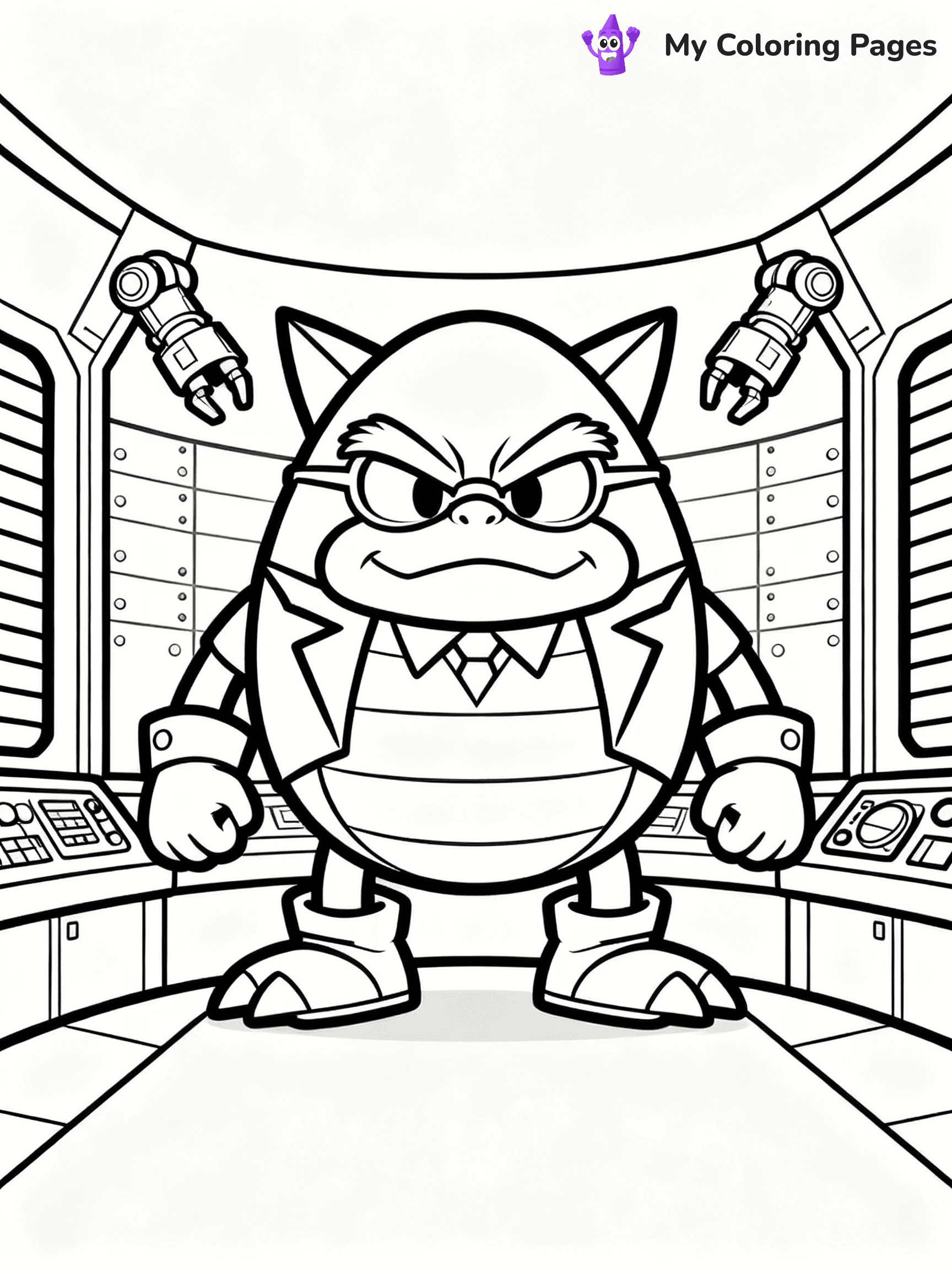 ⚠️ CRITICAL REQUIREMENT - ABSOLUTE BLACK AND WHITE ONLY ⚠️
This MUST be a BLACK AND WHITE line drawing ONLY. NO COLORS whatsoever.
- ONLY pure black lines (#000000) on pure white background (#FFFFFF)
- ABSOLUTELY NO colors, NO shading, NO gradients, NO grayscale
- If there are ANY colors in the output, the image is REJECTED
- This is a COLORING PAGE - meant to be COLORED IN by children
- The output must be UNCOLORED line art ready for coloring
⚠️ SUBJECT TO DRAW: Dr. Eggman from Sonic in his evil lair. Important: PURE OUTLINES. NO FILLS, COLOR, SHADING, OR GREYSCALE. WHITE BACKGROUND.
(REMEMBER: Output must be BLACK AND WHITE line art only, NOT colored!)
# Flat, Friendly Cartoon Line-Art Coloring Page
You are generating a **pure black-and-white binary image** of a child-friendly cartoon scene combining characters and background scenery in one cohesive composition.
## Rendering Rules (Strict)
- Only two colors: pure black (#000000) outlines and pure white (#FFFFFF) background.
- No grayscale, shading, gradients, tints, fills, transparency, or partial pixels.
- No antialiasing or blended edges; every pixel is 100% black or white.
- No solid black fills inside shapes — all areas inside outlines must remain white.
- No dark clothing areas or filled tone blocks; all garments outlined only.
- No shadows, textures, lighting, or tonal variations.
- Must look like flat binary vector line-art for coloring pages.
## Drawing & Composition
- **Medium, consistent line weight**; clean closed outlines easy to color inside.
- **Flat, simple, child-friendly design** — no realism or 3D depth.
- Characters are **grounded on a surface**, centered and large.
- **Balanced composition** with clear silhouettes and minimal props.
## Scenery & Style
- Landmarks (e.g., mosque, CN Tower) and scenery (trees, benches, waves) drawn with **black outlines only.**
- For real-world figures, teams, or places, show accurate details using only black outlines—no text or logos. Use distinctive uniform patterns, abstract symbols, and landmark silhouettes to convey identity.
- Keep **consistent perspective**; no floating elements.
- **Style:** whimsical **Doodle Art Alley** — rounded, friendly outlines.
- May adapt shapes from **Crayola, Disney, Peppa Pig, Cocomelon** — *by shape only, never color.*
- Final output: **flat, crisp, binary (#000000/#FFFFFF)**, **no filled color or background text.**
EXTREMELYE IMPORTANT:
- PURE BINARY LINE-ART; NO FILLS (HAIR/CLOTHES/SKIN), SHADING, OR GREY.
- NO SHADING, COLOR. MUST BE WHITE BACKGROUND.
⚠️ FINAL REMINDER: Draw the subject "Dr. Eggman from Sonic in his evil lair. Important: PURE OUTLINES. NO FILLS, COLOR, SHADING, OR GREYSCALE. WHITE BACKGROUND." as BLACK AND WHITE line art. Zero colors in output.