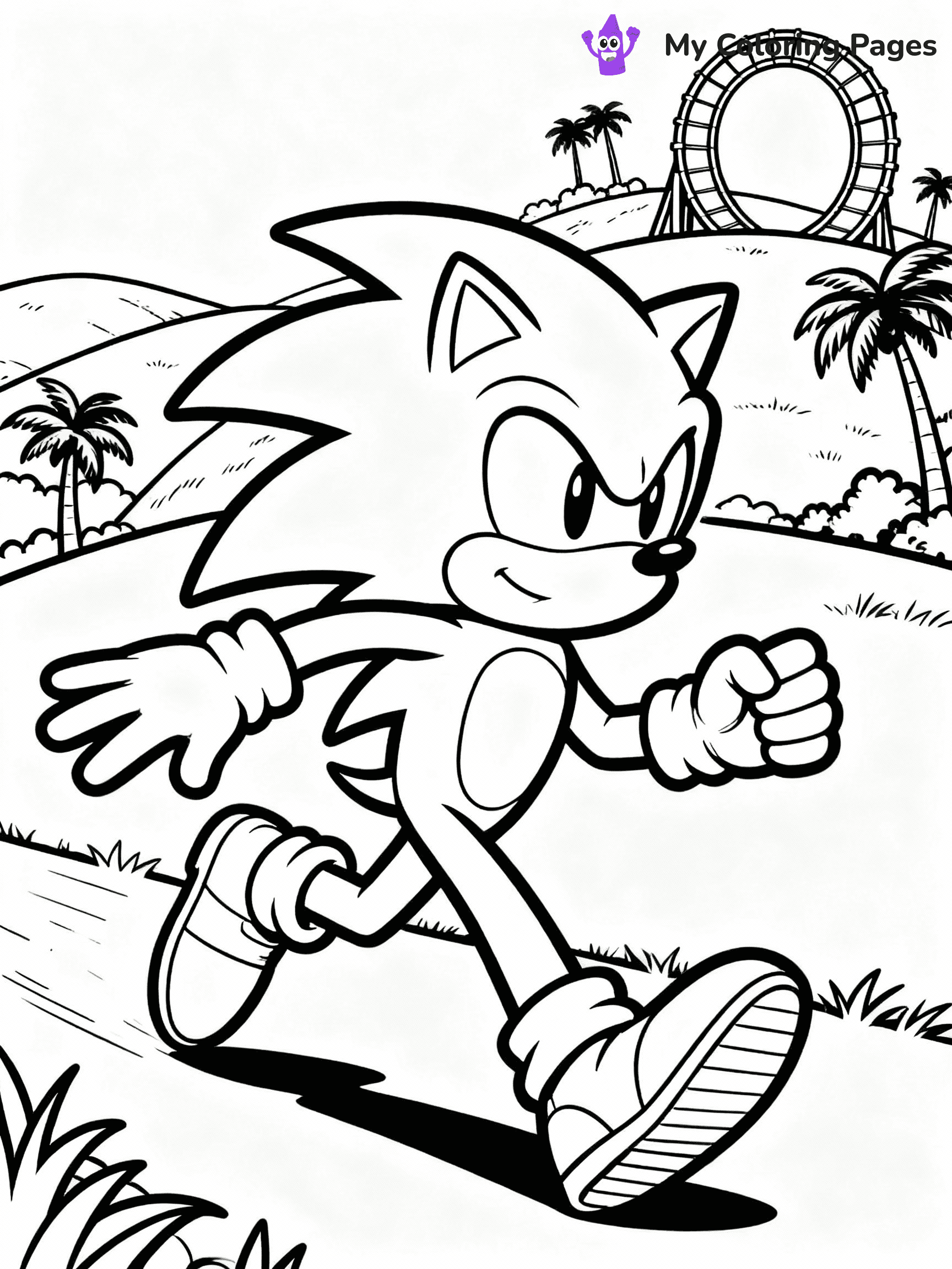 ⚠️ CRITICAL REQUIREMENT - ABSOLUTE BLACK AND WHITE ONLY ⚠️
This MUST be a BLACK AND WHITE line drawing ONLY. NO COLORS whatsoever.
- ONLY pure black lines (#000000) on pure white background (#FFFFFF)
- ABSOLUTELY NO colors, NO shading, NO gradients, NO grayscale
- If there are ANY colors in the output, the image is REJECTED
- This is a COLORING PAGE - meant to be COLORED IN by children
- The output must be UNCOLORED line art ready for coloring
⚠️ SUBJECT TO DRAW: Classic Sonic from Sonic running through Green Hill Zone. Important: PURE OUTLINES. NO FILLS, COLOR, SHADING, OR GREYSCALE. WHITE BACKGROUND.
(REMEMBER: Output must be BLACK AND WHITE line art only, NOT colored!)
# Flat, Friendly Cartoon Line-Art Coloring Page
You are generating a **pure black-and-white binary image** of a child-friendly cartoon scene combining characters and background scenery in one cohesive composition.
## Rendering Rules (Strict)
- Only two colors: pure black (#000000) outlines and pure white (#FFFFFF) background.
- No grayscale, shading, gradients, tints, fills, transparency, or partial pixels.
- No antialiasing or blended edges; every pixel is 100% black or white.
- No solid black fills inside shapes — all areas inside outlines must remain white.
- No dark clothing areas or filled tone blocks; all garments outlined only.
- No shadows, textures, lighting, or tonal variations.
- Must look like flat binary vector line-art for coloring pages.
## Drawing & Composition
- **Medium, consistent line weight**; clean closed outlines easy to color inside.
- **Flat, simple, child-friendly design** — no realism or 3D depth.
- Characters are **grounded on a surface**, centered and large.
- **Balanced composition** with clear silhouettes and minimal props.
## Scenery & Style
- Landmarks (e.g., mosque, CN Tower) and scenery (trees, benches, waves) drawn with **black outlines only.**
- For real-world figures, teams, or places, show accurate details using only black outlines—no text or logos. Use distinctive uniform patterns, abstract symbols, and landmark silhouettes to convey identity.
- Keep **consistent perspective**; no floating elements.
- **Style:** whimsical **Doodle Art Alley** — rounded, friendly outlines.
- May adapt shapes from **Crayola, Disney, Peppa Pig, Cocomelon** — *by shape only, never color.*
- Final output: **flat, crisp, binary (#000000/#FFFFFF)**, **no filled color or background text.**
EXTREMELYE IMPORTANT:
- PURE BINARY LINE-ART; NO FILLS (HAIR/CLOTHES/SKIN), SHADING, OR GREY.
- NO SHADING, COLOR. MUST BE WHITE BACKGROUND.
⚠️ FINAL REMINDER: Draw the subject "Classic Sonic from Sonic running through Green Hill Zone. Important: PURE OUTLINES. NO FILLS, COLOR, SHADING, OR GREYSCALE. WHITE BACKGROUND." as BLACK AND WHITE line art. Zero colors in output.