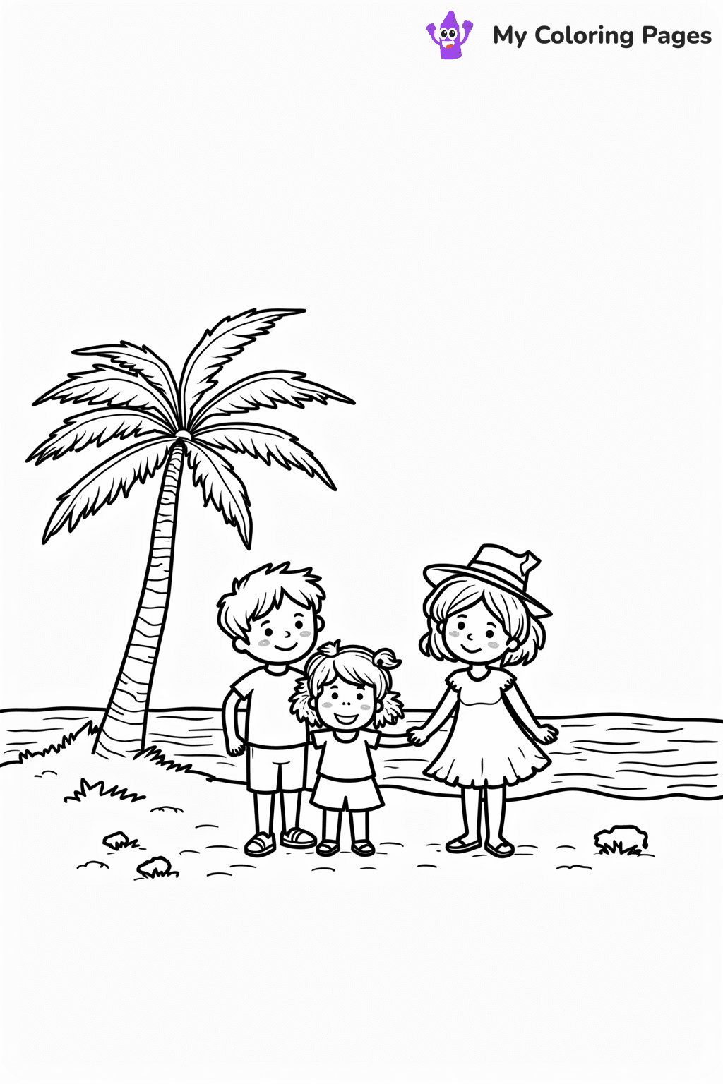 Generate a high-quality black-and-white coloring page line drawing for children ages 3-10.
REQUIREMENTS:
- Pure black lines (#000000) on white background (#FFFFFF)
- No grayscale, shading, gradients, or fills
- Smooth, bold, continuous lines (2-4px thickness)
- Fully closed shapes with no gaps
- Complete character with 2 arms, 2 hands, 2 legs, 2 feet
- Hands with 3-5 fingers, proper feet
- Child-appropriate, friendly appearance
- Clean, simple background elements
- No text, watermarks, or decorative overlays
STYLE: Clean cartoon line art suitable for coloring.
SPECIFIC REQUEST: Family enjoying on a tropical beach
STYLE: simple and clean line art