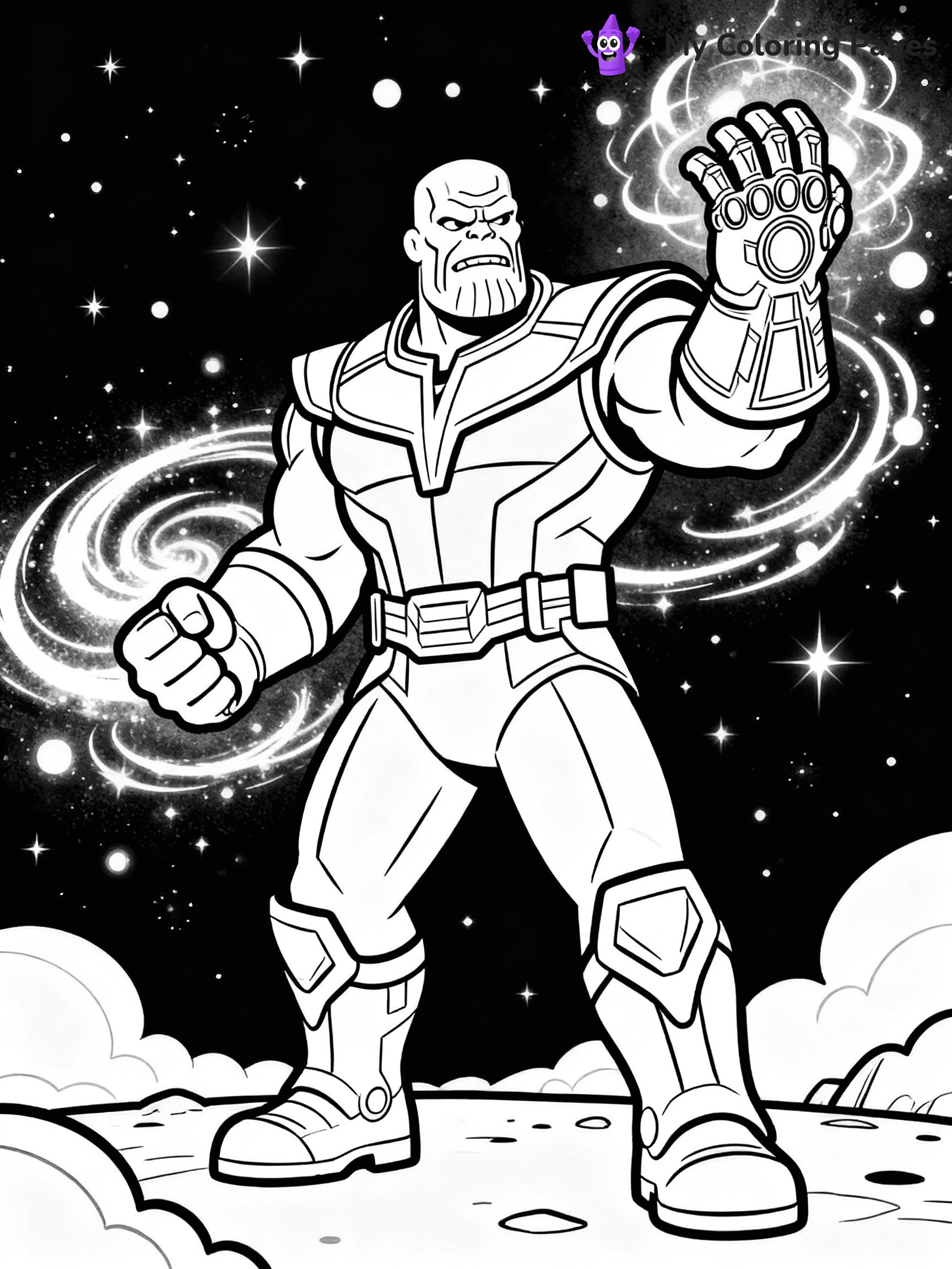 ⚠️ CRITICAL REQUIREMENT - ABSOLUTE BLACK AND WHITE ONLY ⚠️
This MUST be a BLACK AND WHITE line drawing ONLY. NO COLORS whatsoever.
- ONLY pure black lines (#000000) on pure white background (#FFFFFF)
- ABSOLUTELY NO colors, NO shading, NO gradients, NO grayscale
- If there are ANY colors in the output, the image is REJECTED
- This is a COLORING PAGE - meant to be COLORED IN by children
- The output must be UNCOLORED line art ready for coloring
⚠️ SUBJECT TO DRAW: Thanos from Avengers in Marvel comic style, wielding Infinity Gauntlet, menacing stance, cosmic energy swirling around
(REMEMBER: Output must be BLACK AND WHITE line art only, NOT colored!)
# COLORING PAGE: BLACK OUTLINES ONLY - WHITE BACKGROUND MANDATORY
Create a **coloring book page** using EXACTLY two values: black lines, white space.
## NON-NEGOTIABLE BINARY RULES
- **ONLY #000000 (black) and #FFFFFF (white)** - NO other values exist
- **EVERY PIXEL = BLACK OR WHITE** - no gray/shading/antialiasing
- **WHITE BACKGROUND MANDATORY** - entire canvas stays white
- **ALL SHAPES HOLLOW** - everything is empty outlines waiting to be colored
- **FORBIDDEN:** fills, shading, gradients, patterns, textures, colors
- **NO SOLID REGIONS** - if it's not a thin line, it's wrong
## Universal Line Standards
- Black outlines ONLY - thin, uniform weight
- Every shape completely empty inside
- Closed contours suitable for coloring
- Simple flat illustration - zero depth/3D/realism
- **Style:** Whimsical Doodle Art Alley - rounded, friendly outlines (unless specified)
## Everything = Outline Only
- Characters/animals: hollow shapes
- Objects/clothing: empty contours
- Backgrounds/scenery: line work only
- Natural elements: outlined forms
- Dark/night areas: don't exist (use outlined symbols)
- Textures/patterns: convert to simple lines
## The Test
Can a child color EVERY white space with crayons? If any area is pre-filled/shaded/gray or colored in, it FAILS. Every shape must be waiting to receive color.
**FINAL OUTPUT**: Binary coloring page. Black lines define shapes. White spaces ready for coloring. Nothing else exists. No exceptions. Print-ready.
⚠️ FINAL REMINDER: Draw the subject "Thanos from Avengers in Marvel comic style, wielding Infinity Gauntlet, menacing stance, cosmic energy swirling around" as BLACK AND WHITE line art. Zero colors in output.