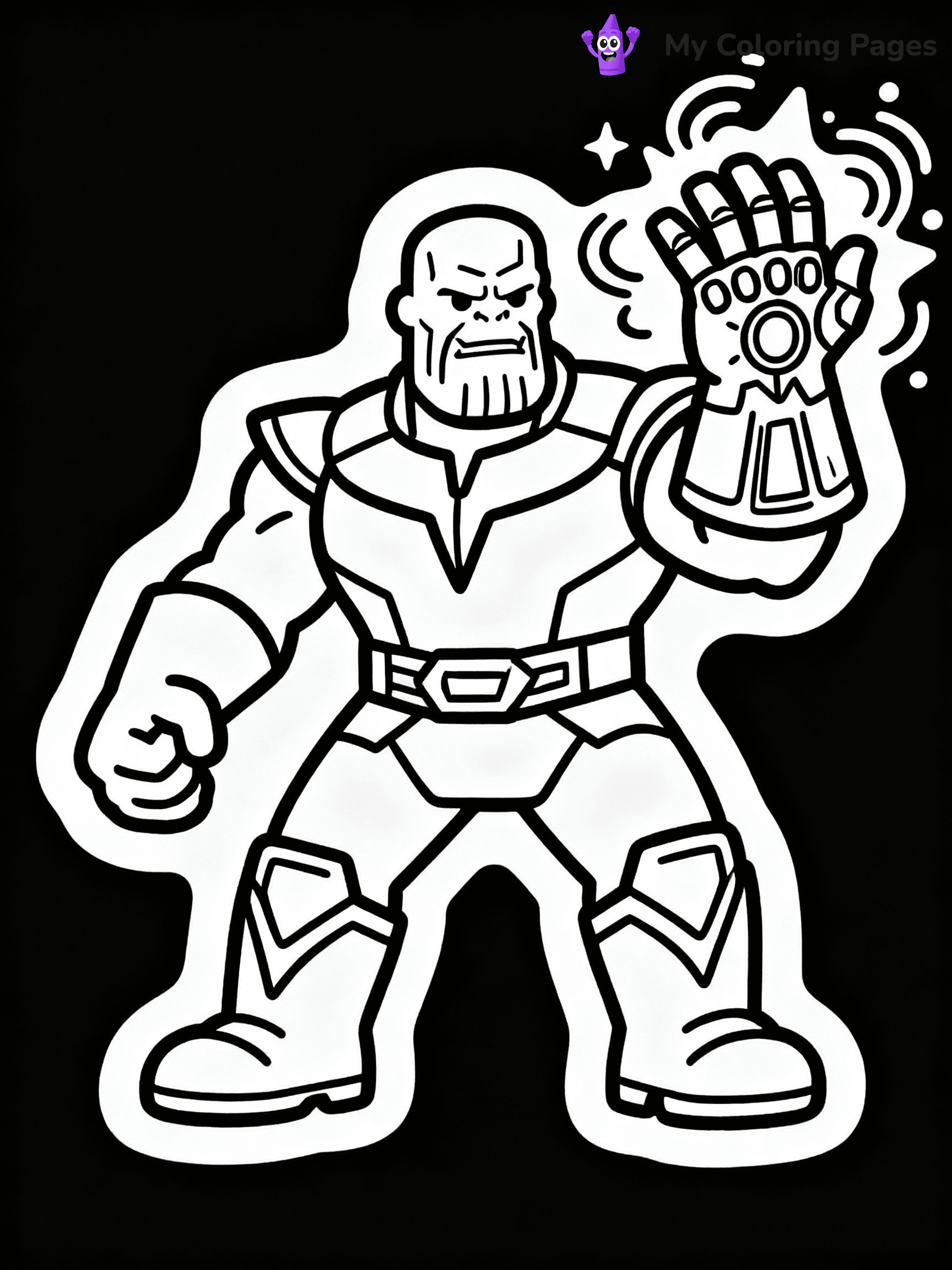 ⚠️ CRITICAL REQUIREMENT - ABSOLUTE BLACK AND WHITE ONLY ⚠️
This MUST be a BLACK AND WHITE line drawing ONLY. NO COLORS whatsoever.
- ONLY pure black lines (#000000) on pure white background (#FFFFFF)
- ABSOLUTELY NO colors, NO shading, NO gradients, NO grayscale
- If there are ANY colors in the output, the image is REJECTED
- This is a COLORING PAGE - meant to be COLORED IN by children
- The output must be UNCOLORED line art ready for coloring
⚠️ SUBJECT TO DRAW: Thanos from Avengers in Marvel comic style, wielding Infinity Gauntlet, menacing stance, cosmic energy swirling around
(REMEMBER: Output must be BLACK AND WHITE line art only, NOT colored!)
# COLORING PAGE: BLACK OUTLINES ONLY - WHITE BACKGROUND MANDATORY
Create a **coloring book page** using EXACTLY two values: black lines, white space.
## NON-NEGOTIABLE BINARY RULES
- **ONLY #000000 (black) and #FFFFFF (white)** - NO other values exist
- **EVERY PIXEL = BLACK OR WHITE** - no gray/shading/antialiasing
- **WHITE BACKGROUND MANDATORY** - entire canvas stays white
- **ALL SHAPES HOLLOW** - everything is empty outlines waiting to be colored
- **FORBIDDEN:** fills, shading, gradients, patterns, textures, colors
- **NO SOLID REGIONS** - if it's not a thin line, it's wrong
## Universal Line Standards
- Black outlines ONLY - thin, uniform weight
- Every shape completely empty inside
- Closed contours suitable for coloring
- Simple flat illustration - zero depth/3D/realism
- **Style:** Whimsical Doodle Art Alley - rounded, friendly outlines (unless specified)
## Everything = Outline Only
- Characters/animals: hollow shapes
- Objects/clothing: empty contours
- Backgrounds/scenery: line work only
- Natural elements: outlined forms
- Dark/night areas: don't exist (use outlined symbols)
- Textures/patterns: convert to simple lines
## The Test
Can a child color EVERY white space with crayons? If any area is pre-filled/shaded/gray or colored in, it FAILS. Every shape must be waiting to receive color.
**FINAL OUTPUT**: Binary coloring page. Black lines define shapes. White spaces ready for coloring. Nothing else exists. No exceptions. Print-ready.
⚠️ FINAL REMINDER: Draw the subject "Thanos from Avengers in Marvel comic style, wielding Infinity Gauntlet, menacing stance, cosmic energy swirling around" as BLACK AND WHITE line art. Zero colors in output.