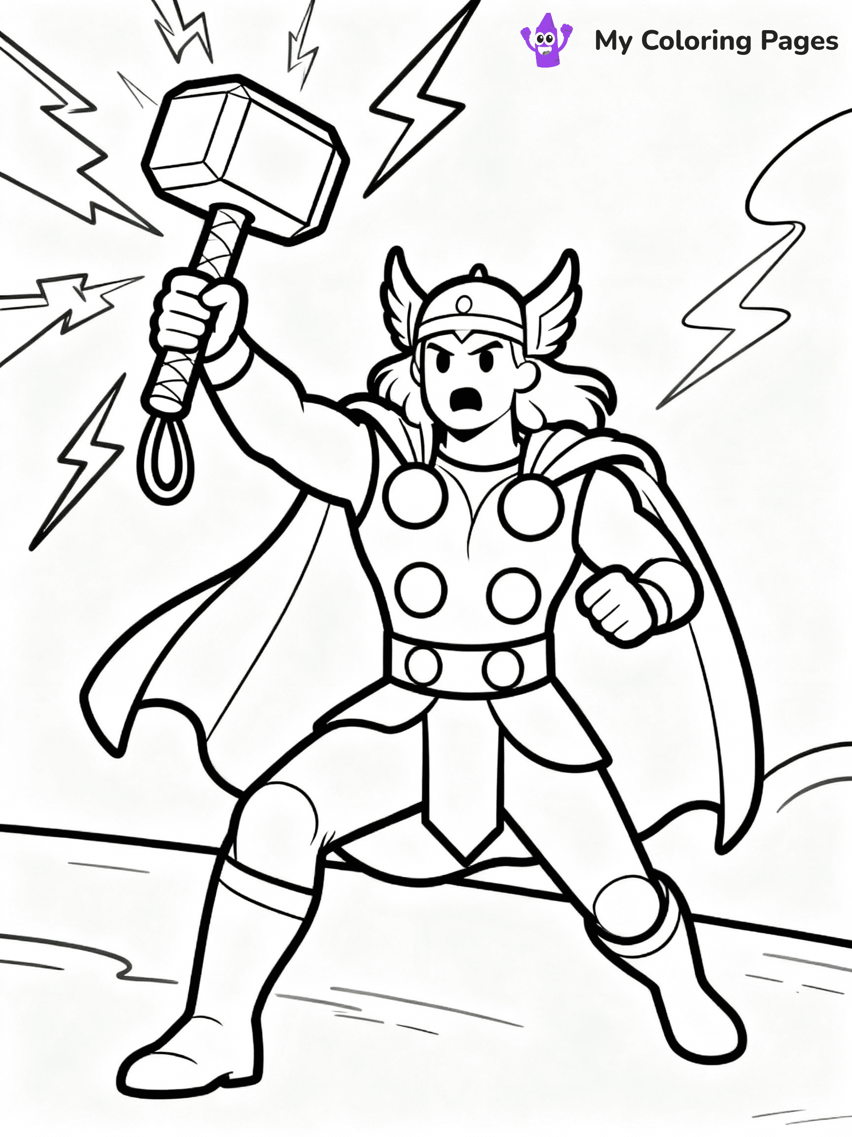 ⚠️ CRITICAL REQUIREMENT - ABSOLUTE BLACK AND WHITE ONLY ⚠️
This MUST be a BLACK AND WHITE line drawing ONLY. NO COLORS whatsoever.
- ONLY pure black lines (#000000) on pure white background (#FFFFFF)
- ABSOLUTELY NO colors, NO shading, NO gradients, NO grayscale
- If there are ANY colors in the output, the image is REJECTED
- This is a COLORING PAGE - meant to be COLORED IN by children
- The output must be UNCOLORED line art ready for coloring
⚠️ SUBJECT TO DRAW: Thor from Avengers in Marvel comic style, swinging Mjolnir, lightning crackling, determined expression
(REMEMBER: Output must be BLACK AND WHITE line art only, NOT colored!)
# COLORING PAGE: BLACK OUTLINES ONLY - WHITE BACKGROUND MANDATORY
Create a **coloring book page** using EXACTLY two values: black lines, white space.
## NON-NEGOTIABLE BINARY RULES
- **ONLY #000000 (black) and #FFFFFF (white)** - NO other values exist
- **EVERY PIXEL = BLACK OR WHITE** - no gray/shading/antialiasing
- **WHITE BACKGROUND MANDATORY** - entire canvas stays white
- **ALL SHAPES HOLLOW** - everything is empty outlines waiting to be colored
- **FORBIDDEN:** fills, shading, gradients, patterns, textures, colors
- **NO SOLID REGIONS** - if it's not a thin line, it's wrong
## Universal Line Standards
- Black outlines ONLY - thin, uniform weight
- Every shape completely empty inside
- Closed contours suitable for coloring
- Simple flat illustration - zero depth/3D/realism
- **Style:** Whimsical Doodle Art Alley - rounded, friendly outlines (unless specified)
## Everything = Outline Only
- Characters/animals: hollow shapes
- Objects/clothing: empty contours
- Backgrounds/scenery: line work only
- Natural elements: outlined forms
- Dark/night areas: don't exist (use outlined symbols)
- Textures/patterns: convert to simple lines
## The Test
Can a child color EVERY white space with crayons? If any area is pre-filled/shaded/gray or colored in, it FAILS. Every shape must be waiting to receive color.
**FINAL OUTPUT**: Binary coloring page. Black lines define shapes. White spaces ready for coloring. Nothing else exists. No exceptions. Print-ready.
⚠️ FINAL REMINDER: Draw the subject "Thor from Avengers in Marvel comic style, swinging Mjolnir, lightning crackling, determined expression" as BLACK AND WHITE line art. Zero colors in output.