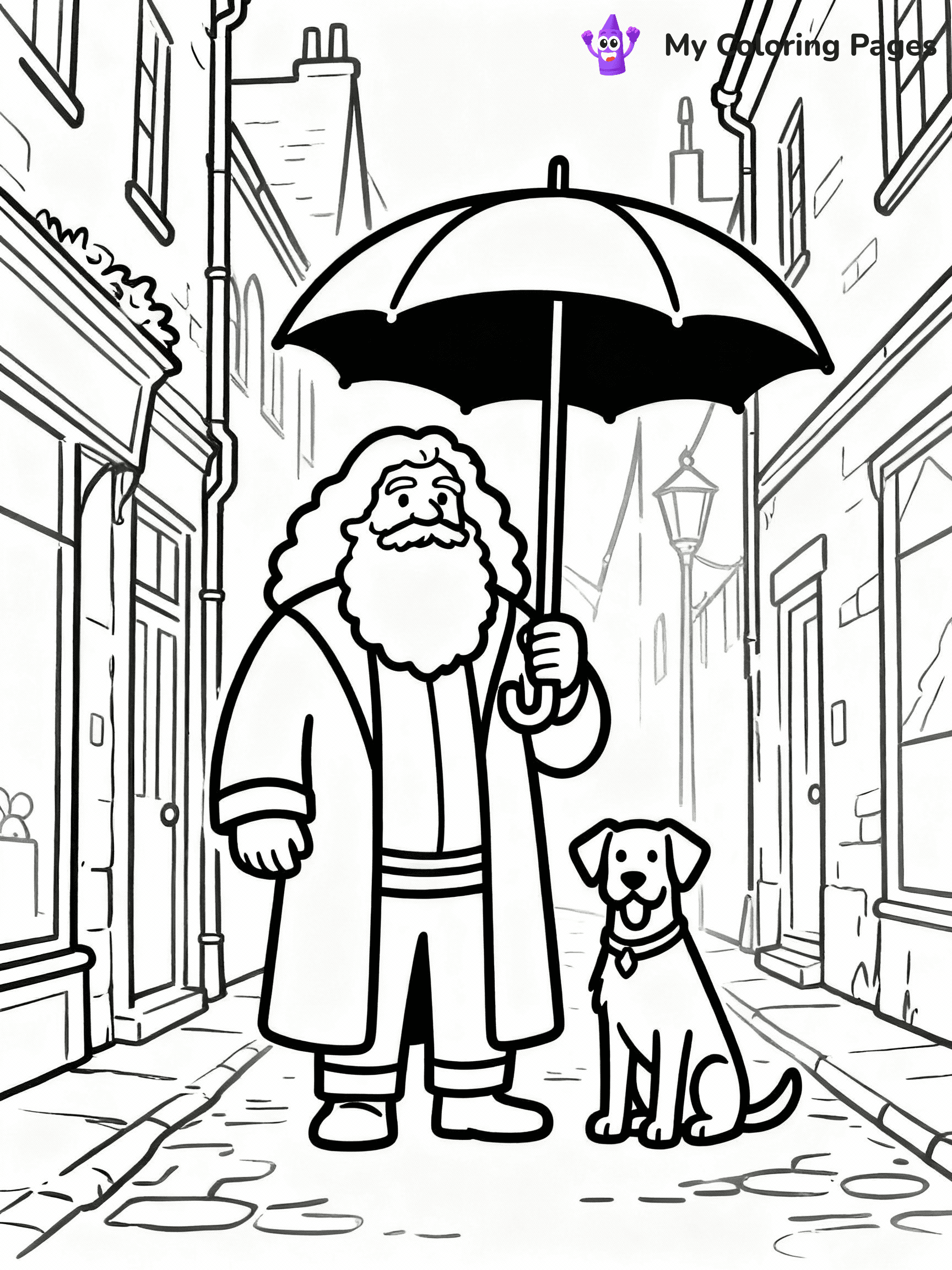 ⚠️ CRITICAL REQUIREMENT - ABSOLUTE BLACK AND WHITE ONLY ⚠️
This MUST be a BLACK AND WHITE line drawing ONLY. NO COLORS whatsoever.
- ONLY pure black lines (#000000) on pure white background (#FFFFFF)
- ABSOLUTELY NO colors, NO shading, NO gradients, NO grayscale
- If there are ANY colors in the output, the image is REJECTED
- This is a COLORING PAGE - meant to be COLORED IN by children
- The output must be UNCOLORED line art ready for coloring
⚠️ SUBJECT TO DRAW: Hagrid from Harry Potter in illustrated style, holding giant umbrella, standing next to Fang the dog
(REMEMBER: Output must be BLACK AND WHITE line art only, NOT colored!)
# COLORING PAGE: BLACK OUTLINES ONLY - WHITE BACKGROUND MANDATORY
Create a **coloring book page** using EXACTLY two values: black lines, white space.
## NON-NEGOTIABLE BINARY RULES
- **ONLY #000000 (black) and #FFFFFF (white)** - NO other values exist
- **EVERY PIXEL = BLACK OR WHITE** - no gray/shading/antialiasing
- **WHITE BACKGROUND MANDATORY** - entire canvas stays white
- **ALL SHAPES HOLLOW** - everything is empty outlines waiting to be colored
- **FORBIDDEN:** fills, shading, gradients, patterns, textures, colors
- **NO SOLID REGIONS** - if it's not a thin line, it's wrong
## Universal Line Standards
- Black outlines ONLY - thin, uniform weight
- Every shape completely empty inside
- Closed contours suitable for coloring
- Simple flat illustration - zero depth/3D/realism
- **Style:** Whimsical Doodle Art Alley - rounded, friendly outlines (unless specified)
## Everything = Outline Only
- Characters/animals: hollow shapes
- Objects/clothing: empty contours
- Backgrounds/scenery: line work only
- Natural elements: outlined forms
- Dark/night areas: don't exist (use outlined symbols)
- Textures/patterns: convert to simple lines
## The Test
Can a child color EVERY white space with crayons? If any area is pre-filled/shaded/gray or colored in, it FAILS. Every shape must be waiting to receive color.
**FINAL OUTPUT**: Binary coloring page. Black lines define shapes. White spaces ready for coloring. Nothing else exists. No exceptions. Print-ready.
⚠️ FINAL REMINDER: Draw the subject "Hagrid from Harry Potter in illustrated style, holding giant umbrella, standing next to Fang the dog" as BLACK AND WHITE line art. Zero colors in output.