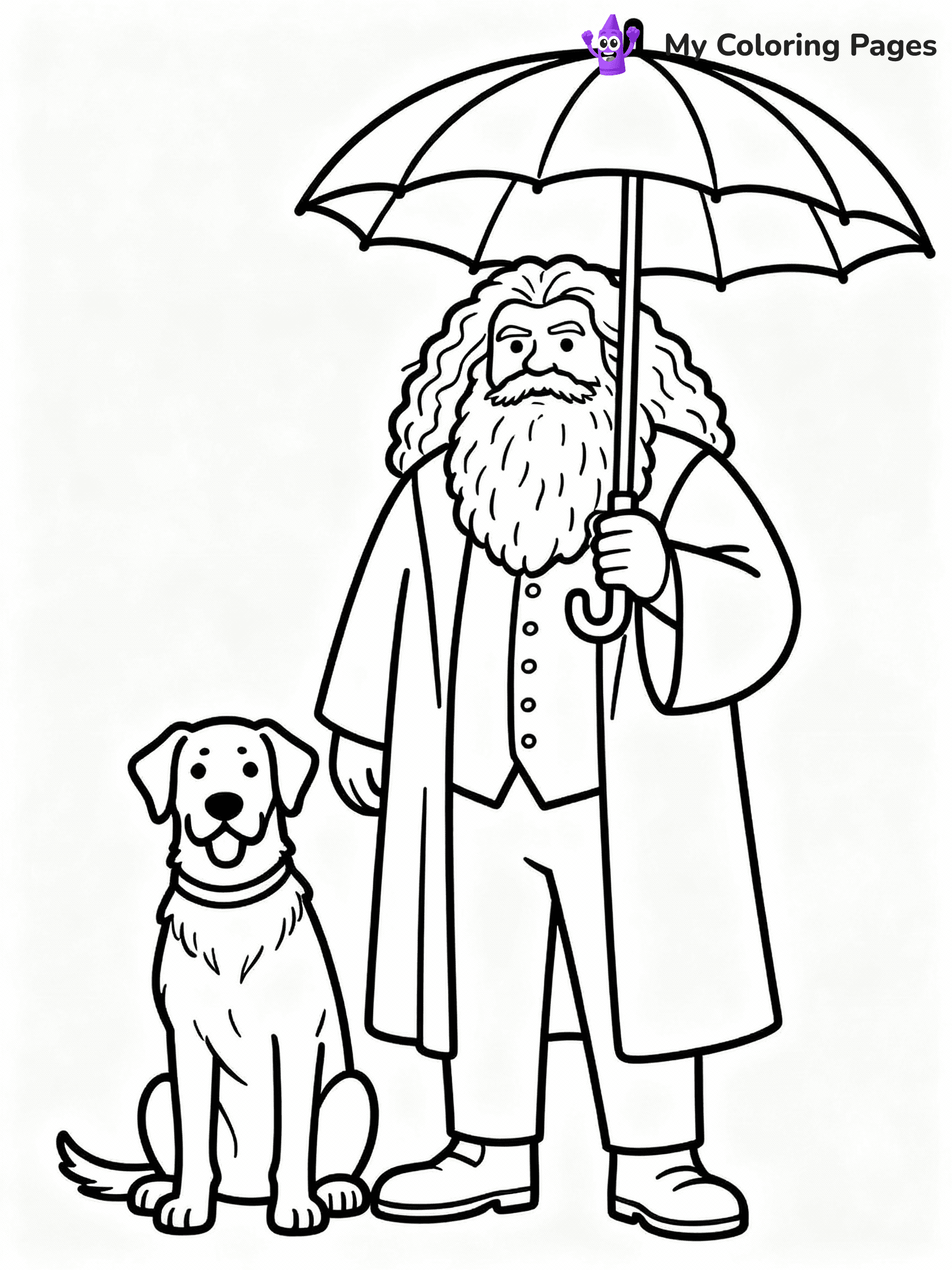 ⚠️ CRITICAL REQUIREMENT - ABSOLUTE BLACK AND WHITE ONLY ⚠️
This MUST be a BLACK AND WHITE line drawing ONLY. NO COLORS whatsoever.
- ONLY pure black lines (#000000) on pure white background (#FFFFFF)
- ABSOLUTELY NO colors, NO shading, NO gradients, NO grayscale
- If there are ANY colors in the output, the image is REJECTED
- This is a COLORING PAGE - meant to be COLORED IN by children
- The output must be UNCOLORED line art ready for coloring
⚠️ SUBJECT TO DRAW: Hagrid from Harry Potter in illustrated style, holding giant umbrella, standing next to Fang the dog
(REMEMBER: Output must be BLACK AND WHITE line art only, NOT colored!)
# COLORING PAGE: BLACK OUTLINES ONLY - WHITE BACKGROUND MANDATORY
Create a **coloring book page** using EXACTLY two values: black lines, white space.
## NON-NEGOTIABLE BINARY RULES
- **ONLY #000000 (black) and #FFFFFF (white)** - NO other values exist
- **EVERY PIXEL = BLACK OR WHITE** - no gray/shading/antialiasing
- **WHITE BACKGROUND MANDATORY** - entire canvas stays white
- **ALL SHAPES HOLLOW** - everything is empty outlines waiting to be colored
- **FORBIDDEN:** fills, shading, gradients, patterns, textures, colors
- **NO SOLID REGIONS** - if it's not a thin line, it's wrong
## Universal Line Standards
- Black outlines ONLY - thin, uniform weight
- Every shape completely empty inside
- Closed contours suitable for coloring
- Simple flat illustration - zero depth/3D/realism
- **Style:** Whimsical Doodle Art Alley - rounded, friendly outlines (unless specified)
## Everything = Outline Only
- Characters/animals: hollow shapes
- Objects/clothing: empty contours
- Backgrounds/scenery: line work only
- Natural elements: outlined forms
- Dark/night areas: don't exist (use outlined symbols)
- Textures/patterns: convert to simple lines
## The Test
Can a child color EVERY white space with crayons? If any area is pre-filled/shaded/gray or colored in, it FAILS. Every shape must be waiting to receive color.
**FINAL OUTPUT**: Binary coloring page. Black lines define shapes. White spaces ready for coloring. Nothing else exists. No exceptions. Print-ready.
⚠️ FINAL REMINDER: Draw the subject "Hagrid from Harry Potter in illustrated style, holding giant umbrella, standing next to Fang the dog" as BLACK AND WHITE line art. Zero colors in output.