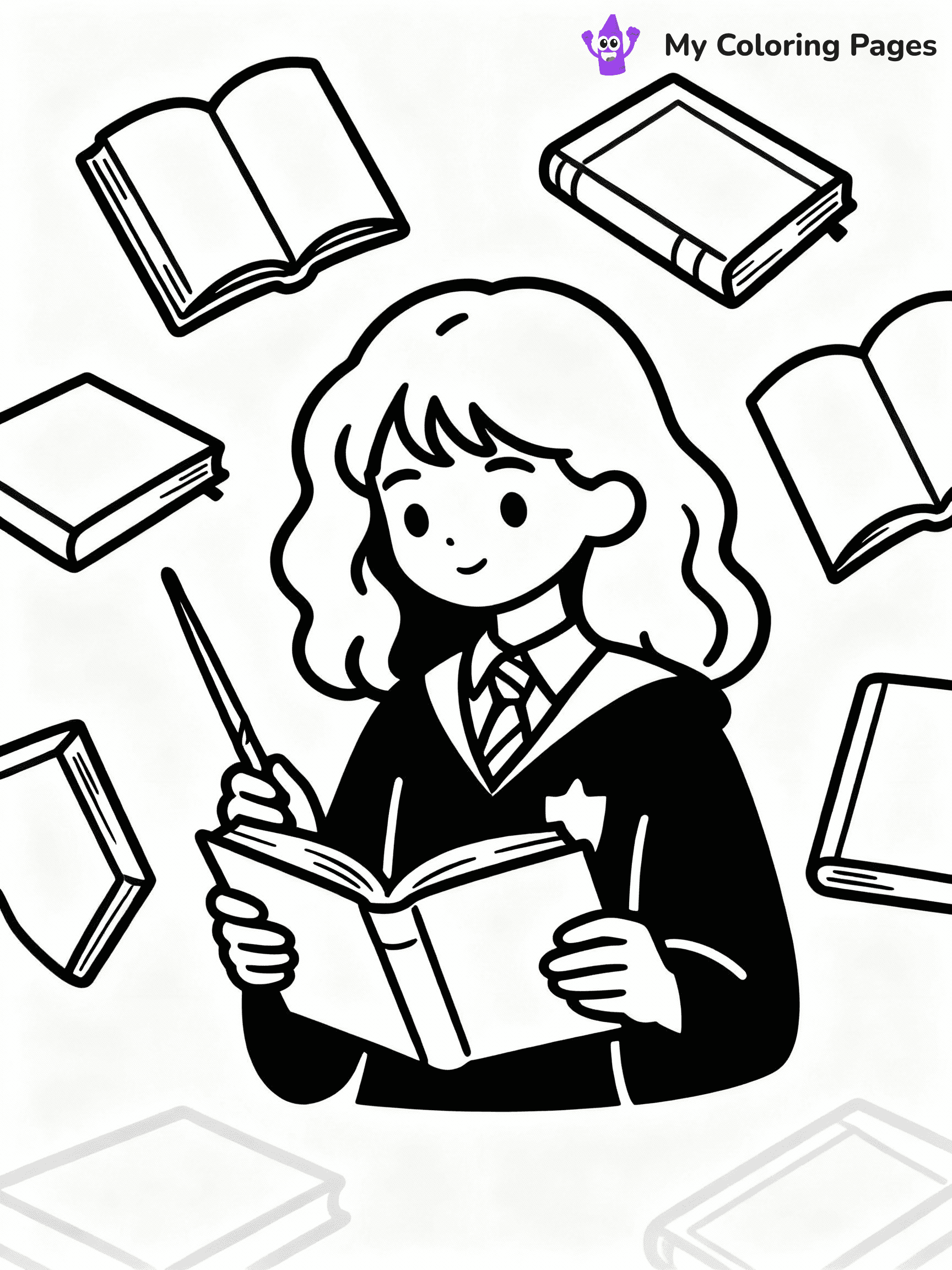 ⚠️ CRITICAL REQUIREMENT - ABSOLUTE BLACK AND WHITE ONLY ⚠️
This MUST be a BLACK AND WHITE line drawing ONLY. NO COLORS whatsoever.
- ONLY pure black lines (#000000) on pure white background (#FFFFFF)
- ABSOLUTELY NO colors, NO shading, NO gradients, NO grayscale
- If there are ANY colors in the output, the image is REJECTED
- This is a COLORING PAGE - meant to be COLORED IN by children
- The output must be UNCOLORED line art ready for coloring
⚠️ SUBJECT TO DRAW: Hermione Granger from Harry Potter in illustrated style, reading a book, wand in hand, surrounded by floating books
(REMEMBER: Output must be BLACK AND WHITE line art only, NOT colored!)
# COLORING PAGE: BLACK OUTLINES ONLY - WHITE BACKGROUND MANDATORY
Create a **coloring book page** using EXACTLY two values: black lines, white space.
## NON-NEGOTIABLE BINARY RULES
- **ONLY #000000 (black) and #FFFFFF (white)** - NO other values exist
- **EVERY PIXEL = BLACK OR WHITE** - no gray/shading/antialiasing
- **WHITE BACKGROUND MANDATORY** - entire canvas stays white
- **ALL SHAPES HOLLOW** - everything is empty outlines waiting to be colored
- **FORBIDDEN:** fills, shading, gradients, patterns, textures, colors
- **NO SOLID REGIONS** - if it's not a thin line, it's wrong
## Universal Line Standards
- Black outlines ONLY - thin, uniform weight
- Every shape completely empty inside
- Closed contours suitable for coloring
- Simple flat illustration - zero depth/3D/realism
- **Style:** Whimsical Doodle Art Alley - rounded, friendly outlines (unless specified)
## Everything = Outline Only
- Characters/animals: hollow shapes
- Objects/clothing: empty contours
- Backgrounds/scenery: line work only
- Natural elements: outlined forms
- Dark/night areas: don't exist (use outlined symbols)
- Textures/patterns: convert to simple lines
## The Test
Can a child color EVERY white space with crayons? If any area is pre-filled/shaded/gray or colored in, it FAILS. Every shape must be waiting to receive color.
**FINAL OUTPUT**: Binary coloring page. Black lines define shapes. White spaces ready for coloring. Nothing else exists. No exceptions. Print-ready.
⚠️ FINAL REMINDER: Draw the subject "Hermione Granger from Harry Potter in illustrated style, reading a book, wand in hand, surrounded by floating books" as BLACK AND WHITE line art. Zero colors in output.