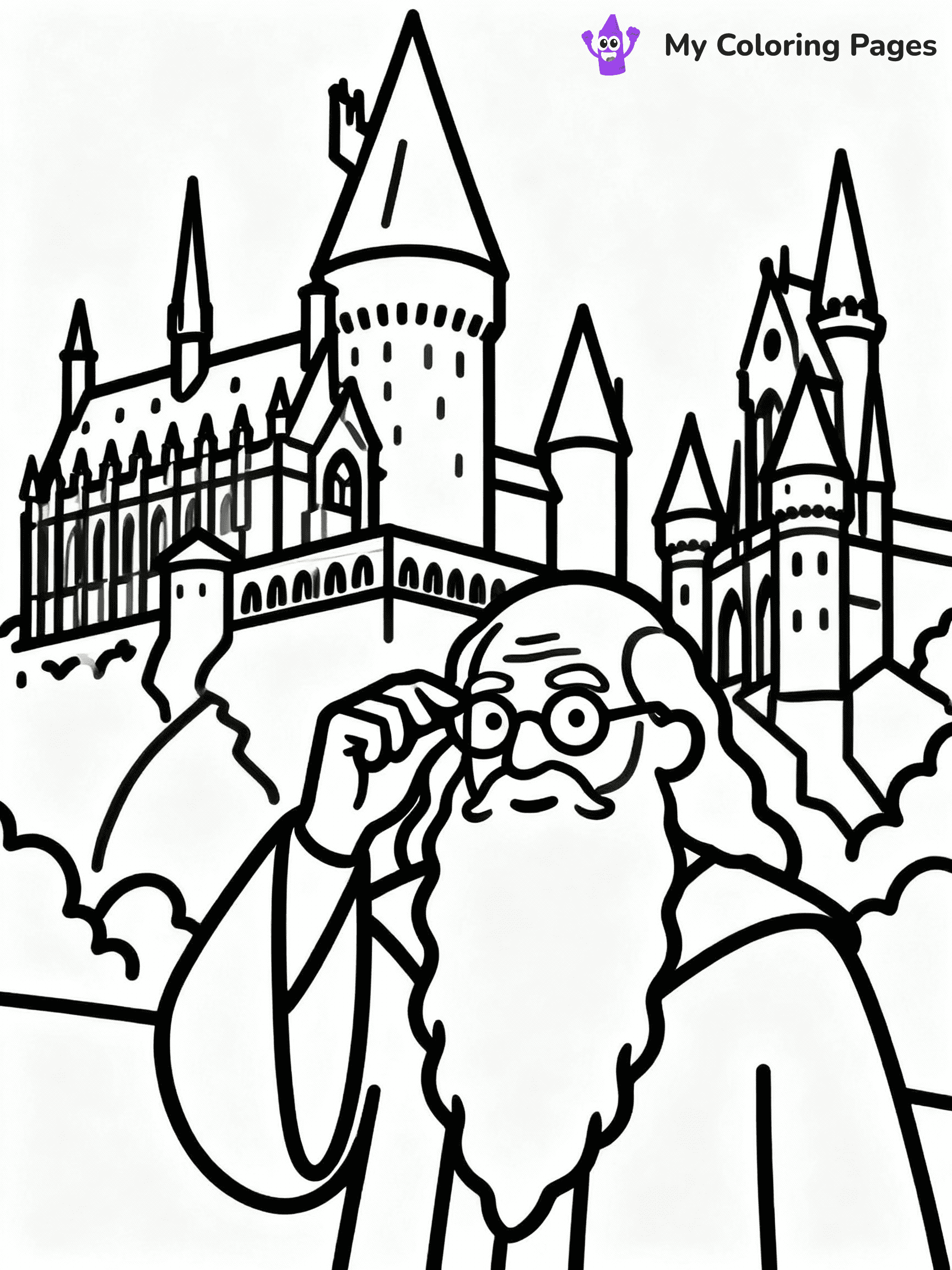 ⚠️ CRITICAL REQUIREMENT - ABSOLUTE BLACK AND WHITE ONLY ⚠️
This MUST be a BLACK AND WHITE line drawing ONLY. NO COLORS whatsoever.
- ONLY pure black lines (#000000) on pure white background (#FFFFFF)
- ABSOLUTELY NO colors, NO shading, NO gradients, NO grayscale
- If there are ANY colors in the output, the image is REJECTED
- This is a COLORING PAGE - meant to be COLORED IN by children
- The output must be UNCOLORED line art ready for coloring
⚠️ SUBJECT TO DRAW: Dumbledore from Harry Potter, adjusting spectacles, standing in front of Hogwarts, long beard flowing
(REMEMBER: Output must be BLACK AND WHITE line art only, NOT colored!)
# COLORING PAGE: BLACK OUTLINES ONLY - WHITE BACKGROUND MANDATORY
Create a **coloring book page** using EXACTLY two values: black lines, white space.
## NON-NEGOTIABLE BINARY RULES
- **ONLY #000000 (black) and #FFFFFF (white)** - NO other values exist
- **EVERY PIXEL = BLACK OR WHITE** - no gray/shading/antialiasing
- **WHITE BACKGROUND MANDATORY** - entire canvas stays white
- **ALL SHAPES HOLLOW** - everything is empty outlines waiting to be colored
- **FORBIDDEN:** fills, shading, gradients, patterns, textures, colors
- **NO SOLID REGIONS** - if it's not a thin line, it's wrong
## Universal Line Standards
- Black outlines ONLY - thin, uniform weight
- Every shape completely empty inside
- Closed contours suitable for coloring
- Simple flat illustration - zero depth/3D/realism
- **Style:** Whimsical Doodle Art Alley - rounded, friendly outlines (unless specified)
## Everything = Outline Only
- Characters/animals: hollow shapes
- Objects/clothing: empty contours
- Backgrounds/scenery: line work only
- Natural elements: outlined forms
- Dark/night areas: don't exist (use outlined symbols)
- Textures/patterns: convert to simple lines
## The Test
Can a child color EVERY white space with crayons? If any area is pre-filled/shaded/gray or colored in, it FAILS. Every shape must be waiting to receive color.
**FINAL OUTPUT**: Binary coloring page. Black lines define shapes. White spaces ready for coloring. Nothing else exists. No exceptions. Print-ready.
⚠️ FINAL REMINDER: Draw the subject "Dumbledore from Harry Potter, adjusting spectacles, standing in front of Hogwarts, long beard flowing" as BLACK AND WHITE line art. Zero colors in output.