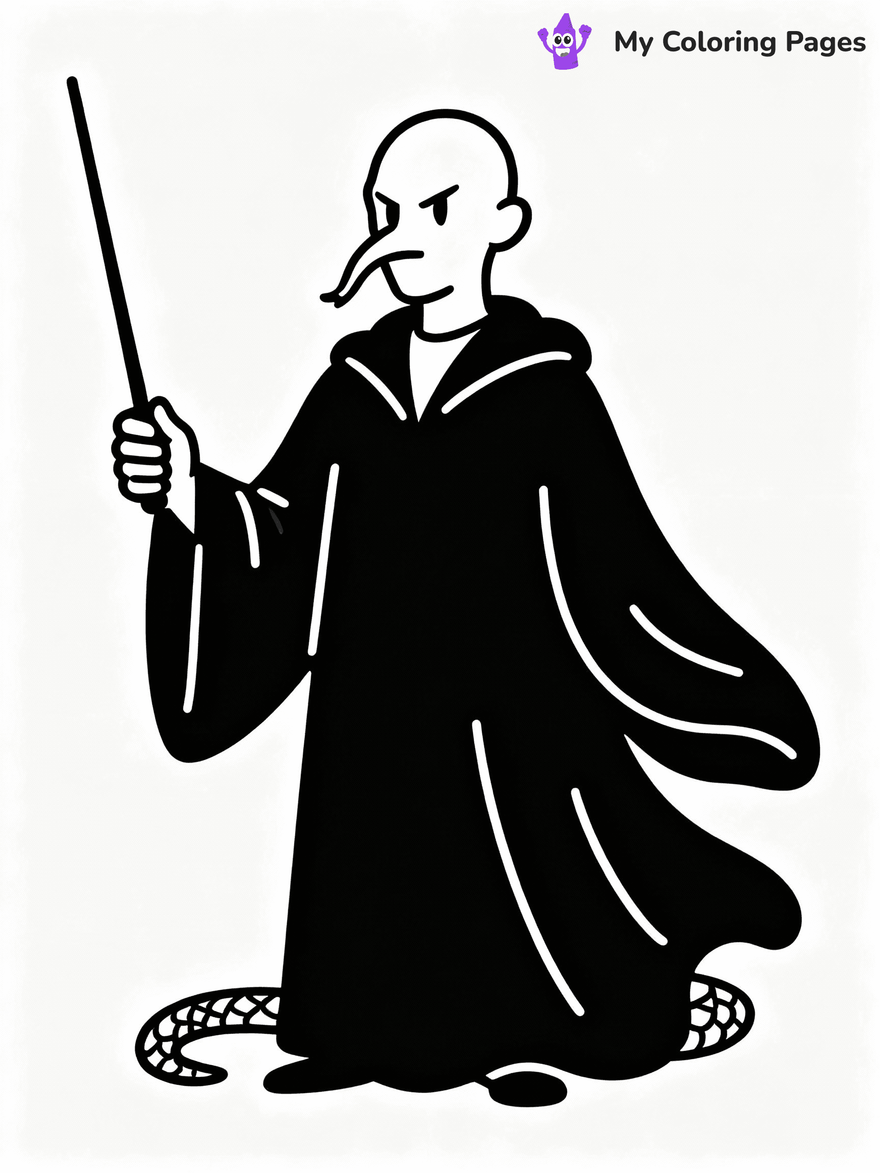 ⚠️ CRITICAL REQUIREMENT - ABSOLUTE BLACK AND WHITE ONLY ⚠️
This MUST be a BLACK AND WHITE line drawing ONLY. NO COLORS whatsoever.
- ONLY pure black lines (#000000) on pure white background (#FFFFFF)
- ABSOLUTELY NO colors, NO shading, NO gradients, NO grayscale
- If there are ANY colors in the output, the image is REJECTED
- This is a COLORING PAGE - meant to be COLORED IN by children
- The output must be UNCOLORED line art ready for coloring
⚠️ SUBJECT TO DRAW: Voldemort from Harry Potter in illustrated style, casting a spell, snake-like features, wand raised, dark robes billowing
(REMEMBER: Output must be BLACK AND WHITE line art only, NOT colored!)
# COLORING PAGE: BLACK OUTLINES ONLY - WHITE BACKGROUND MANDATORY
Create a **coloring book page** using EXACTLY two values: black lines, white space.
## NON-NEGOTIABLE BINARY RULES
- **ONLY #000000 (black) and #FFFFFF (white)** - NO other values exist
- **EVERY PIXEL = BLACK OR WHITE** - no gray/shading/antialiasing
- **WHITE BACKGROUND MANDATORY** - entire canvas stays white
- **ALL SHAPES HOLLOW** - everything is empty outlines waiting to be colored
- **FORBIDDEN:** fills, shading, gradients, patterns, textures, colors
- **NO SOLID REGIONS** - if it's not a thin line, it's wrong
## Universal Line Standards
- Black outlines ONLY - thin, uniform weight
- Every shape completely empty inside
- Closed contours suitable for coloring
- Simple flat illustration - zero depth/3D/realism
- **Style:** Whimsical Doodle Art Alley - rounded, friendly outlines (unless specified)
## Everything = Outline Only
- Characters/animals: hollow shapes
- Objects/clothing: empty contours
- Backgrounds/scenery: line work only
- Natural elements: outlined forms
- Dark/night areas: don't exist (use outlined symbols)
- Textures/patterns: convert to simple lines
## The Test
Can a child color EVERY white space with crayons? If any area is pre-filled/shaded/gray or colored in, it FAILS. Every shape must be waiting to receive color.
**FINAL OUTPUT**: Binary coloring page. Black lines define shapes. White spaces ready for coloring. Nothing else exists. No exceptions. Print-ready.
⚠️ FINAL REMINDER: Draw the subject "Voldemort from Harry Potter in illustrated style, casting a spell, snake-like features, wand raised, dark robes billowing" as BLACK AND WHITE line art. Zero colors in output.